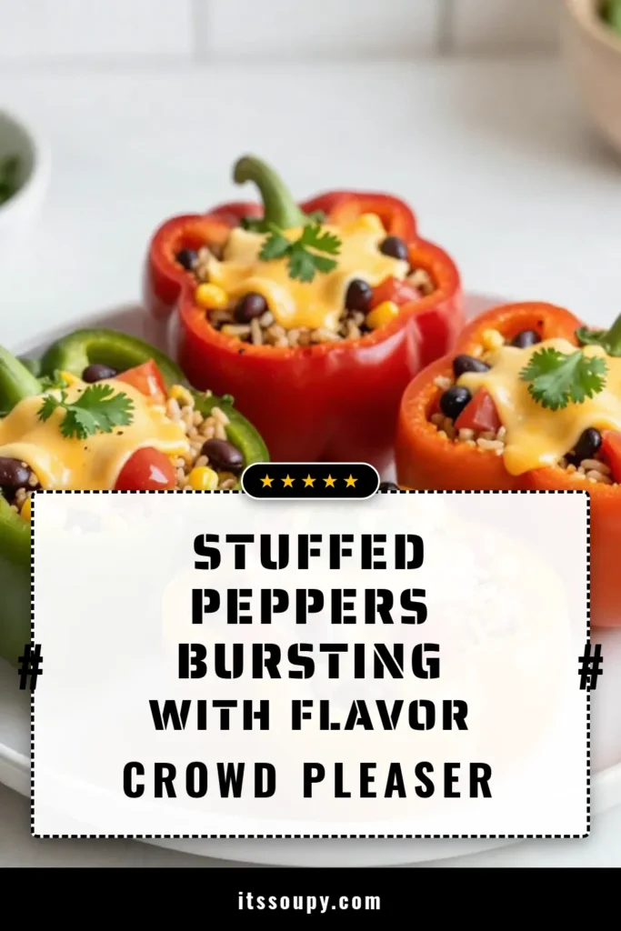 Discover the vibrant flavors of veggie stuffed bell peppers with this healthy bell pepper recipe! These vegetarian stuffed peppers are filled with a delicious mix of brown rice, black beans, corn, and spices, topped with melted cheese for a colorful bell pepper dish that's perfect for any meal. Easy to make and packed with nutrients, these baked stuffed peppers will become a go-to favorite. Try this recipe today and save for later! #StuffedPeppers #HealthyRecipes #VegetarianMeals #BellPepperDish