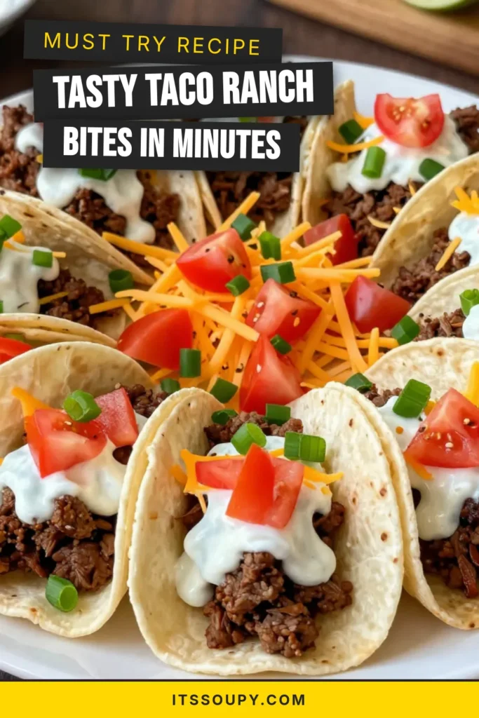 Discover the ultimate crowd-pleaser with these Taco Ranch Bites! Perfect for parties, these easy taco appetizers combine seasoned ground beef with delicious ranch dressing and fresh toppings in mini taco shells. This ground beef taco recipe is quick to make and sure to delight everyone. Try this ranch dressing snack at your next gathering and watch it disappear! Save this tasty mini taco shells recipe for your next event! #TacoRanchBites #EasyTacoAppetizers #RanchDressingSnacks #MiniTacoShellsRecipe