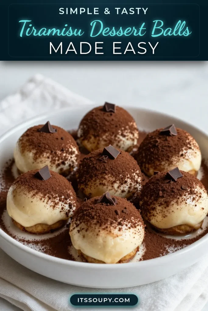 Indulge in these delightful Tiramisu dessert balls—a must-try for coffee and chocolate lovers! This easy tiramisu recipe transforms traditional flavors into no-bake tiramisu bites that are perfect for any occasion. Made with creamy mascarpone, crushed ladyfingers, and rich cocoa, these chocolate coffee dessert balls are not only delicious but also simple to make. Save this recipe and enjoy a sweet treat today! #TiramisuDessertBalls #NoBakeDessert #Mascarpone #ChocolateDesserts