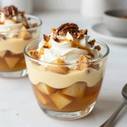 To make a delicious caramel apple trifle, gather these simple ingredients: - 4 large apples (peeled, cored, diced) - 1 cup caramel sauce (store-bought or homemade) - 1 teaspoon cinnamon - 1 tablespoon lemon juice - 1 ½ cups whipped cream (store-bought or homemade) - 1 cup vanilla pudding (instant or cooked) - 1 cup crushed graham crackers - ¼ cup chopped pecans or walnuts (optional) - Additional caramel sauce for drizzling These ingredients come together to create layers of flavor and texture. The apples bring a fresh crunch, while the caramel sauce adds sweetness. The cinnamon and lemon juice help to brighten the apple flavor and keep them from browning. Whipped cream and vanilla pudding make this dessert rich and creamy. The crushed graham crackers add a delightful crunch. If you like, sprinkle some chopped nuts on top for an extra layer of taste and texture. Feel free to choose between store-bought or homemade ingredients based on your preferences. Each option offers a unique twist. This trifle showcases seasonal flavors, making it a perfect treat for gatherings and celebrations. {{ingredient_image_1}} - First, peel, core, and dice 4 large apples. - Toss the apples in a bowl with 1 tablespoon of lemon juice and 1 teaspoon of cinnamon. This helps stop browning and adds flavor. - Next, heat a saucepan over medium heat. Pour in 1 cup of caramel sauce and add the apple mixture. - Cook for 5-7 minutes. Stir often until the apples are soft but still hold their shape. Remove from heat and let cool. - Grab a large trifle bowl or some clear cups for serving. Start by adding a layer of crushed graham crackers at the bottom. - Spoon the warm caramel apple mixture over the graham crackers. This will soak in and add taste. - Next, add a layer of vanilla pudding on top. You can use instant or cooked pudding. - After that, add a layer of whipped cream. You can use store-bought or homemade. - Repeat these layers: graham crackers, apples, pudding, and whipped cream. Keep going until you fill your bowl or cups. Finish with whipped cream on top. - For a nice crunch, sprinkle chopped pecans or walnuts on the top layer of whipped cream. This is optional but tasty. - Drizzle some extra caramel sauce over the top. This adds sweetness and looks great. - Finally, chill the trifle in the fridge for at least 30 minutes. This lets all the flavors mix well before serving. Using clear glass bowls makes your trifle look stunning. You can see all the yummy layers! For a fun touch, add a sprinkle of cinnamon or a slice of apple on top. This adds color and flavor. To avoid mushy apples, cook them just until they are tender. You want them soft, but still crunchy. For a rich taste, try making homemade caramel sauce. It is simple and adds a special touch to your trifle. You can use store-bought whipped cream for ease. But homemade whipped cream tastes fresher and creamier. If you want a non-dairy option, try coconut cream or almond whipped topping. These substitutes work well and keep your trifle delicious. Pro Tips Choose the Right Apples: For the best flavor and texture, use a mix of sweet and tart apples, such as Granny Smith and Honeycrisp. Make Your Own Caramel Sauce: Homemade caramel sauce can elevate your trifle. It's easy to make and tastes infinitely better than store-bought. Layer Strategically: Be mindful of layering the ingredients. Starting with graham crackers creates a sturdy base and prevents sogginess. Chill for Maximum Flavor: Allow the trifle to chill for at least 30 minutes before serving. This helps the flavors meld and enhances the overall taste. {{image_2}} You can make your caramel apple trifle even more exciting. One great idea is to add chocolate or butterscotch puddings. These flavors mix well with the caramel and apples. You can also try different nut toppings. Chopped pecans or walnuts add a nice crunch. You can even mix in some almonds for a unique twist. If you have dietary needs, don't worry! You can create gluten-free options. Use alternative crackers, like gluten-free graham crackers. For those watching sugar, you can make low-sugar variations. Just swap regular sugar with your favorite sugar substitute. This way, everyone can enjoy this tasty dessert. You can change the fruit based on the season. Try using pears or pumpkin in the trifle. These fruits can add a new flavor profile. You can also make holiday-themed adaptations. Add warm spices like nutmeg or cloves for a festive touch. You can even decorate with seasonal items to make it extra special. To keep your Caramel Apple Trifle fresh, store it in the fridge. Use an airtight container for best results. If you use a bowl, cover it tightly with plastic wrap. This way, the whipped cream stays fluffy. Avoid exposing it to air, as it can dry out. You can freeze Caramel Apple Trifle, but it may change the texture. If you choose to freeze it, layer the trifle without whipped cream. This helps maintain its quality. To thaw, place it in the fridge for a few hours. Serve it cold for the best taste. Refrigerated leftovers last about 3 days. Check for signs of spoilage, like an off smell or watery texture. If you see any changes, it’s best to throw it out. Always trust your senses to ensure safety. Enjoy this delightful treat while it’s fresh! The best apples for this trifle are tart and crisp. I recommend using Granny Smith apples. They hold their shape well and add a nice tang. Other good choices are Honeycrisp and Fuji apples. These apples create a great balance with the sweet caramel sauce. Their texture stays firm, giving each bite a delightful crunch. Yes, you can make this trifle ahead of time. Prepare the apple filling and layers in advance. Store the apple mixture in the fridge for up to two days. I suggest waiting to layer the whipped cream until just before serving. This keeps it fresh and fluffy. If you make it ahead, cover the trifle with plastic wrap to keep it fresh. This dessert tastes even better after chilling, as the flavors blend nicely. Absolutely! To make a dairy-free caramel apple trifle, use coconut whipped cream instead of regular whipped cream. You can also find dairy-free pudding options at the store. Look for almond milk or oat milk to make your pudding. For the caramel sauce, check for dairy-free brands or make a homemade version using coconut milk. These swaps keep the dessert creamy and delicious without using dairy. This blog post covered how to make a delicious caramel apple trifle. We discussed the key ingredients, step-by-step instructions, and helpful tips for perfecting your dish. You learned about different variations, storage info, and answers to common questions. With this knowledge, you can create a tasty dessert for any occasion. Customize your trifle to suit your tastes or dietary needs. Enjoy making this sweet treat and sharing it with friends and family!
