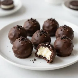 To make Mint Oreo truffles, you need these key items: - 1 package (15.25 oz) Mint Oreo cookies - 8 oz cream cheese, softened - 1 cup semi-sweet chocolate chips - 1 tablespoon coconut oil - 2 tablespoons crushed Mint Oreo cookies (for topping) - A few mint leaves (for garnish, optional) These ingredients create a sweet and creamy treat with a minty twist. The Mint Oreos provide a rich flavor, while the cream cheese gives the truffles their smooth texture. You can add some fun twists to your Mint Oreo truffles. Here are a few optional ingredients to consider: - Peppermint extract for extra mint flavor - Colored sprinkles for a festive look - Different types of chocolate, like white or dark chocolate Feel free to mix and match to make each batch unique. Personal touches make the truffles even more special. When it comes to choosing the best brands, I recommend sticking with trusted names. For Mint Oreo cookies, Nabisco is the standard. Their cookies have the perfect balance of chocolate and mint. For chocolate, Ghirardelli or Nestlé offers high-quality semi-sweet chocolate chips. They melt well and taste amazing. Using quality ingredients elevates your truffles and makes them a joy to eat. {{ingredient_image_1}} To start, grab a pack of Mint Oreo cookies. You will need one full package, which is about 15.25 ounces. Crush the cookies into fine crumbs. You can use a food processor for this. If you don’t have one, just put the cookies in a ziplock bag and use a rolling pin. This is a fun step! Next, take 8 ounces of softened cream cheese. Add it to a large bowl with the crushed cookies. Mix them well until they form a dough-like mixture. This should be smooth and well combined. Now, cover the bowl with plastic wrap and put it in the fridge. Let it chill for about 30 minutes. This step makes the mixture firm and easier to shape. Once chilled, take the mixture out. Scoop out tablespoon-sized portions. Roll each scoop into a ball and place them on a baking sheet lined with parchment paper. You should have about 24 truffles from this mix. For the next step, melt the chocolate. You need 1 cup of semi-sweet chocolate chips and 1 tablespoon of coconut oil. Put them in a microwave-safe bowl. Heat in 30-second intervals, stirring in between, until melted and smooth. Now, dip each truffle into the melted chocolate. Use a fork to cover each ball completely. Let any excess chocolate drip off before placing them back on the baking sheet. While the chocolate is still wet, sprinkle a bit of crushed Mint Oreo on top of each truffle. This adds a nice touch! Finally, return the truffles to the fridge for about 30 minutes to set. When the chocolate is firm, you can take them out and serve. If you like, garnish with fresh mint leaves for a pretty look. Enjoy your sweet treats! To get the best texture for your Mint Oreo truffles, start with finely crushed cookies. Use a food processor for a smooth blend. If you don't have one, a rolling pin works too. Mix the crushed cookies with softened cream cheese well. Aim for a dough-like texture. If it feels too soft, chill it longer. Chilling firms up the mixture and makes rolling easier. One common mistake is not chilling the mixture enough. If it's soft, your truffles won’t hold shape. Another mistake is using cold cream cheese. Always let it soften first. Avoid melting the chocolate too quickly. Stir often while microwaving. If you overheat it, the chocolate will seize up. For melting chocolate, use a microwave-safe bowl. Combine chocolate chips with coconut oil for a smooth finish. Heat in 30-second bursts, stirring in between each session. This method keeps the chocolate from burning. If you prefer, you can melt chocolate in a double boiler. Just ensure the bowl doesn't touch the water. Stir until it's fully melted and silky. Pro Tips Chill for Firmness: Ensure the cream cheese is well-softened before mixing; chilling the mixture helps the truffles hold their shape when rolled. Chocolate Melting Method: When melting chocolate, stir frequently to prevent burning and ensure a smooth consistency. Customization Options: Feel free to experiment with different flavors of Oreos or add a splash of peppermint extract for an extra minty kick. Storage Tips: Store the truffles in an airtight container in the refrigerator for up to a week to maintain freshness. {{image_2}} You can easily change the taste of your Mint Oreo truffles. Adding a few drops of peppermint extract boosts the mint flavor. This makes them even more refreshing. Just mix in 1/4 teaspoon of peppermint extract with the cream cheese. Taste the mixture before rolling it into balls. Adjust the amount to suit your taste. If you need a gluten-free option, you can still enjoy these truffles. Look for gluten-free Mint Oreo cookies. Many brands make them now. Just follow the same recipe. The truffles will taste just as good without gluten. Always check the labels to ensure the cookies are safe for gluten-free diets. While semi-sweet chocolate is a classic, you can switch it up. Try using white chocolate instead. It gives a sweet and creamy contrast to the mint. Melt the white chocolate just like you would the semi-sweet. You can also roll the truffles in sprinkles for a fun look. This adds color and texture. Choose your favorite colors to match any occasion. To keep your Mint Oreo truffles fresh, place them in an airtight container. Line the container with parchment paper to prevent sticking. Layer the truffles with more parchment if you have a lot. Store them in the fridge for up to one week. This keeps them firm and tasty. If you want to save some truffles for later, freezing is a great option. First, let the truffles set in the fridge for about 30 minutes. Then, place them in a single layer on a baking sheet, and freeze them for an hour. Once frozen, transfer them to a ziplock bag. They can last in the freezer for up to three months. When you’re ready to enjoy your frozen Mint Oreo truffles, take them out of the freezer. Leave them in the fridge overnight to thaw slowly. This helps maintain their texture and flavor. Avoid thawing them at room temperature, as this can make them too soft. Enjoy your sweet treats fresh! Yes, you can use regular Oreos. The truffles will taste different without the mint flavor. If you love mint, try adding a few drops of mint extract. This will keep the minty taste while using regular Oreos. Mint Oreo truffles last about one week in the fridge. Store them in an airtight container. If you want them to last longer, freeze them. They can stay good for up to three months in the freezer. Yes, you can use cream cheese alternatives. Some good options are Greek yogurt or vegan cream cheese. Just make sure they are creamy enough to mix well with the crushed Oreos. This will help keep the truffles firm and tasty. In this blog post, we explored how to make Mint Oreo Truffles. We covered the needed ingredients and great brands to use. Next, I provided step-by-step instructions for preparation, chilling, and coating your truffles. I shared key tips for perfecting texture and avoiding common mistakes. You can also customize truffles with different flavors and coatings. Finally, I discussed storage tips to keep your treats fresh. Enjoy making these delicious treats, and remember, the fun is in the process!