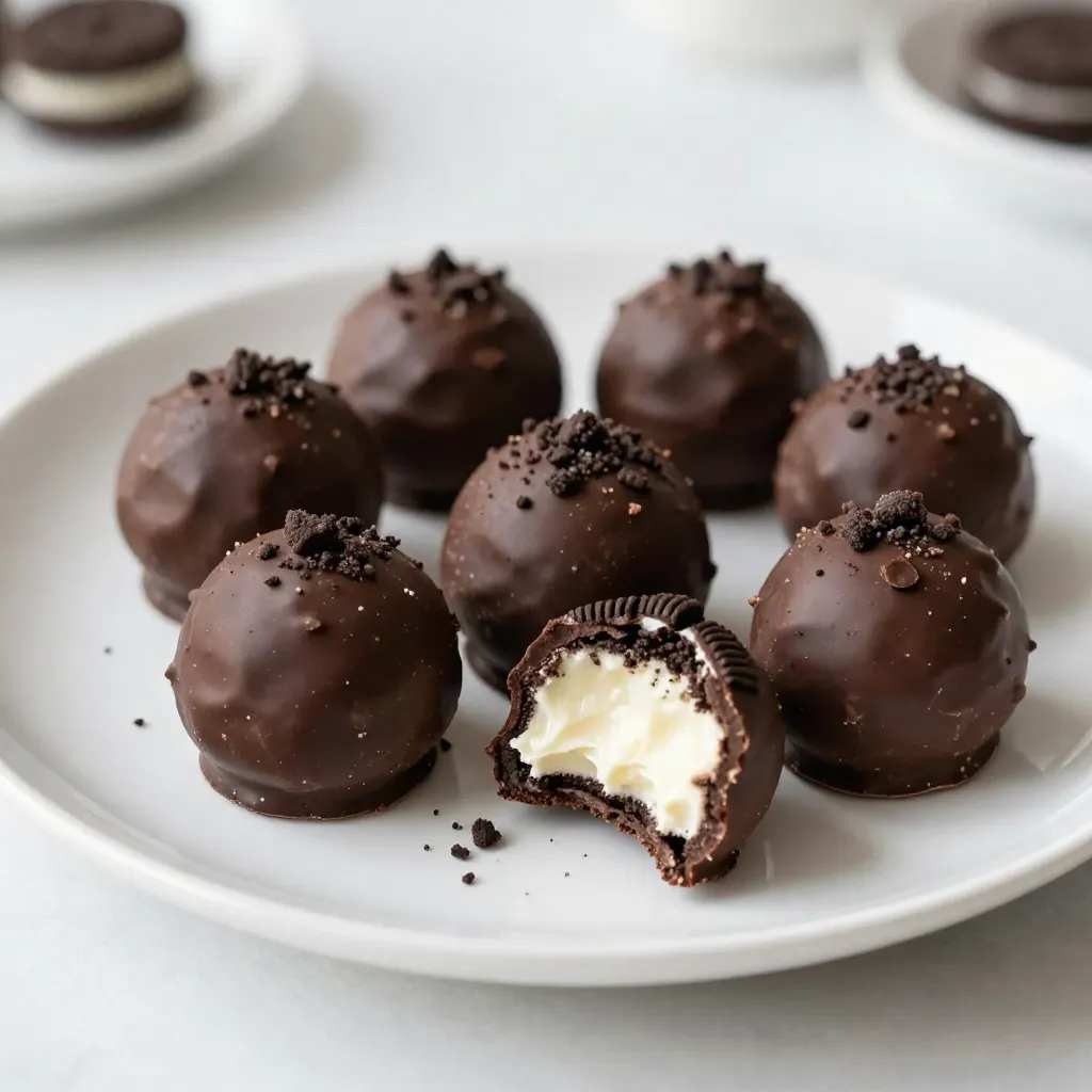 To make Mint Oreo truffles, you need these key items: - 1 package (15.25 oz) Mint Oreo cookies - 8 oz cream cheese, softened - 1 cup semi-sweet chocolate chips - 1 tablespoon coconut oil - 2 tablespoons crushed Mint Oreo cookies (for topping) - A few mint leaves (for garnish, optional) These ingredients create a sweet and creamy treat with a minty twist. The Mint Oreos provide a rich flavor, while the cream cheese gives the truffles their smooth texture. You can add some fun twists to your Mint Oreo truffles. Here are a few optional ingredients to consider: - Peppermint extract for extra mint flavor - Colored sprinkles for a festive look - Different types of chocolate, like white or dark chocolate Feel free to mix and match to make each batch unique. Personal touches make the truffles even more special. When it comes to choosing the best brands, I recommend sticking with trusted names. For Mint Oreo cookies, Nabisco is the standard. Their cookies have the perfect balance of chocolate and mint. For chocolate, Ghirardelli or Nestlé offers high-quality semi-sweet chocolate chips. They melt well and taste amazing. Using quality ingredients elevates your truffles and makes them a joy to eat. {{ingredient_image_1}} To start, grab a pack of Mint Oreo cookies. You will need one full package, which is about 15.25 ounces. Crush the cookies into fine crumbs. You can use a food processor for this. If you don’t have one, just put the cookies in a ziplock bag and use a rolling pin. This is a fun step! Next, take 8 ounces of softened cream cheese. Add it to a large bowl with the crushed cookies. Mix them well until they form a dough-like mixture. This should be smooth and well combined. Now, cover the bowl with plastic wrap and put it in the fridge. Let it chill for about 30 minutes. This step makes the mixture firm and easier to shape. Once chilled, take the mixture out. Scoop out tablespoon-sized portions. Roll each scoop into a ball and place them on a baking sheet lined with parchment paper. You should have about 24 truffles from this mix. For the next step, melt the chocolate. You need 1 cup of semi-sweet chocolate chips and 1 tablespoon of coconut oil. Put them in a microwave-safe bowl. Heat in 30-second intervals, stirring in between, until melted and smooth. Now, dip each truffle into the melted chocolate. Use a fork to cover each ball completely. Let any excess chocolate drip off before placing them back on the baking sheet. While the chocolate is still wet, sprinkle a bit of crushed Mint Oreo on top of each truffle. This adds a nice touch! Finally, return the truffles to the fridge for about 30 minutes to set. When the chocolate is firm, you can take them out and serve. If you like, garnish with fresh mint leaves for a pretty look. Enjoy your sweet treats! To get the best texture for your Mint Oreo truffles, start with finely crushed cookies. Use a food processor for a smooth blend. If you don't have one, a rolling pin works too. Mix the crushed cookies with softened cream cheese well. Aim for a dough-like texture. If it feels too soft, chill it longer. Chilling firms up the mixture and makes rolling easier. One common mistake is not chilling the mixture enough. If it's soft, your truffles won’t hold shape. Another mistake is using cold cream cheese. Always let it soften first. Avoid melting the chocolate too quickly. Stir often while microwaving. If you overheat it, the chocolate will seize up. For melting chocolate, use a microwave-safe bowl. Combine chocolate chips with coconut oil for a smooth finish. Heat in 30-second bursts, stirring in between each session. This method keeps the chocolate from burning. If you prefer, you can melt chocolate in a double boiler. Just ensure the bowl doesn't touch the water. Stir until it's fully melted and silky. Pro Tips Chill for Firmness: Ensure the cream cheese is well-softened before mixing; chilling the mixture helps the truffles hold their shape when rolled. Chocolate Melting Method: When melting chocolate, stir frequently to prevent burning and ensure a smooth consistency. Customization Options: Feel free to experiment with different flavors of Oreos or add a splash of peppermint extract for an extra minty kick. Storage Tips: Store the truffles in an airtight container in the refrigerator for up to a week to maintain freshness. {{image_2}} You can easily change the taste of your Mint Oreo truffles. Adding a few drops of peppermint extract boosts the mint flavor. This makes them even more refreshing. Just mix in 1/4 teaspoon of peppermint extract with the cream cheese. Taste the mixture before rolling it into balls. Adjust the amount to suit your taste. If you need a gluten-free option, you can still enjoy these truffles. Look for gluten-free Mint Oreo cookies. Many brands make them now. Just follow the same recipe. The truffles will taste just as good without gluten. Always check the labels to ensure the cookies are safe for gluten-free diets. While semi-sweet chocolate is a classic, you can switch it up. Try using white chocolate instead. It gives a sweet and creamy contrast to the mint. Melt the white chocolate just like you would the semi-sweet. You can also roll the truffles in sprinkles for a fun look. This adds color and texture. Choose your favorite colors to match any occasion. To keep your Mint Oreo truffles fresh, place them in an airtight container. Line the container with parchment paper to prevent sticking. Layer the truffles with more parchment if you have a lot. Store them in the fridge for up to one week. This keeps them firm and tasty. If you want to save some truffles for later, freezing is a great option. First, let the truffles set in the fridge for about 30 minutes. Then, place them in a single layer on a baking sheet, and freeze them for an hour. Once frozen, transfer them to a ziplock bag. They can last in the freezer for up to three months. When you’re ready to enjoy your frozen Mint Oreo truffles, take them out of the freezer. Leave them in the fridge overnight to thaw slowly. This helps maintain their texture and flavor. Avoid thawing them at room temperature, as this can make them too soft. Enjoy your sweet treats fresh! Yes, you can use regular Oreos. The truffles will taste different without the mint flavor. If you love mint, try adding a few drops of mint extract. This will keep the minty taste while using regular Oreos. Mint Oreo truffles last about one week in the fridge. Store them in an airtight container. If you want them to last longer, freeze them. They can stay good for up to three months in the freezer. Yes, you can use cream cheese alternatives. Some good options are Greek yogurt or vegan cream cheese. Just make sure they are creamy enough to mix well with the crushed Oreos. This will help keep the truffles firm and tasty. In this blog post, we explored how to make Mint Oreo Truffles. We covered the needed ingredients and great brands to use. Next, I provided step-by-step instructions for preparation, chilling, and coating your truffles. I shared key tips for perfecting texture and avoiding common mistakes. You can also customize truffles with different flavors and coatings. Finally, I discussed storage tips to keep your treats fresh. Enjoy making these delicious treats, and remember, the fun is in the process!