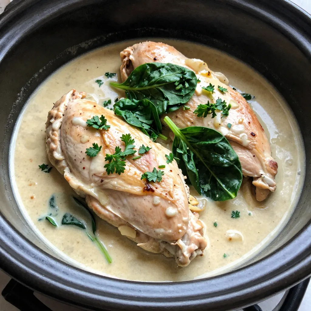 - 4 boneless, skinless chicken breasts - 1 cup low-sodium chicken broth - 1 cup heavy cream (or coconut cream for a dairy-free option) - 1 tablespoon olive oil - 1 small onion, diced - 3 cloves garlic, minced These main ingredients create the heart of your slow cooker creamy chicken. The chicken breasts give a nice texture. The broth and cream make the dish rich and smooth. The onion and garlic add great flavor. - 1 cup baby spinach - ¼ cup fresh parsley, chopped (for garnish) Adding baby spinach gives a pop of color and nutrients. Fresh parsley on top brightens the dish and adds freshness. You can skip these if you want a simpler meal. - 1 teaspoon dried thyme - 1 teaspoon dried rosemary - 1 teaspoon paprika - Salt and pepper to taste These seasonings enhance the chicken's flavor. Thyme and rosemary bring warmth, while paprika adds a slight kick. Adjust salt and pepper to fit your taste. {{ingredient_image_1}} To start, gather all your ingredients. You will need: - 4 boneless, skinless chicken breasts - 1 cup low-sodium chicken broth - 1 cup heavy cream (or coconut cream) - 1 tablespoon olive oil - 1 small onion, diced - 3 cloves garlic, minced - 1 teaspoon dried thyme - 1 teaspoon dried rosemary - 1 teaspoon paprika - Salt and pepper to taste - 1 cup baby spinach - ¼ cup fresh parsley, chopped First, heat the olive oil in a skillet over medium heat. Once it's hot, add the diced onion. Sauté the onion for about 5 minutes until it looks clear. Then, add the minced garlic and cook for another minute. You want to smell that nice garlic aroma. Next, take the chicken breasts. Season them well with salt, pepper, paprika, thyme, and rosemary on both sides. Make sure every part of the chicken is coated. Now, place the seasoned chicken in your slow cooker. Pour the sautéed onion and garlic over the chicken. This adds a great flavor. Then, pour the chicken broth and heavy cream over everything. Make sure the chicken is covered well. Set your slow cooker to low for 6-7 hours or high for 3-4 hours. The chicken will be tender and fully cooked when done. About 30 minutes before you are ready to eat, stir in the baby spinach. Cover the slow cooker again to let the spinach wilt. Once everything is cooked, remove the chicken. You can shred it using two forks or serve it whole. If you shred it, mix the chicken back into the creamy sauce. Finally, sprinkle fresh parsley on top before serving. This adds a nice touch and bright flavor. Enjoy your creamy chicken meal! To get the creamiest sauce, start with heavy cream. If you want a dairy-free option, use coconut cream instead. Make sure to pour the cream gently over the chicken and broth. This helps it mix well. The slow cooker will blend the flavors over time. Stirring in baby spinach at the end adds a nice touch. It thickens the sauce and adds nutrition. When it's time to shred the chicken, let it cool for a few minutes. Use two forks to pull the chicken apart. This makes it easier to handle. Shredding the chicken while it’s still warm helps it soak up the sauce. If you prefer, you can also serve it whole and spoon the sauce over it. Either way, the flavor will be delicious. Timing is key for this dish. If you set the slow cooker on low, cook for 6-7 hours. If you're short on time, the high setting cooks it in 3-4 hours. Check the chicken for tenderness before serving. Adding spinach about 30 minutes before you finish cooking keeps it fresh and vibrant. This timing ensures a tasty and satisfying meal. Pro Tips Use Fresh Herbs: Fresh thyme and rosemary can elevate the flavor profile of your dish. If available, consider using them instead of dried herbs for a more vibrant taste. Don’t Skip the Searing: Searing the chicken breasts before adding them to the slow cooker adds depth to the flavor and creates a lovely crust that enhances the overall dish. Adjust the Creaminess: If you prefer a lighter dish, you can reduce the amount of cream or use a combination of cream and broth to control the richness. Serve with Sides: This creamy chicken pairs beautifully with rice, quinoa, or crusty bread, making it a complete meal. Add a side of steamed vegetables for extra nutrition. {{image_2}} You can make this dish dairy-free easily. Just swap the heavy cream for coconut cream. It adds a lovely, rich flavor. The dish stays creamy and delicious. You won’t miss the dairy at all. Use the same amount of coconut cream as heavy cream. Your taste buds will dance with joy! If you want a change from chicken, try turkey or pork. Both work well in this recipe. Just adjust the cooking time based on the meat you choose. Turkey may require a bit more time. Pork tenderloin cooks faster, so check it sooner. You can even use tofu for a vegetarian option. Make sure to season it well! Boost the flavor by adding more herbs or spices. Try fresh thyme or rosemary for a fragrant touch. A squeeze of lemon juice brightens the dish. You can also add mushrooms for an earthy taste. Toss in some sun-dried tomatoes for a pop of color and flavor. These small tweaks can elevate your creamy chicken to new heights! Store any leftover Slow Cooker Creamy Chicken in an airtight container. Make sure to let it cool first. You can keep it in the fridge for up to 3 days. When you want to eat it again, just remember to check for any off smells or changes in color. If you want to keep it longer, you can freeze the chicken. Place it in a freezer-safe container or bag. It will stay fresh for about 2 to 3 months. Just label the bag with the date to track how long it’s been in there. To reheat, place the chicken in a pot over low heat. Stir it gently as it warms up. You can also use a microwave. Heat it in 30-second bursts, stirring in between. If the sauce seems thick, add a splash of broth or cream to bring it back to life. Enjoy your delicious meal again! Yes, you can use frozen chicken. Just add an extra hour to the cooking time. This ensures the chicken cooks through safely and stays tender. However, I prefer thawed chicken for better flavor absorption. It really absorbs the herbs and spices well. To thicken the sauce, you can mix cornstarch with water. Use about one tablespoon of cornstarch and two tablespoons of water. Stir this mix into the sauce and cook for an additional 10 minutes. You can also let the sauce cook longer with the lid off. This allows moisture to evaporate, thickening it naturally. Creamy chicken pairs well with many sides. Here are some tasty options: - Steamed rice - Mashed potatoes - Roasted vegetables - Garlic bread - Green salad These sides balance the meal and add flavor. Enjoy! This blog post covered the key ingredients for your dish, preparation steps, and cooking methods. You learned tips to make a creamy sauce, shred chicken, and timing for best results. We explored tasty variations and provided storage tips. Reheating methods keep your meal delightful. With this knowledge, you can tackle any recipe with confidence and skill. Enjoy cooking, and remember that with practice, you will improve each time!
