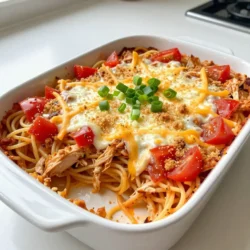 To create the Spicy Cheesy Chicken Spaghetti Casserole, gather these simple ingredients: - 2 cups cooked spaghetti - 3 cups cooked, shredded chicken - 1 can (15 oz) diced tomatoes with green chilies - 1 cup cream cheese, softened - 2 cups shredded cheddar cheese - 1 cup shredded mozzarella cheese - 1 teaspoon smoked paprika - 1 teaspoon garlic powder - 1 teaspoon onion powder - 1/2 teaspoon cayenne pepper (adjust for heat preference) - 1/2 teaspoon salt - 1/4 teaspoon black pepper - 1/2 cup chopped green onions for garnish - 1/2 cup breadcrumbs (optional, for topping) This mix of ingredients brings together rich flavors and a kick of heat. The combination of cheeses makes it creamy and cheesy, while the spices add depth. The diced tomatoes with green chilies give the dish its signature spicy twist. Feel free to adjust the cayenne pepper to suit your heat level. This dish is not just tasty; it also packs a punch! Each bite is sure to delight you and your guests. {{ingredient_image_1}} 1. Preheat the oven to 350°F (175°C). This step is key for even cooking. 2. Combine ingredients in a mixing bowl. Add 2 cups of cooked spaghetti, 3 cups of shredded chicken, and 1 can of diced tomatoes with green chilies. 3. Mix in 1 cup of softened cream cheese and half of both cheeses (cheddar and mozzarella). 4. Add 1 teaspoon smoked paprika, 1 teaspoon garlic powder, 1 teaspoon onion powder, and adjust heat with 1/2 teaspoon cayenne pepper. 5. Sprinkle in 1/2 teaspoon salt and 1/4 teaspoon black pepper. Stir until everything is well mixed. 6. Transfer mixture to casserole dish. Use a greased 9x13 inch dish and spread it evenly. 1. Cover and bake the dish with aluminum foil for 20 minutes. This helps the flavors blend. 2. Uncover and finish baking for an additional 15 minutes. Watch for the cheese to bubble and turn golden. 3. Cooling and serving instructions. Let the casserole cool for a few minutes. Garnish with 1/2 cup of chopped green onions before serving. Enjoy your meal hot! To make your Spicy Cheesy Chicken Spaghetti Casserole shine, mixing is key. Here’s how: - Mix well: Combine all ingredients in your bowl gently. This ensures the flavors spread evenly. Use a large spoon to fold the mixture instead of stirring too hard. - Taste as you go: After mixing, taste a small bit. This lets you adjust the spices before baking. For spice levels, everyone has a different heat threshold. If you want less heat, reduce the cayenne pepper to a pinch. For extra kick, add more. Just remember, you can always add but can’t take away! Serving your casserole right can make it even more enjoyable: - Serve hot: This dish is best straight from the oven. The cheese will be gooey and delicious. - Add sides: A dollop of sour cream on each plate adds creaminess. You can also serve with a side salad for freshness. For garnishes, green onions not only look good but also add a nice crunch. You can sprinkle some on top just before serving. If you like a bit of crunch, try adding breadcrumbs before baking. They give a beautiful golden finish and extra texture! Pro Tips Balance the Heat: Adjust the cayenne pepper to suit your taste. If you prefer a milder dish, start with less and add more if needed. Cheese Varieties: Experiment with different cheese blends like pepper jack or gouda for a unique flavor twist. Make Ahead: Prepare the casserole a day in advance, refrigerate, and bake it just before serving for convenience. Garnishing Ideas: Try adding fresh cilantro or a squeeze of lime for a refreshing touch that complements the spices. {{image_2}} You can make this dish even better with some simple swaps. Here are some ideas: - Healthier ingredient alternatives: Use whole wheat spaghetti for more fiber. You can also swap cream cheese for Greek yogurt. This keeps the dish creamy but cuts down on fat. - Using different types of cheese: If you want a different flavor, try pepper jack cheese. It adds a nice kick! You can also use gouda for a smoky taste. Mixing cheeses can create a unique twist on the classic dish. Everyone should enjoy this casserole! Here are some ways to make it fit different diets. - Gluten-free options: Use gluten-free spaghetti instead of regular pasta. Many brands make tasty options that work well. Just check the package to ensure it meets your needs. - Vegetarian alternative ideas: To make this dish vegetarian, swap out the chicken for cooked mushrooms or black beans. You can also add more veggies, like bell peppers or zucchini. This way, you keep the dish hearty and satisfying. After enjoying your spicy cheesy chicken spaghetti casserole, store any leftovers properly. First, let it cool to room temperature. This step helps keep moisture inside. Next, transfer the casserole to an airtight container. If you have a lot left, you can cut it into smaller portions. This makes it easy to grab and reheat later. Store it in the fridge for up to three days. For longer storage, freeze it for up to three months. Just make sure to label the container with the date. To enjoy your leftovers at their best, reheat them wisely. The oven is a great choice for reheating. Preheat your oven to 350°F (175°C). Place the casserole in an oven-safe dish and cover it with foil. This helps keep moisture in. Heat for about 20 minutes or until warm. If you prefer the microwave, use a microwave-safe dish. Heat in short bursts, around one minute at a time. Stir between each burst to ensure even heating. Enjoy your delicious casserole just like the first time! No, you should not use uncooked chicken. The recipe calls for cooked, shredded chicken. If you use uncooked chicken, it will not cook evenly. It could lead to food safety issues. Always use cooked chicken for this dish. You can use sour cream or Greek yogurt. Both add creaminess and a slight tang. This helps maintain the texture of your casserole. If you want a dairy-free option, try cashew cheese or plant-based cream cheese. To increase the heat, add more cayenne pepper. You can also use hot sauce or spicy diced tomatoes. Jalapeños or crushed red pepper flakes are great options too. Adjust the spice level to match your taste preferences. This blog post shares a simple casserole recipe with cooked spaghetti and shredded chicken. We covered the ingredients, preparation steps, baking tips, and ways to personalize your dish. You learned about variations, storage, and answered common questions. These ideas let you make a tasty meal that fits your needs. Enjoy experimenting with flavors and make this dish your own! Trust me, you can create a great meal your family will love.