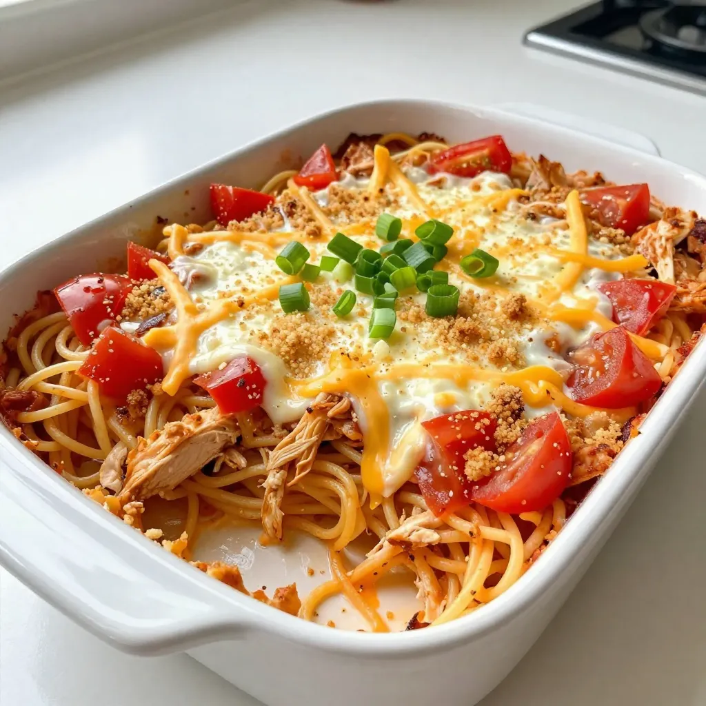 To create the Spicy Cheesy Chicken Spaghetti Casserole, gather these simple ingredients: - 2 cups cooked spaghetti - 3 cups cooked, shredded chicken - 1 can (15 oz) diced tomatoes with green chilies - 1 cup cream cheese, softened - 2 cups shredded cheddar cheese - 1 cup shredded mozzarella cheese - 1 teaspoon smoked paprika - 1 teaspoon garlic powder - 1 teaspoon onion powder - 1/2 teaspoon cayenne pepper (adjust for heat preference) - 1/2 teaspoon salt - 1/4 teaspoon black pepper - 1/2 cup chopped green onions for garnish - 1/2 cup breadcrumbs (optional, for topping) This mix of ingredients brings together rich flavors and a kick of heat. The combination of cheeses makes it creamy and cheesy, while the spices add depth. The diced tomatoes with green chilies give the dish its signature spicy twist. Feel free to adjust the cayenne pepper to suit your heat level. This dish is not just tasty; it also packs a punch! Each bite is sure to delight you and your guests. {{ingredient_image_1}} 1. Preheat the oven to 350°F (175°C). This step is key for even cooking. 2. Combine ingredients in a mixing bowl. Add 2 cups of cooked spaghetti, 3 cups of shredded chicken, and 1 can of diced tomatoes with green chilies. 3. Mix in 1 cup of softened cream cheese and half of both cheeses (cheddar and mozzarella). 4. Add 1 teaspoon smoked paprika, 1 teaspoon garlic powder, 1 teaspoon onion powder, and adjust heat with 1/2 teaspoon cayenne pepper. 5. Sprinkle in 1/2 teaspoon salt and 1/4 teaspoon black pepper. Stir until everything is well mixed. 6. Transfer mixture to casserole dish. Use a greased 9x13 inch dish and spread it evenly. 1. Cover and bake the dish with aluminum foil for 20 minutes. This helps the flavors blend. 2. Uncover and finish baking for an additional 15 minutes. Watch for the cheese to bubble and turn golden. 3. Cooling and serving instructions. Let the casserole cool for a few minutes. Garnish with 1/2 cup of chopped green onions before serving. Enjoy your meal hot! To make your Spicy Cheesy Chicken Spaghetti Casserole shine, mixing is key. Here’s how: - Mix well: Combine all ingredients in your bowl gently. This ensures the flavors spread evenly. Use a large spoon to fold the mixture instead of stirring too hard. - Taste as you go: After mixing, taste a small bit. This lets you adjust the spices before baking. For spice levels, everyone has a different heat threshold. If you want less heat, reduce the cayenne pepper to a pinch. For extra kick, add more. Just remember, you can always add but can’t take away! Serving your casserole right can make it even more enjoyable: - Serve hot: This dish is best straight from the oven. The cheese will be gooey and delicious. - Add sides: A dollop of sour cream on each plate adds creaminess. You can also serve with a side salad for freshness. For garnishes, green onions not only look good but also add a nice crunch. You can sprinkle some on top just before serving. If you like a bit of crunch, try adding breadcrumbs before baking. They give a beautiful golden finish and extra texture! Pro Tips Balance the Heat: Adjust the cayenne pepper to suit your taste. If you prefer a milder dish, start with less and add more if needed. Cheese Varieties: Experiment with different cheese blends like pepper jack or gouda for a unique flavor twist. Make Ahead: Prepare the casserole a day in advance, refrigerate, and bake it just before serving for convenience. Garnishing Ideas: Try adding fresh cilantro or a squeeze of lime for a refreshing touch that complements the spices. {{image_2}} You can make this dish even better with some simple swaps. Here are some ideas: - Healthier ingredient alternatives: Use whole wheat spaghetti for more fiber. You can also swap cream cheese for Greek yogurt. This keeps the dish creamy but cuts down on fat. - Using different types of cheese: If you want a different flavor, try pepper jack cheese. It adds a nice kick! You can also use gouda for a smoky taste. Mixing cheeses can create a unique twist on the classic dish. Everyone should enjoy this casserole! Here are some ways to make it fit different diets. - Gluten-free options: Use gluten-free spaghetti instead of regular pasta. Many brands make tasty options that work well. Just check the package to ensure it meets your needs. - Vegetarian alternative ideas: To make this dish vegetarian, swap out the chicken for cooked mushrooms or black beans. You can also add more veggies, like bell peppers or zucchini. This way, you keep the dish hearty and satisfying. After enjoying your spicy cheesy chicken spaghetti casserole, store any leftovers properly. First, let it cool to room temperature. This step helps keep moisture inside. Next, transfer the casserole to an airtight container. If you have a lot left, you can cut it into smaller portions. This makes it easy to grab and reheat later. Store it in the fridge for up to three days. For longer storage, freeze it for up to three months. Just make sure to label the container with the date. To enjoy your leftovers at their best, reheat them wisely. The oven is a great choice for reheating. Preheat your oven to 350°F (175°C). Place the casserole in an oven-safe dish and cover it with foil. This helps keep moisture in. Heat for about 20 minutes or until warm. If you prefer the microwave, use a microwave-safe dish. Heat in short bursts, around one minute at a time. Stir between each burst to ensure even heating. Enjoy your delicious casserole just like the first time! No, you should not use uncooked chicken. The recipe calls for cooked, shredded chicken. If you use uncooked chicken, it will not cook evenly. It could lead to food safety issues. Always use cooked chicken for this dish. You can use sour cream or Greek yogurt. Both add creaminess and a slight tang. This helps maintain the texture of your casserole. If you want a dairy-free option, try cashew cheese or plant-based cream cheese. To increase the heat, add more cayenne pepper. You can also use hot sauce or spicy diced tomatoes. Jalapeños or crushed red pepper flakes are great options too. Adjust the spice level to match your taste preferences. This blog post shares a simple casserole recipe with cooked spaghetti and shredded chicken. We covered the ingredients, preparation steps, baking tips, and ways to personalize your dish. You learned about variations, storage, and answered common questions. These ideas let you make a tasty meal that fits your needs. Enjoy experimenting with flavors and make this dish your own! Trust me, you can create a great meal your family will love.