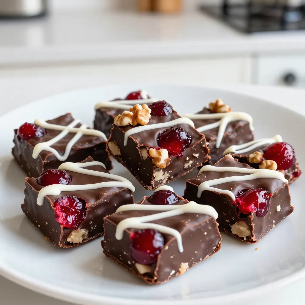 To create Cherry Garcia Fudge, gather these main ingredients: - 2 cups semi-sweet chocolate chips - 1 can (14 oz) sweetened condensed milk - 1 cup chopped fresh cherries (or frozen if out of season, thawed and drained) These ingredients form the base of your rich and creamy fudge. The semi-sweet chocolate chips add a deep, chocolatey flavor that pairs perfectly with the cherries. Sweetened condensed milk brings sweetness and creaminess, making the fudge melt in your mouth. You can enhance the flavor and texture with these optional add-ins: - 1/2 cup chopped walnuts - 1 teaspoon vanilla extract - 1/2 cup white chocolate chips (for drizzle) Chopped walnuts give a nice crunch. Vanilla extract boosts the overall flavor profile. Drizzling melted white chocolate on top adds a lovely finish and a touch of sweetness. For the best taste, use these suggested measurements: - 2 cups semi-sweet chocolate chips - 1 can sweetened condensed milk - 1 cup chopped cherries Stick to these amounts for a perfect balance of flavors. If you love nuts, add the walnuts to your taste. For a touch of elegance, use the white chocolate drizzle to make your fudge look stunning! {{ingredient_image_1}} First, grab an 8x8 inch baking dish. Line it with parchment paper. Make sure the paper hangs over the edges. This helps with easy removal later. Next, take a medium saucepan. Add 2 cups of semi-sweet chocolate chips and 1 can of sweetened condensed milk. Place the saucepan over low heat. Stir continuously until the chocolate melts and becomes smooth. Once the chocolate is melted, remove the pan from heat. Stir in 1 teaspoon of vanilla extract and a pinch of salt. Gently fold in 1 cup of chopped cherries and 1/2 cup of chopped walnuts, if you like. Mix until the cherries and nuts are evenly coated with chocolate. Now, take a small microwave-safe bowl. Add 1/2 cup of white chocolate chips. Melt them in the microwave. Do this in 20-second bursts, stirring each time until smooth. Drizzle the melted white chocolate over the fudge in a zig-zag pattern. This adds a lovely touch! Pour the chocolate mixture into the prepared baking dish. Press it down evenly with a spatula. Refrigerate for at least 3 hours or until firm. When ready, lift the fudge out using the parchment paper. Cut it into squares to serve. To make smooth Cherry Garcia fudge, stirring is key. Always melt the chocolate chips with sweetened condensed milk over low heat. This method helps the chocolate melt evenly. Stir continuously until the mixture is creamy and smooth. Avoid high heat; it can burn the chocolate and ruin the texture. A gentle touch makes a big difference in the final taste. Want to change it up? Try adding a splash of almond extract for a nutty twist. You can also use mint extract for a refreshing flavor. Just a drop can elevate your fudge. Remember, keep the balance. You want the cherry and chocolate to stay the stars of the show. Serving your fudge well is just as important as making it. Cut the fudge into neat squares. Place them on a beautiful platter. To make it pop, garnish with extra chopped cherries and walnut pieces. This adds color and texture. A drizzle of melted white chocolate on top also makes it look fancy. Your guests will love the look and taste! Pro Tips Use Quality Chocolate: Opt for high-quality semi-sweet chocolate chips for a richer flavor in your fudge. Chill Before Cutting: Let the fudge set in the refrigerator for the full time to ensure clean cuts without crumbling. Experiment with Nuts: Try different nuts like pecans or almonds to customize the texture and flavor of your fudge. Make it Festive: Add sprinkles or edible glitter on top of the white chocolate drizzle for a fun, festive touch. {{image_2}} You can add nuts to your Cherry Garcia Fudge for a crunch. Walnuts are a great choice. They add a rich flavor that pairs well with chocolate. You can also try pecans or almonds. Just chop them up and fold them into the mixture. Aim for about 1/2 cup of nuts for the best taste. The extra texture makes each bite exciting! To make this fudge vegan, swap out the sweetened condensed milk. Use coconut cream instead. It gives a nice, rich taste. Also, make sure the chocolate chips are dairy-free. Look for brands that use plant-based ingredients. This way, everyone can enjoy this tasty treat without worry. Changing the extract can give your fudge a new twist. While vanilla is classic, almond extract adds a nice touch. You can try mint extract for a fresh flavor or even orange extract for a citrus zing. Just use about 1/2 teaspoon to start. Taste as you go to find your perfect flavor blend. Each version brings its own joy to this delightful dessert! To keep your Cherry Garcia fudge fresh, wrap it tightly in plastic wrap. Then, place it in an airtight container. Make sure to store it in a cool, dry place away from heat. If you want to keep it longer, the fridge is a good option. Just remember to let it cool completely before wrapping. If you want to freeze the fudge, cut it into squares first. Place the pieces in a single layer on a baking sheet. Freeze them for about an hour. Once firm, transfer the fudge squares into a freezer-safe bag. Remove as much air as possible before sealing. To thaw, take out the desired amount and let it sit at room temperature for about 30 minutes. Cherry Garcia fudge can last in the refrigerator for about two weeks. If you keep it at room temperature, it may only last about a week. Always check for any changes in smell or texture before eating. If it looks good, enjoy every last bite! You can easily skip the walnuts in this recipe. Just leave them out. The fudge will still taste amazing. If you want a little crunch, try adding crispy rice cereal or a sprinkle of sea salt. Both options keep it nut-free and fun! Yes, you can! If you prefer dark chocolate, use it instead of semi-sweet. It adds a rich flavor. If you like milk chocolate, that works too. Just remember to adjust the sweetness if you switch. Dark chocolate gives a bold taste, while milk chocolate offers a creamier bite. You can use coconut milk mixed with a sweetener like maple syrup for a dairy-free option. Another choice is using silken tofu blended with agave syrup. Both substitutes will yield a creamy texture. Just remember, it may change the flavor a bit, but it remains delicious. This blog post explained how to make delicious Cherry Garcia Fudge. We covered the main ingredients, like semi-sweet chocolate chips and cherries, plus optional add-ins. You learned step-by-step instructions for making and setting the fudge. I shared tips for perfecting texture and adding flavors. We also discussed storage methods and answers to common questions. Try experimenting with different ingredients to make this fudge your own. Remember, the best desserts bring joy and creativity to your kitchen. Enjoy making your perfect Cherry Garcia Fudge!