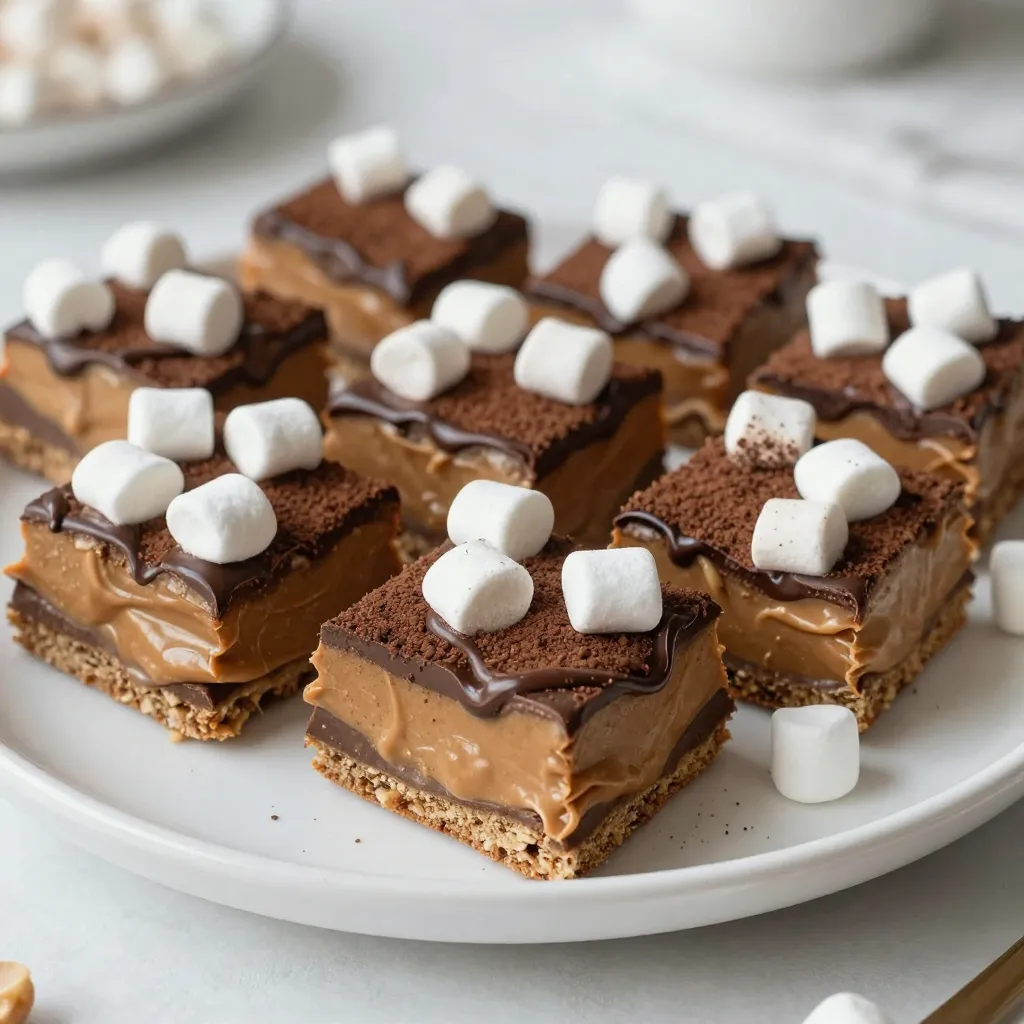 To make the Peanut Butter Marshmallow Squares, you need a few simple ingredients. Here’s what you will gather: - 1 cup creamy peanut butter - 1 cup graham cracker crumbs - 1 cup powdered sugar - 1 cup mini marshmallows - 1/2 cup unsweetened cocoa powder - 1/4 cup butter, melted - 1 teaspoon vanilla extract - A pinch of salt - Extra mini marshmallows for topping (optional) These ingredients work together to create a sweet, chewy treat that everyone will love. The creamy peanut butter gives a rich base. The graham cracker crumbs add crunch, while the mini marshmallows provide that fluffy texture. Cocoa powder gives a deep, chocolate flavor. You can also mix in some extra mini marshmallows on top for fun! This recipe is easy to follow and does not need many tools. You just need a bowl, a spoon, and a baking dish. Gather these items before you start to help your cooking go smoothly! {{ingredient_image_1}} 1. In a large bowl, combine melted butter and creamy peanut butter. Stir until smooth. You want it to mix well and be creamy. 2. Now, add the graham cracker crumbs, powdered sugar, cocoa powder, vanilla extract, and a pinch of salt. Mix these dry ingredients into the peanut butter mixture. Keep stirring until everything is fully combined. The mixture should feel thick and rich. 1. Next, gently fold in the mini marshmallows. Make sure they spread evenly throughout the mixture. You want bits of marshmallow in every bite! 2. Prepare your baking dish by lining it with parchment paper. Leave some paper hanging over the edges. This makes it easy to lift out the squares later. 1. Pour the mixture into your prepared baking dish. Press it down firmly to create an even layer. Use a spatula to smooth the top. 2. If you like, sprinkle extra mini marshmallows on top. Gently press them into the mixture for a fun look. 3. Place the baking dish in the refrigerator. Let it sit for at least two hours. This helps the squares set up and hold their shape. 4. After they firm up, lift the squares out using the parchment paper. Cut them into bite-sized pieces. Enjoy your tasty treat! To get that smooth peanut butter mixture, start with creamy peanut butter. Mix it well with melted butter until it blends perfectly. This step helps create a rich base for your squares. If you use crunchy peanut butter, you might get a different texture. When pressing the mixture into the baking dish, make sure to use a spatula or your hands. Press down firmly to create an even layer. This step prevents air pockets. An even layer helps the squares set up properly. You can boost flavor with different extracts. Try almond or coconut extract for a twist. Adding a pinch of cinnamon can also give warmth to your treat. If you want to make it special, consider mixing in chocolate chips or crushed nuts. These additions add depth to the flavor. For toppings, extra mini marshmallows work great. You can gently press them on top before refrigerating. Drizzling melted chocolate over the finished squares also adds a nice touch. Garnish with crushed graham crackers for some crunch. These little tricks will make your Peanut Butter Marshmallow Squares stand out! Pro Tips Chill the Mixture: For perfectly set squares, ensure the mixture is chilled for at least 2 hours. This will help them hold their shape when cut. Use Fresh Ingredients: For the best flavor, use fresh mini marshmallows and high-quality peanut butter. This can greatly enhance the overall taste. Customize Your Mix-ins: Feel free to add chopped nuts or chocolate chips for extra texture and flavor. Experimenting can lead to delightful new variations! Store Properly: Keep the squares in an airtight container in the refrigerator to maintain their freshness and texture for up to a week. {{image_2}} You can easily change the texture of your Peanut Butter Marshmallow Squares by using crunchy peanut butter. This adds a delightful crunch and makes each bite exciting. If you want to make a healthier treat, consider these substitutions: - Use natural peanut butter with no added sugar. - Replace graham cracker crumbs with almond flour or oat flour. - Swap powdered sugar for a sugar-free alternative. These swaps can lighten the dish without losing flavor. Feel free to get creative with flavors. Adding chocolate chips or your favorite candy can make these squares even more fun. Mix in some mini chocolate chips for a burst of chocolate in every bite. You can also play with nut butters. Try almond butter or cashew butter for a unique twist. Each variation gives your squares a new taste, making them enjoyable every time you make them. To store leftovers, let the squares cool completely. Cut them into pieces and place them in an airtight container. You can also layer the squares with parchment paper to keep them from sticking. This way, they stay fresh for longer. I recommend using a glass container. Glass keeps the squares fresh and lets you see how many you have left. If you don’t have glass, a plastic container works too, as long as it seals well. In the refrigerator, these peanut butter marshmallow squares last about one week. Make sure to keep them covered. If you want to enjoy them later, freezing is a great option. You can freeze the squares for up to three months. Just wrap each piece in plastic wrap and then put them in a freezer bag. This keeps them safe from freezer burn. When you're ready to eat, let them thaw in the fridge or at room temperature for a tasty treat. To make these Peanut Butter Marshmallow Squares gluten-free, use gluten-free graham cracker crumbs. Many brands offer delicious gluten-free options. You can also check for certified gluten-free flour if you want to make your own crumbs. Yes, you can substitute some ingredients. For example, use crunchy peanut butter instead of creamy if you want a different texture. You can also swap mini marshmallows for other sweets, like chocolate chips or dried fruit. Just keep the same amount. To cut the squares easily, first chill them in the fridge for at least two hours. Use a sharp knife for clean edges. If the knife sticks, warm it slightly under hot water before cutting. For a neat presentation, wipe the knife after each cut. - Tips for serving and presentation: - Serve the squares on a nice plate or tray. - Drizzle melted chocolate over them for extra flair. - Top with extra mini marshmallows or crushed graham crackers for some crunch. You learned how to make delicious peanut butter squares using simple ingredients. We combined creamy peanut butter, graham cracker crumbs, and mini marshmallows for a tasty treat. Remember to follow the tips for the best texture and flavor. You can even try different ingredients to make it your own. Store your squares properly to keep them fresh. Enjoy making these fun snacks. They are sure to please everyone!