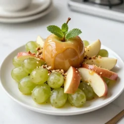 To make caramel apple grapes, you need the following ingredients: - 2 cups green grapes, washed and dried - 1 cup apple slices (your choice of apple) - 1 cup granulated sugar - 1/4 cup unsalted butter - 1/2 cup heavy cream - 1 teaspoon vanilla extract - Pinch of sea salt Gather these items before you start. This will help you move faster in the kitchen. You can add some fun toppings to your caramel apple grapes: - 1/2 cup crushed nuts (like pecans or walnuts) - Sprinkles for a colorful touch - Sea salt flakes for a sweet and salty mix Feel free to mix and match these toppings. They can change the flavor and look of your treat. If you or someone you know has allergies, here are some swaps: - Use dairy-free butter and cream for a vegan option. - Choose coconut sugar instead of granulated sugar for a healthier choice. - Substitute grapes with another fruit like strawberries or banana slices. These options help make this treat safe and enjoyable for everyone. {{ingredient_image_1}} Start by washing 2 cups of green grapes. Make sure they are dry. Wet grapes won’t hold the caramel well. Next, slice 1 cup of your favorite apples into thin wedges. Set the apple slices aside. In a medium saucepan, add 1 cup of granulated sugar and 1/4 cup of unsalted butter. Heat over medium heat. Stir constantly. After about 5 to 7 minutes, the mixture should bubble and turn light amber. Now, slowly add 1/2 cup of heavy cream. Keep stirring to blend it well. Finally, take the pan off the heat. Add 1 teaspoon of vanilla extract and a pinch of sea salt. Stir again to mix. Grab a toothpick or fork to dip the grapes and apple slices in the warm caramel. Make sure each piece is fully coated. Place the caramel-coated grapes and apples on a parchment-lined baking sheet. If you want, sprinkle 1/2 cup of crushed nuts on them while the caramel is still warm. Let them cool for about 15 minutes at room temperature. For quicker results, put them in the fridge for 10 minutes. Enjoy! To get the best caramel, keep an eye on the heat. Start with medium heat and stir often. You want the sugar to melt smoothly. When it turns light amber, it’s ready. If it gets too dark, it may taste burnt. Remember, adding cream cools the mixture, so add it slowly. This will help keep the caramel smooth and creamy. When dipping grapes, choose firm ones. If they feel soft, they may squish. Dry your grapes well before dipping them. Use a toothpick to help dip them into the caramel. This way, you can control the pressure. Avoid squeezing too hard, or you’ll lose the shape. Dipping them quickly helps keep them intact. For a great look, use a wooden platter. Arrange the grapes and apple slices nicely. Drizzle leftover caramel over the top for flair. You can also sprinkle crushed nuts on them for crunch. To add color, garnish with fresh mint leaves. This makes your treat not only tasty but also beautiful! Pro Tips Choose the Right Apples: Use crisp and sweet apples like Honeycrisp or Fuji for the best combination of flavors and textures. Dry Your Grapes Thoroughly: Ensure that your grapes are fully dry before dipping to help the caramel adhere better. Monitor Caramel Color: Keep a close eye on the caramel as it cooks; once it starts to change color, it can burn quickly. Experiment with Toppings: Feel free to get creative with toppings—try crushed cookies, sprinkles, or even a drizzle of chocolate for added flair. {{image_2}} You can change the flavor of the caramel easily. Try adding spices like cinnamon or nutmeg for warmth. A splash of maple syrup gives a rich, sweet twist. If you love chocolate, mix in cocoa powder or melted chocolate for a mocha flavor. These small changes can make your caramel unique and fun. While grapes and apples are great, you can use other fruits too. Consider using strawberries, bananas, or pears. Pineapple chunks or orange slices can add a tropical feel. Just make sure the fruits are firm. This way, they hold up well when you dip them in caramel. Nuts add a nice crunch to your treat. You can use pecans or walnuts, which are popular choices. Try almonds for a different taste. You can even sprinkle some crushed pistachios for a pop of color. For a sweet twist, drizzle some chocolate over the nuts. This adds flavor and makes the treat look amazing. To store leftover caramel apple grapes, use an airtight container. Place a sheet of parchment paper between layers. This keeps the grapes and apples from sticking to each other. Store them in the fridge for fresh taste. These treats last up to three days in the fridge. After that, the caramel may lose its shine. For the best taste, enjoy them within the first day or two. If you see any moisture on the grapes, discard them. If your caramel thickens, you can reheat it. Place the caramel in a microwave-safe bowl. Heat it in short bursts, stirring in between. This will bring it back to a smooth consistency. Make sure not to overheat it; you want it warm, not hot. Enjoy the ease of making caramel apple grapes anytime! Yes, you can make Caramel Apple Grapes ahead of time. I suggest preparing them a few hours before serving. Store them in an airtight container in the fridge. This keeps them fresh and tasty. For this recipe, I recommend using crisp apples like Granny Smith or Honeycrisp. Their sweet and tart flavor balances well with the caramel. You can also use Fuji or Gala apples for a sweeter option. Yes, Caramel Apple Grapes are gluten-free! All the ingredients in this recipe, like grapes, apples, and sugar, do not contain gluten. Always check labels to ensure that your ingredients are certified gluten-free. If your caramel turns grainy, don’t worry! You can fix it. Add a little water to the pan and heat over low heat. Stir gently until the caramel smooths out again. This helps restore its creamy texture. Absolutely! You can use chocolate, white chocolate, or even yogurt coating. Just melt your choice of sweet and dip the grapes and apples. Get creative with flavors like dark chocolate or peanut butter. Caramel apple grapes are fun and easy to make. You learned the key ingredients, how to prepare them, and tips for perfecting your caramel. Exploring variations and storage methods helps you customize this treat to your taste. Remember, you can experiment with flavors and fruits, making this snack your own. Enjoy your tasty caramel apple grapes! Your friends and family will love them.