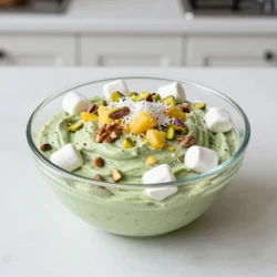 - 1 cup instant pistachio pudding mix - 1 ½ cups cold milk - 1 cup crushed pineapple, drained - 1 cup mini marshmallows - 1 cup whipped topping - ½ cup chopped walnuts or pecans - ½ cup shredded coconut - ¼ teaspoon almond extract Watergate Pistachio Salad has a mix of fun flavors and textures. The main ingredients shine with the rich taste of pistachio. The instant pudding mix and cold milk are key to making it creamy and thick. The crushed pineapple adds a sweet and tangy twist. It brings freshness to each bite. You can also add mini marshmallows for a fluffy texture. They provide a nice contrast to the creamy base. Nuts like walnuts or pecans give this salad a lovely crunch. They make the dish more exciting and tasty. If you want more flavor, consider adding shredded coconut. It adds a tropical touch. Almond extract can also enhance the taste with its nutty aroma. This salad is easy to make and fun to share. You can find many variations, but these ingredients are the heart of the dish. Each element works together to create a delightful experience. {{ingredient_image_1}} To start, grab a large mixing bowl. Add 1 cup of instant pistachio pudding mix. Pour in 1 ½ cups of cold milk. Use a whisk to mix them well. In about 2 minutes, you’ll see it thicken up nicely. This thickness is perfect for the salad base. Now, it’s time to add more flavor. Gently fold in 1 cup of drained crushed pineapple. Make sure it spreads evenly throughout the mix. Next, add 1 cup of mini marshmallows. Then, toss in ½ cup of chopped walnuts or pecans. If you want, you can also add ½ cup of shredded coconut. Keep folding gently until everything is well combined. For the final touch, carefully fold in 1 cup of whipped topping. This makes the salad light and fluffy. If you like, add ¼ teaspoon of almond extract for extra flavor. Mix gently so you keep that nice texture. Cover the bowl with plastic wrap. Place it in the fridge for at least 2 hours. This time helps all the flavors meld together. Before serving, give the salad a quick stir to refresh it. Enjoy your Watergate Pistachio Salad! For a great look, serve Watergate Pistachio Salad in a chilled glass bowl. This makes it look fancy and fresh. You can also add a touch of color to your dish. Top it with more chopped nuts and just a bit of whipped topping. A sprinkle of shredded coconut or a few whole pistachios can add a nice touch. These small details make a big difference in how your salad looks. If you want to switch it up, you can try using different flavors instead of almond extract. Vanilla extract works well and gives a nice taste. You can also try a bit of orange or coconut extract for a fun twist. For toppings, you can add fresh fruits like slices of banana or berries. These fruits not only taste great but also add color and freshness to your salad. One common mistake is overmixing the whipped topping. This can make your salad too thin and lose its light texture. Mix gently until everything is just combined. Another mistake is not allowing enough chilling time. Letting the salad chill for at least two hours helps the flavors blend. This also gives the salad a nice, firm texture that is fun to eat. Be patient; it’s worth the wait! Pro Tips Chill Your Ingredients: For a more refreshing salad, chill the pudding mix, milk, and whipped topping before mixing. This enhances the taste and texture! Variations on Nuts: Experiment with different nuts! Almonds or hazelnuts can provide a unique flavor twist that pairs beautifully with the pistachio. Make Ahead: This salad keeps well and can be made a day in advance. Just stir gently before serving to refresh its texture. Sweetness Check: Taste the salad before serving. If you prefer it sweeter, you can add a bit of powdered sugar or more mini marshmallows. {{image_2}} You can change the fruit in your Watergate Pistachio Salad. For example, try adding peaches or strawberries. These fruits add a fresh taste and vibrant color. You can also use fruit preserves for extra sweetness. Peach preserves or strawberry jam work great. Just mix them in when you add the whipped topping. If you need nut-free options, you can skip the walnuts or pecans. Instead, use sunflower seeds for crunch. For dairy-free choices, replace the milk with almond milk or coconut milk. Make sure to choose a dairy-free whipped topping. This way, everyone can enjoy the salad. Adding crunchy elements can elevate your salad. Consider tossing in some granola or crushed crackers. They give a nice contrast to the creamy mix. If you want a creamier texture, add more whipped topping. You can also mix in some yogurt for tang. Adjust according to your taste, and enjoy! Watergate Pistachio Salad lasts about 3 to 5 days in the fridge. To keep it fresh, store it in an airtight container. This helps maintain its flavor and texture. If you have leftovers, make sure to cover the bowl well. Also, try to keep it away from strong-smelling foods. You can freeze Watergate Pistachio Salad, but it can change in texture. To freeze, place it in a freezer-safe container. Make sure to leave some space at the top for expansion. Seal it tightly to prevent freezer burn. It’s best to eat frozen salad within 2 months. To thaw the salad, move it from the freezer to the fridge. Let it sit there for several hours or overnight. Avoid using a microwave to thaw, as it can ruin the texture. Once thawed, stir it gently before serving to mix everything back together. If it seems too thick, add a little cold milk to loosen it up. Watergate Pistachio Salad is a fun and creamy dish. It became popular in the 1970s. The name came from the Watergate Hotel, where the recipe first appeared. This salad has a bright green color from the pistachio pudding mix. It mixes sweet and nutty flavors, making it a delightful treat. You can enjoy it as a dessert or a side dish at gatherings. The mix of marshmallows, fruit, and nuts gives it a unique texture. Yes, you can make Watergate Pistachio Salad ahead of time! It tastes even better after chilling. I recommend making it a few hours before you serve it. You can also prepare it the night before. Just cover the bowl with plastic wrap and keep it in the fridge. This way, all the flavors blend well. Yes, Watergate Pistachio Salad is gluten-free. The main ingredients like pistachio pudding mix, milk, and fruit do not have gluten. Just make sure to check the packaging on your pudding mix. Some brands might have gluten. If you choose a gluten-free mix, your salad will be safe. This blog post covered how to make Watergate Pistachio Salad. We went over the main ingredients, mixing methods, and tips for serving. I also shared variations and storage tips to keep your salad fresh. In summary, this sweet treat is fun and easy to make. It can fit many tastes, thanks to its flexible ingredients. Enjoy experimenting with flavors and serving this tasty dish at your next gathering. Get ready to delight everyone with your delicious creation!
