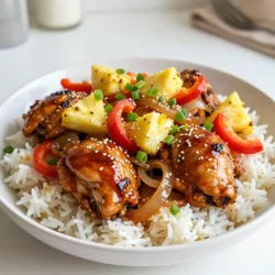 - 2 lbs boneless, skinless chicken thighs - 1 cup pineapple chunks (fresh or canned) - 1/2 cup low-sodium soy sauce - 1/4 cup brown sugar - 1/4 cup honey - 1 tablespoon ginger, minced - 2 cloves garlic, minced - 1 bell pepper, sliced (red or yellow for sweetness) - 1 onion, sliced - 1 tablespoon sesame oil - 2 green onions, chopped (for garnish) - Sesame seeds (for garnish) When measuring liquids like soy sauce or honey, use a liquid measuring cup. For sticky ingredients, like honey, coat the cup with cooking spray first. This helps it pour out easily. For dry ingredients, like brown sugar, use a dry measuring cup and pack the sugar down. This gives you the right amount for your dish. If you need to swap out some ingredients, here are a few ideas: - Use chicken breasts instead of thighs for a leaner option. - Maple syrup can replace honey for a different sweet taste. - Fresh ginger can be swapped with ground ginger if needed. - Use any bell pepper color you have on hand. Each adds a different flavor. - Coconut aminos can substitute soy sauce for a gluten-free option. {{ingredient_image_1}} Start by gathering your ingredients. You need soy sauce, brown sugar, honey, ginger, and garlic. In a medium bowl, mix the soy sauce, brown sugar, honey, minced ginger, and minced garlic. Stir until it blends well. This creates a sweet and tangy marinade. It adds great flavor to the chicken. Set the marinade aside for a moment. Now it’s time to get the crockpot ready. Place the boneless, skinless chicken thighs inside it. Pour the marinade over the chicken, making sure each piece is coated. Next, add the pineapple chunks, sliced bell pepper, and onion on top. These add sweetness and color to the dish. Finally, drizzle sesame oil over everything. This adds a rich, nutty flavor. Cover the crockpot and set it to low for 6-7 hours or high for 3-4 hours. The chicken will be tender when done. Once the cooking time is up, check the chicken. It should shred easily with a fork. If you want, take the chicken out and shred it using two forks. This helps it soak up more of the sauce. After shredding, return the chicken to the crockpot and mix it with the sauce. To serve, spoon the chicken over steamed rice or quinoa. Garnish it with chopped green onions and sesame seeds for a pretty finish. Enjoy your delicious Sweet Hawaiian Crockpot Chicken with your family! To make the best Sweet Hawaiian Crockpot Chicken, choose chicken thighs. They stay juicy and tender. Make sure to coat the chicken well with the marinade. This helps it soak up the flavors. Cook on low heat for 6-7 hours. For a quicker option, use the high setting for 3-4 hours. If you want shredded chicken, remove it after cooking. Use two forks to shred it. Then mix it back with the sauce. Adding pineapple chunks gives your dish a sweet twist. You can also try fresh ginger for a brighter taste. If you like more spice, add some red pepper flakes. A splash of lime juice at the end adds a nice zing. Feel free to experiment with different bell pepper colors. They not only add flavor but also make your dish look great. Serve the chicken over fluffy rice or quinoa. This lets the sauce soak in nicely. Top with chopped green onions and sesame seeds for crunch. For a fun touch, add a slice of pineapple on the side. You can even pair it with a tropical salad for a fresh contrast. Enjoy this meal with your family for a tasty dinner! Pro Tips Marinade for Maximum Flavor: Allow the chicken to marinate in the sauce for at least 30 minutes before cooking for more intense flavor. Use Fresh Ingredients: Opt for fresh pineapple and ginger for a brighter, more vibrant taste compared to canned versions. Adjust the Sweetness: Feel free to modify the amount of brown sugar and honey based on your preference for sweetness. Perfect Pairings: Serve with coconut rice or a side of steamed vegetables for a complete tropical meal experience. {{image_2}} You might want to change up the ingredients based on your dietary needs. Here are some easy swaps: - Chicken: Use boneless, skinless chicken breasts for a leaner option. - Soy Sauce: Try coconut aminos for a gluten-free choice. - Sugar: Replace brown sugar with maple syrup for a natural sweetener. - Pineapple: Use mango chunks if you prefer a different fruit. - Veggies: Add broccoli or snap peas for extra crunch and nutrients. You can also change how you cook this dish. Here are some ideas: - Instant Pot: Cook the chicken on high pressure for 15 minutes. - Oven: Bake at 350°F for about 40-45 minutes, covered with foil. - Stovetop: Sauté the chicken in a pan, then add the sauce and simmer until cooked through. Adjusting the flavors can make this dish even better. Consider these tweaks: - Spices: Add red pepper flakes for a spicy kick. - Citrus: Squeeze lime juice for a zesty twist. - Herbs: Toss in fresh cilantro or basil for a fresh taste. - Sweetness: If you like it sweeter, increase the honey or sugar a bit. These variations can help you enjoy Sweet Hawaiian Crockpot Chicken in new ways while keeping it delicious! After your meal, let the Sweet Hawaiian Crockpot Chicken cool. Place it in an airtight container. Store it in the fridge for up to three days. This keeps it fresh and safe to eat later. You can also put the chicken in a freezer-safe bag if you want to store it longer. To reheat, just take the chicken from the fridge. You can use the microwave or stovetop. For the microwave, heat it for about 1-2 minutes. Stir it halfway through to make sure it heats evenly. If using the stovetop, add a splash of water to keep it moist. Heat it over low heat until warm. If you want to freeze your chicken, place it in a freezer-safe bag. Remove as much air as you can before sealing. This helps prevent freezer burn. You can freeze it for up to three months. When ready to eat, thaw it in the fridge overnight before reheating. You should cook Sweet Hawaiian Crockpot Chicken for 6-7 hours on low heat. If you’re in a hurry, you can cook it on high for 3-4 hours. The chicken is ready when it is soft and easy to shred with a fork. Cooking it longer makes the chicken even more tender and flavorful. The low and slow method really lets the flavors blend well. Yes, you can use chicken breasts instead of thighs. Chicken breasts are leaner, so they cook faster. If you choose breasts, check them around the 3-hour mark on high heat or 5 hours on low. They might dry out if cooked too long. Thighs have more fat, which makes them juicy and rich. If you want a richer flavor, stick with thighs. Sweet Hawaiian Crockpot Chicken pairs well with steamed rice or quinoa. The rice soaks up the tasty sauce, making each bite delicious. You can also serve it with a fresh salad or stir-fried veggies for a balanced meal. For a fun twist, try it in tacos or on a bun. Add some chopped green onions and sesame seeds on top for a nice finish. This guide covered everything about making Sweet Hawaiian Crockpot Chicken. We discussed key ingredients, how to measure them, and possible substitutions. I shared step-by-step instructions for preparing the marinade and cooking the chicken in a crockpot. You now have tips to make it perfect and fun serving ideas. Feel free to explore variations for dietary needs. Store and reheat leftovers with ease. Use the FAQs for quick answers. Enjoy this tasty dish and impress your family!