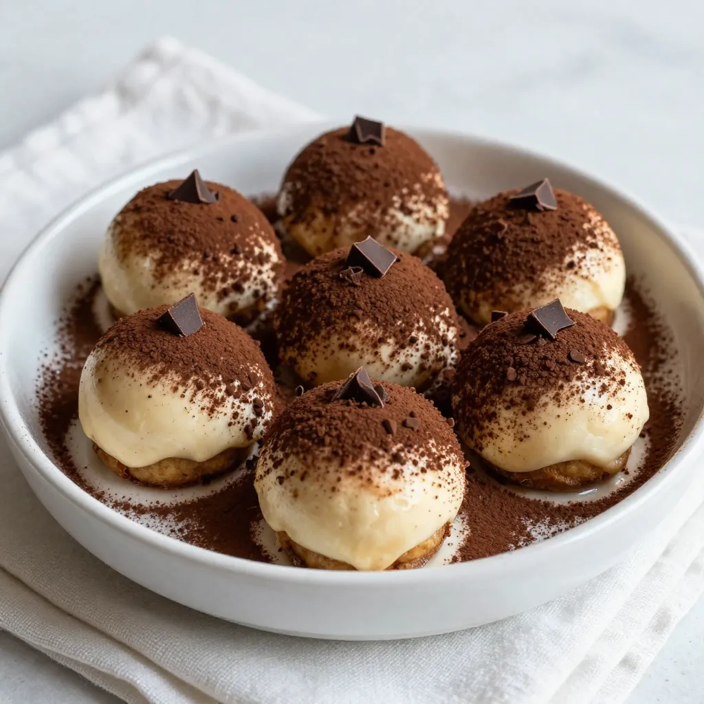 - 1 cup ladyfinger cookies, crushed - 1 cup mascarpone cheese - 1/2 cup heavy cream - 1/2 cup powdered sugar - 2 tablespoons strong brewed coffee, cooled - 1 teaspoon vanilla extract - 1/4 cup cocoa powder (for rolling) - Dark chocolate shavings (for garnish) The main ingredients create the base for Tiramisu Dessert Balls. Each adds unique flavors and textures. - Ladyfinger cookies give a spongy texture. They soak up coffee well. - Mascarpone cheese is rich and creamy. It adds a smooth mouthfeel. - Heavy cream helps create a light and fluffy mixture. - Powdered sugar sweetens the dessert. It mixes easily with cream. - Strong brewed coffee gives that classic tiramisu taste. Use cooled coffee for the best results. - Vanilla extract enhances the flavor. It adds warmth and sweetness. - Cocoa powder is used for rolling. It adds a rich chocolate flavor. - Dark chocolate shavings provide a nice garnish. They add elegance and extra flavor. - Chocolate sauce - Additional cocoa powder - Fresh mint leaves These garnishes can elevate your dessert. - Chocolate sauce adds a sweet drizzle. It makes the dish look fancy. - Additional cocoa powder can be dusted on top. It enhances the chocolate flavor. - Fresh mint leaves add a pop of color. They also provide a refreshing taste. Each ingredient works together to create an unforgettable treat. The balance of flavors and textures makes these dessert balls irresistible! {{ingredient_image_1}} - Mix crushed ladyfingers and coffee: In a medium bowl, add 1 cup of crushed ladyfinger cookies. Pour in 2 tablespoons of cooled, strong brewed coffee. Stir until the cookies soak up the coffee and become moist. This step adds great flavor to our dessert balls. - Prepare the whipped cream: In a large bowl, pour in 1/2 cup of heavy cream. Use a mixer to whip it until you see soft peaks. Gradually add 1/2 cup of powdered sugar, then whip until stiff peaks form. This makes the dessert light and fluffy. - Combine mascarpone and whipped cream: Now, add 1 cup of mascarpone cheese and 1 teaspoon of vanilla extract to the whipped cream. Gently fold the mixture until it is smooth and well-combined. Be careful, so you don’t deflate the cream. - Incorporate the moistened mixture: Take the moist ladyfinger mixture and add it to the mascarpone blend. Fold it gently until everything is mixed well and no cookie bits are visible. This ensures every bite is tasty. - Scoop and roll into balls: Use your hands to scoop out about 1 tablespoon of the mixture. Roll it into a ball shape. Repeat this step until all the mixture is shaped into balls. - Coat with cocoa powder: Take 1/4 cup of cocoa powder in a shallow bowl. Roll each dessert ball in the cocoa powder until it is fully coated. This adds a rich chocolate flavor and looks nice too. Now you have some delicious Tiramisu Dessert Balls ready to chill in the fridge for at least 2 hours! To whip cream correctly, start with cold heavy cream. Use a clean bowl and beaters. Whip on medium speed until soft peaks form. This means the cream holds its shape but still bends at the tip. Slowly add powdered sugar while whipping. Continue until you see stiff peaks. The cream should feel thick and smooth. For the mixture to bind well, combine the crushed ladyfingers with brewed coffee first. Mix until the cookies are moist but not soggy. Then, fold this mix into the whipped cream gently. Be careful not to deflate the whipped cream. You want a fluffy, airy texture in your dessert balls. When arranging the dessert for serving, think about a nice display. Use a decorative box or a pretty platter. Place the Tiramisu Dessert Balls in rows or a circle. Dust the platter with cocoa powder for a rich look. Drizzling chocolate sauce adds a touch of elegance too. For garnishing ideas, top each ball with dark chocolate shavings. This adds a nice crunch and extra flavor. You can also sprinkle a bit more cocoa powder on top for a beautiful finish. Fresh mint leaves can add a pop of color and freshness. Pro Tips Chill the Mixture: Make sure to chill the mascarpone and heavy cream before mixing to achieve a light and fluffy texture. Quality Coffee Matters: Use high-quality, freshly brewed coffee for the best flavor infusion in the dessert balls. Rolling Technique: Wet your hands slightly when rolling the balls to prevent the mixture from sticking to your palms. Make Ahead: These dessert balls can be made a day in advance; they actually taste better after a night in the fridge! {{image_2}} You can change the flavor of your Tiramisu Dessert Balls easily. Try using coffee liqueur or a shot of espresso instead of brewed coffee. This gives your dessert a deeper coffee taste. You can also experiment with flavored mascarpone. Chocolate or orange mascarpone adds a fun twist. These simple swaps can take your dessert to the next level. If you want a lighter treat, swap out the mascarpone for low-fat mascarpone or whipped cream. This change cuts some calories without losing flavor. For those needing gluten-free options, look for gluten-free ladyfinger cookies. They work just as well and keep the dessert delicious. These alternatives let you enjoy Tiramisu Dessert Balls while sticking to your dietary needs. To store leftovers, place the Tiramisu Dessert Balls in an airtight container. This keeps them fresh and prevents them from drying out. If you have some left, they can last in the fridge for up to four days. Make sure to layer them gently with parchment paper if stacking. This will avoid any damage to the delicate chocolate coating. You can freeze the dessert balls either before or after rolling. If you freeze them before, shape the mixture into balls. Then place them on a baking sheet and freeze for an hour. After that, transfer them to a freezer-safe bag. If you prefer to roll them in cocoa powder first, do that after they’ve thawed. For thawing, let the balls sit in the fridge overnight. This helps maintain their soft texture. Avoid defrosting them in the microwave, as this can spoil the tasty layers. Can I make Tiramisu Dessert Balls in advance? Yes, you can make these dessert balls a day ahead. It helps the flavors blend well. Just store them in the fridge until you are ready to serve. How long do they last in the fridge? Tiramisu Dessert Balls last up to 4 days in the fridge. Keep them in a sealed container to keep them fresh. What can I substitute for mascarpone cheese? If you can't find mascarpone, use cream cheese mixed with a bit of sour cream. This mix gives a similar creamy texture and flavor. Best pairings for Tiramisu Dessert Balls These dessert balls pair well with fresh berries or a drizzle of chocolate sauce. A cup of coffee or espresso enhances the coffee flavor too. How to serve at parties or gatherings Arrange the Tiramisu Dessert Balls on a nice platter. You can dust them with cocoa powder and add chocolate shavings for a fun look. Guests will love these bite-sized treats! You learned about making Tiramisu Dessert Balls from start to finish. We covered the key ingredients, preparation steps, and tips for the best texture. Variations allow you to make it your own, and proper storage ensures freshness. Remember, making these dessert balls is simple and fun. You can impress friends at any gathering. Try different flavors, garnishes, and presentations to suit your taste. Enjoy creating a dessert that is both delicious and easy to share!