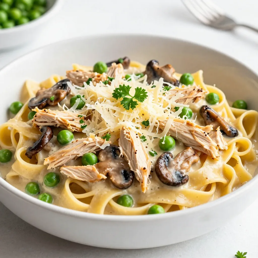 - 12 ounces fettuccine pasta - 2 cups cooked chicken, shredded - 1 cup mushrooms, sliced - 1 cup frozen peas - 1 cup grated Parmesan cheese - 1 cup cream (or coconut milk for a dairy-free option) - 1 cup chicken broth - 1/2 cup onion, finely chopped - 2 cloves garlic, minced - 3 tablespoons butter - 1 tablespoon olive oil - 1 teaspoon dried thyme - 1 teaspoon garlic powder - Salt and pepper to taste - Fresh parsley for garnish In this recipe, you will need fettuccine pasta as the base. This pasta type holds the creamy sauce well. You should also have cooked chicken, which adds protein and flavor. Use shredded chicken for easy mixing. Next, let's talk about the mushrooms. These add a nice texture and earthiness. Peas bring a pop of color and sweetness. Parmesan cheese gives the dish its rich, savory flavor. You can use cream for a rich sauce, or coconut milk if you want a dairy-free option. Chicken broth keeps the sauce balanced and adds depth. Onions and garlic create a fragrant base for the dish. Butter and olive oil help sauté the veggies and add richness. Finally, you'll want dried thyme and garlic powder for herbs and seasoning. Salt and pepper are essential to bring out all the flavors. Don’t forget fresh parsley for garnish; it makes the dish look vibrant and fresh. Each ingredient plays a key role in making creamy chicken tetrazzini a comforting meal. {{ingredient_image_1}} - Bring a large pot of salted water to a boil. - Add 12 ounces of fettuccine pasta and cook for 8-10 minutes. - Drain the pasta and set it aside for later. - In a large skillet, heat 1 tablespoon of olive oil and 3 tablespoons of butter over medium heat. - Add 1/2 cup of finely chopped onion and sauté until it turns translucent, about 3-4 minutes. - Next, add 1 cup of sliced mushrooms and 2 cloves of minced garlic. Cook for another 5 minutes until the mushrooms become soft. - Reduce the heat to low. Sprinkle in 1 teaspoon of dried thyme, 1 teaspoon of garlic powder, and salt and pepper to taste. - Pour in 1 cup of cream and 1 cup of chicken broth, stirring until well combined. - Fold in 1 cup of frozen peas and cook for 2-3 more minutes until they are heated through. - In the skillet, add 2 cups of shredded cooked chicken to the sauce mixture. Stir well to combine. - Gently fold in the cooked fettuccine until the pasta is evenly coated with the creamy sauce. If it seems too thick, add a little more chicken broth or cream to reach your desired consistency. - Preheat your oven to 350°F (175°C). - Transfer the tetrazzini mixture to a greased 9x13 inch baking dish. - Sprinkle 1 cup of grated Parmesan cheese evenly over the top. Dot with the remaining 2 tablespoons of butter, cut into small pieces. - Bake for 20-25 minutes until the top is golden and bubbling. - Remove the dish from the oven and let it cool slightly. - Garnish with chopped fresh parsley before serving. Enjoy your creamy chicken tetrazzini! To adjust the creaminess of your sauce, use chicken broth. Adding more broth gives a lighter texture. If you want a richer flavor, stick to heavy cream. Fresh herbs can lift the taste. Try thyme, parsley, or basil for a bright finish. Fresh herbs make each bite burst with flavor. Cook your fettuccine until it’s al dente. This gives a nice bite to the dish. Plan to boil pasta and prepare the sauce at the same time. This way, both parts are hot and ready to mix. Timing helps the sauce coat the pasta better. Serve your creamy chicken tetrazzini with garlic bread. The crunch of bread balances the creamy dish. A side salad also works well, adding freshness. This meal shines when served warm. Enjoy it straight from the oven for the best taste! Pro Tips Use Fresh Herbs: Fresh thyme or parsley can elevate the flavor of your tetrazzini. Add them just before serving for a burst of freshness. Experiment with Cheese: While Parmesan is traditional, feel free to mix in other cheeses like mozzarella or cheddar for a different flavor profile. Make it Ahead: This dish can be prepared in advance and stored in the refrigerator. Just bake it when you're ready to serve for a quick meal. Customize the Veggies: Add other vegetables like bell peppers or spinach to the mix for added nutrition and color. {{image_2}} You can change up the protein in your chicken tetrazzini. If you want a twist, try using turkey or ham instead of chicken. This adds a new flavor while keeping it simple. For a vegetarian option, add more veggies like bell peppers, zucchini, or spinach. This way, you can enjoy the same creamy goodness while keeping it meat-free. Your sauce can also change the dish. Instead of using a heavy cream sauce, try using Alfredo or mushroom sauce. Both options bring their own rich taste. You can also experiment with different types of cheese. Try adding Gouda for a smoky flavor or a mix of cheeses for a complex taste. The options are endless! If you need a gluten-free meal, swap the fettuccine pasta for gluten-free pasta. There are many great options available, so you won’t miss out on taste. For a dairy-free version, use coconut milk for the cream. It keeps the dish creamy while being friendly to your diet. Enjoy this comforting meal without worry! To store your Creamy Chicken Tetrazzini, place it in airtight containers. This keeps it fresh. I recommend eating it within three days for the best taste. If you want to freeze it, prepare the dish before baking. Don't bake it yet! Cover it tightly and freeze. When ready to eat, thaw it in the fridge overnight. This way, it cooks evenly. When you're ready to enjoy leftovers, use an oven or a microwave. Cover the dish to keep moisture in. This helps the dish stay creamy and tasty. Yes, you can use rotisserie chicken. It saves time and adds great flavor. Simply shred the chicken. Mix it into the dish just like you would with cooked chicken. To add spice, use crushed red pepper or your favorite hot sauce. Start small, then taste. Adjust the heat to your liking. Yes, you can prepare Chicken Tetrazzini in advance. Cook everything and layer it in a dish. Cover it and store it in the fridge. Bake it the next day. Yes, you can use alternatives like coconut milk or a dairy-free cream. These options keep it creamy and rich. I recommend serving Garlic bread or a fresh salad. These sides enhance the meal and balance the flavors. This Chicken Tetrazzini recipe is easy and full of flavor. You learned how to cook pasta, sauté veggies, and create a creamy sauce. Don’t forget the fun of adding your own twist! Try different proteins or sauces for variety. Store leftovers well, and they can be just as tasty later. Enjoy this dish warm with your favorite sides. Cooking can be simple and enjoyable. Experimenting with flavors makes every meal better. Your kitchen is now a place for tasty adventures!
