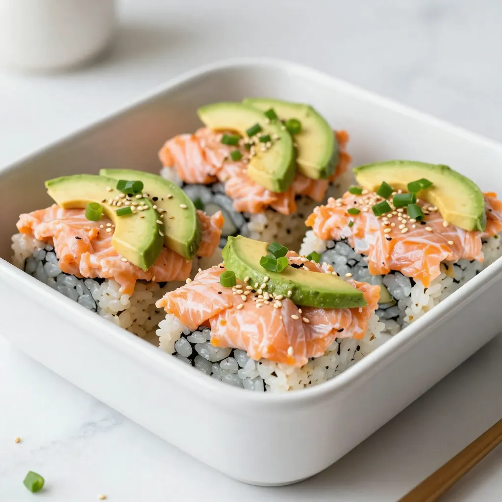 - 2 cups sushi rice - 1 pound fresh salmon fillet - 1/4 cup rice vinegar - 2 tablespoons sugar - 1 teaspoon salt - 2 1/2 cups water - 1 tablespoon sriracha - 2 tablespoons mayonnaise - 1 teaspoon soy sauce - 1/2 teaspoon sesame oil When making Spicy Salmon Sushi Bake, start with sushi rice. It gives the dish its base. Rinse the rice until the water runs clear. This step helps remove excess starch. Then, cook the rice with water in a rice cooker. You will need 2 cups of sushi rice and 2 1/2 cups of water. Next, for the salmon, choose a fresh fillet. Remove the skin before mixing. Flake it into a bowl. Add seasoning to the salmon. I like to use sriracha, mayonnaise, soy sauce, and sesame oil. These add great taste and a little heat. - 1 avocado, sliced - Pickled ginger - Wasabi Adding avocado gives a creamy texture. Slice it thinly and place it on top. Also, consider serving pickled ginger and wasabi. These add a nice kick to each bite. - 1/4 cup green onions, chopped - Sesame seeds For garnish, sprinkle chopped green onions and sesame seeds on top. These not only look good but add flavor too. Use fresh green onions for the best taste. Sesame seeds give a nice crunch. Gather these ingredients, and you're ready to create a delicious Spicy Salmon Sushi Bake! {{ingredient_image_1}} Start by rinsing the sushi rice. Wash it under cold water until the water runs clear. This helps remove excess starch. Next, combine the rice and water in a rice cooker. Cook the rice according to the cooker’s instructions. When finished, let the rice sit for about 10 minutes to firm up. Now, we need to season the rice. In a small saucepan, mix rice vinegar, sugar, and salt. Heat this mixture on low until it dissolves. Once done, gently fold this seasoning into the cooked rice. Spread the rice on a baking sheet to cool completely. Next, we prepare the salmon mix. Preheat your oven to 400°F (200°C). In a mixing bowl, add the fresh salmon fillet. Then, add sriracha, mayonnaise, soy sauce, and sesame oil. Use a fork to flake the salmon. Stir until everything is well combined. This mix is where the flavor comes from. Now, it’s time to assemble the bake. Grab a baking dish and spread the seasoned sushi rice evenly at the bottom. Top the rice with the spicy salmon mixture. Make sure to spread it out smoothly. Place the baking dish in the preheated oven. Bake for about 15 to 20 minutes. The salmon should be cooked through and the top should look slightly golden. After baking, remove the dish from the oven. Add sliced avocado, chopped green onions, and a sprinkle of sesame seeds on top. Cut the sushi bake into squares. Serve with nori squares on the side and add pickled ginger and wasabi for a zing! To make great sushi rice, rinse it well. Rinse the rice until the water runs clear. This helps remove excess starch. Not rinsing can make your rice sticky and gummy. Cook the rice according to your rice cooker. Let it sit for ten minutes after cooking. This step helps the rice become fluffy and tender. You can customize the heat in your sushi bake. If you like it spicy, add more sriracha. Start with one tablespoon, then taste it. You can always add more if you want. For less heat, use less sriracha. Mixing in some mayonnaise can also help cool it down. A beautiful dish makes it more fun to eat. After baking, top it with sliced avocado. Sprinkle chopped green onions and sesame seeds on top. This adds color and texture. You can also serve it with nori squares for wrapping. Adding pickled ginger and wasabi on the side gives extra flair. Pro Tips Use Short Grain Rice: Sushi rice is typically short grain, which becomes sticky when cooked. This helps it hold together better in the bake. Adjust Spice Level: If you prefer a milder flavor, reduce the amount of sriracha in the salmon mixture. You can always add more on top when serving. Add Crunch: For added texture, consider mixing in some crispy tempura flakes on top before baking for a delightful crunch. Storage Tips: Leftovers can be stored in an airtight container in the fridge for up to 2 days. Reheat in the oven for a few minutes to restore texture. {{image_2}} If you want to switch up your sushi bake, you can use other fish. Tuna is a great choice. It has a nice flavor and cooks well. You can also try using mackerel or cod. Both add a unique taste to the dish. If you pick fresh fish, make sure it is sushi-grade. This keeps it safe to eat raw. You can easily make this dish plant-based. Instead of fish, use marinated tofu or tempeh. Both options soak up flavors well. For a seafood-like taste, use plant-based crab or shrimp. There are many brands available. You can also add more veggies like bell peppers or zucchini for extra color and crunch. Get creative with the flavors! You can add more spices to the salmon mix. Try garlic powder, ginger, or even chili flakes. You might like a drizzle of hoisin sauce for sweetness. For a fresh taste, add lime juice or cilantro on top. These toppings make the dish more exciting and tasty! To keep your Spicy Salmon Sushi Bake fresh, store leftovers in an airtight container. Place it in the fridge within two hours of cooking. This helps prevent bacteria growth. You can enjoy the leftovers for up to three days. Make sure to cover the dish well to prevent moisture loss. When reheating, I recommend using an oven. Preheat it to 350°F (175°C). Place the sushi bake in a baking dish and cover it with foil. This keeps the top from burning. Heat for about 15 minutes, or until warm. You can also use a microwave, but the texture may not be as good. Heat in short bursts, checking often. If you want to freeze the sushi bake, first let it cool completely. Cut it into squares for easy servings. Wrap each piece tightly in plastic wrap and then in aluminum foil. This helps prevent freezer burn. Store in the freezer for up to three months. To thaw, place in the fridge overnight before reheating. You can pair your sushi bake with several tasty side dishes. Here are some ideas: - Edamame: These are fun to eat and full of protein. - Seaweed salad: It adds a fresh, crunchy bite. - Miso soup: A warm soup balances the meal well. - Pickled vegetables: They give a nice tangy flavor. - Cucumber salad: This adds a cool and crunchy texture. These sides enhance your sushi bake and create a lovely meal. Yes, you can prep parts of this dish ahead. Here are some tips: - Cook the sushi rice a day before. Store it in the fridge. - Prepare the salmon mix and keep it in the fridge for up to two days. - Assemble everything right before you bake it. This keeps the rice fresh. Making it ahead saves time and lets you enjoy the meal more. You can check the salmon in a few simple ways: - Look for a light pink color. It should be opaque, not translucent. - Use a fork to flake the salmon. It should separate easily. - The cooking time is about 15-20 minutes at 400°F (200°C). These signs show that your salmon is cooked and ready to enjoy! This article covered key ingredients for a Spicy Salmon Sushi Bake, from sushi rice to garnishing options. I shared step-by-step instructions, tips for perfecting your rice, and ways to customize your flavors. You can store leftovers correctly or try different variations, whether vegan or with other fish. With these insights, you can create a delicious and exciting dish. Enjoy your cooking journey!