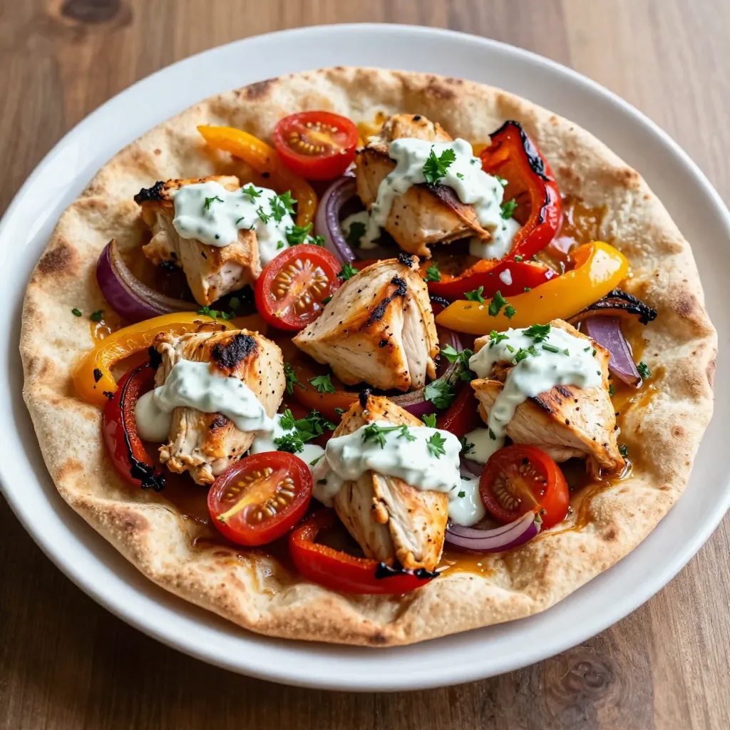 - 1 lb boneless, skinless chicken thighs - 2 tablespoons olive oil - 4 whole wheat pitas - 1 cup cherry tomatoes - 1 teaspoon smoked paprika - 1 teaspoon garlic powder - 1 teaspoon ground cumin - 1 teaspoon salt - 1/2 teaspoon black pepper - 1 red bell pepper, sliced - 1 yellow bell pepper, sliced - 1 red onion, sliced - 1/4 cup fresh parsley, chopped - Tzatziki sauce for serving When I make these savory sheet pan chicken pitas, I start with fresh, high-quality ingredients. The chicken thighs are key. They stay juicy and tender, even when roasted. Olive oil adds richness and helps the spices stick. The spices really bring the flavor. Smoked paprika gives a nice, smoky taste. Garlic powder adds warmth, and cumin brings a hint of earthiness. Salt and pepper round it all out. I love the colors and crunch from the veggies. Red and yellow bell peppers add sweetness. The red onion provides a slight bite. Cherry tomatoes burst with juice when roasted. Lastly, fresh parsley adds a bright finish. Don't forget the tzatziki! This cool sauce makes each bite special. It balances the spices and adds creaminess. Enjoy these pitas warm for a quick and tasty meal. {{ingredient_image_1}} - Preheat the oven to 425°F (220°C). - Prepare the chicken and vegetables. Start by cutting the chicken thighs into bite-sized pieces. Slice the red and yellow bell peppers, and the red onion. Set them aside. - Marinate the chicken. In a large bowl, mix the chicken with olive oil, smoked paprika, garlic powder, ground cumin, salt, and black pepper. Toss until the chicken is well coated. - Arrange on the sheet pan. Spread the marinated chicken in one layer on a large sheet pan. Place the sliced bell peppers and red onion around the chicken. - Roast and stir halfway through. Cook in the preheated oven for 20 to 25 minutes. Stir the mixture halfway through for even cooking. The chicken should be fully cooked, and the vegetables should be tender. - Warm the pitas in a skillet. Use medium heat to warm each pita for about 1 to 2 minutes on each side. They should be slightly crispy and easy to fold. - Fill with the chicken and vegetable mixture. Open each warm pita and fill it with the roasted chicken and veggies. - Drizzle with tzatziki and serve. Finish by adding tzatziki sauce and a sprinkle of fresh parsley. Enjoy your delicious meal right away! To ensure even cooking, cut the chicken into small, bite-sized pieces. This helps them cook through at the same time. Spread the chicken and veggies in a single layer on the sheet pan. Don’t crowd them; this keeps everything crispy. Marinating the chicken is very important. It lets the spices soak in, giving your dish great flavor. Mix the chicken with olive oil and spices right before cooking. Letting it sit for even 15 minutes makes a difference! Pair your pitas with simple sides like a fresh salad or roasted potatoes. These sides add color and nutrition to your meal. A light yogurt dip or hummus also makes a tasty addition. For toppings, add fresh herbs like parsley or cilantro. Crumbled feta cheese or sliced olives can boost the flavor. Don't forget the tzatziki sauce; it adds creaminess and a cool touch. For meal prep, chop the chicken and veggies the night before. Store them in the fridge in separate containers. This cuts down on cooking time when you are ready to eat. When warming leftovers, place them in the oven at 350°F (175°C) for about 10 minutes. This makes them hot and tasty again. You can also microwave them for 1-2 minutes, but they may not be as crispy. Pro Tips Marinate the Chicken: For even more flavor, marinate the chicken for at least 30 minutes or up to overnight in the refrigerator before cooking. Veggie Variations: Feel free to add or substitute other seasonal vegetables such as zucchini or asparagus for a different flavor profile. Perfect Pita: To keep your pitas warm and soft, wrap them in a clean kitchen towel after warming them in the skillet. Meal Prep Friendly: This recipe is great for meal prep; just store the filling separately from the pitas to maintain their texture until ready to eat. {{image_2}} You can switch the chicken for other proteins. Chicken breasts work well if you prefer white meat. For a plant-based option, try tofu. It absorbs flavors nicely. You can also use beef or shrimp. Beef strips will add a hearty touch. Shrimp cooks fast, so watch it closely. Each protein will change the dish's flavor and texture. Feel free to change the veggies! Different colored bell peppers can brighten up your plate. You could use green, orange, or even purple peppers. Adding zucchini or mushrooms gives more flavor and nutrition. Both add moisture, making the pitas juicy. Consider using spinach or kale for extra greens. To spice things up, try different seasonings. Add cayenne for heat or oregano for a Mediterranean twist. You can also mix in garlic or onion powder for depth. For a homemade tzatziki, mix yogurt with grated cucumber, garlic, and lemon juice. This fresh sauce pairs well with the warm chicken and veggies. To store your leftover pitas, first let them cool down. Place them in an airtight container. This keeps them fresh. You can store them in the fridge for up to three days. You can freeze the assembled pitas for later. Wrap each pita tightly in plastic wrap. Then, place them in a freezer bag. They can last for about three months. When ready to eat, thaw them in the fridge overnight. Reheat in the oven or a skillet until warm. Always avoid cross-contamination. Use separate cutting boards for raw chicken and veggies. Check for spoilage signs like off smells or discoloration. If you see these signs, it is best to throw them away. You can store sheet pan chicken pitas in the fridge for up to four days. Keep them in an airtight container. This helps maintain their flavor and texture. If you want to keep them longer, consider freezing them. They can last for up to three months in the freezer. When ready to eat, thaw them overnight in the fridge. Reheat in the oven to bring back their crispy edges. Yes, you can make this recipe without a sheet pan. Use a large skillet instead. Just cook the chicken and veggies over medium heat. Stir often for even cooking. Alternatively, you can use a cast-iron skillet or even an air fryer. If using an air fryer, adjust the time to about 15-20 minutes at 400°F (200°C). The key is to ensure the chicken is cooked through and the veggies are tender. If you want to switch up the tzatziki sauce, you have options. Try using hummus for a creamy, savory flavor. You can also use plain yogurt mixed with lemon juice and herbs. Another tasty option is a spicy salsa or a garlic sauce. Each choice adds a different twist to your chicken pitas. Feel free to experiment and find your favorite! This recipe for sheet pan chicken pitas is easy and delicious. We covered the best ingredients, step-by-step cooking, and serving tips. Remember to marinate your chicken for flavor and keep veggies fresh. You can also make swaps for proteins or veggies based on your taste. This dish is great for meal prep and easy to store. Enjoy your tasty pitas with tzatziki or your favorite sauce. Try it out and make it your own!