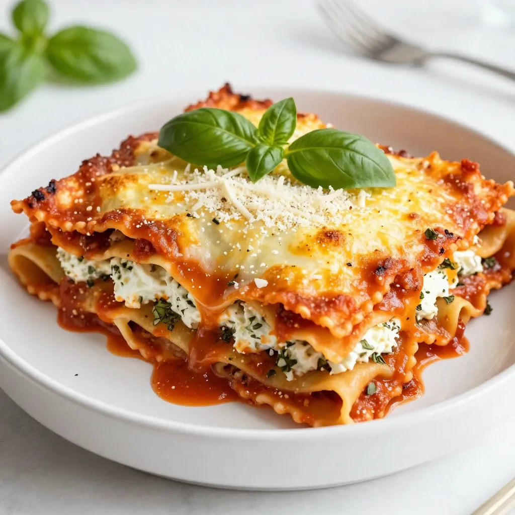 - 1 (24-ounce) jar marinara sauce - 2 cups ricotta cheese - 1 (16-ounce) package frozen cheese ravioli - 3 cups shredded mozzarella cheese - 1/2 cup grated Parmesan cheese - 1 teaspoon dried oregano - 1 teaspoon garlic powder - 1/2 teaspoon salt - 1/2 teaspoon black pepper The main ingredients for this dish create a rich and filling meal. The marinara sauce gives it a classic Italian flavor. Ricotta cheese adds creaminess, while frozen cheese ravioli makes it easy. Using a mix of mozzarella and Parmesan cheese brings great taste and texture. Mozzarella melts well, giving that gooey stretch we love. Parmesan adds a nice salty kick and depth. For spices, dried oregano and garlic powder add warmth and earthiness. Salt and pepper enhance the dish's overall flavor. Each ingredient plays a key role in this easy dinner. {{ingredient_image_1}} - Mixing the Ricotta Mixture In a medium bowl, combine 2 cups of ricotta cheese with 1 teaspoon of dried oregano, 1 teaspoon of garlic powder, 1/2 teaspoon of salt, and 1/2 teaspoon of black pepper. Stir until it is well mixed and set it aside. - Spraying the Crockpot Take your crockpot and spray the inside with cooking spray. This will help keep the lasagna from sticking and make cleanup easier. - First Layer of Marinara Sauce Start by spreading a layer of marinara sauce at the bottom of your crockpot. Use about one-third of the jar (around 8 ounces). This layer gives the ravioli a nice sauce to cook in. - Subsequent Layers Process Add one-third of the frozen ravioli on top of the sauce. Then, spread half of the ricotta mixture over the ravioli. Sprinkle one-third of the shredded mozzarella cheese on top. Repeat these layers: marinara sauce, remaining ravioli, rest of the ricotta, and another third of mozzarella. Finish with a final layer of marinara sauce. Top that with the rest of the mozzarella and sprinkle grated Parmesan cheese over it. - Setting the Time and Temperature Cover the crockpot with its lid. Set it to cook on low for 4 to 5 hours. The ravioli should be cooked through, and the cheese will be melted and bubbly. - Final Steps Before Serving When the cooking time is up, turn off the crockpot. Let it sit for about 10 minutes before serving. This helps everything set nicely. If you want, add fresh basil leaves on top for a pop of color and flavor. - Presentation Tips: Serve the ravioli lasagna straight from the crockpot. Use bowls for each serving. Add a sprinkle of extra Parmesan cheese on top. This makes it look even more delicious! - Garnishing with Fresh Basil: Fresh basil leaves can brighten your dish. Just add them right before serving. They add color and a lovely aroma. - Ensuring Even Cooking: Stir the layers gently after a few hours. This helps the heat spread evenly. You want all ravioli to cook well, so check the edges too. - Adjusting Cooking Time for Frozen Ravioli: If you use frozen ravioli, keep the cooking time in mind. It usually takes about 4 to 5 hours on low. If your crockpot runs hot, check sooner. - Not Prepping the Crockpot: Always spray the inside with cooking spray. This prevents sticking. If you skip this step, your lasagna may not come out easily. - Incorrect Layering Technique: Layering matters for cooking. Start with sauce, then ravioli, followed by the cheese mixture. Follow this order for the best results. Mixing up the order can lead to uneven cooking. Pro Tips Layering is Key: Make sure to layer the ingredients evenly to ensure the ravioli cooks properly and the flavors meld together beautifully. Use Quality Marinara: The flavor of your lasagna will largely depend on the marinara sauce you choose, so opt for a high-quality brand or homemade sauce for the best results. Experiment with Add-Ins: Feel free to customize your lasagna by adding vegetables like spinach or mushrooms, or even cooked ground meat for extra flavor and texture. Let it Rest: Allow the lasagna to sit for about 10 minutes after cooking before serving. This helps the layers set, making it easier to dish out and enhancing the overall presentation. {{image_2}} You can mix up your Crockpot Ravioli Lasagna by using different types of ravioli. Try mushroom, spinach, or even butternut squash ravioli. Each variety adds a unique taste. You can also add vegetables like spinach or zucchini for extra nutrition. Chop the veggies and layer them in between the ravioli. This adds color and flavor. If you're looking for dairy-free cheese options, there are many available. Brands like Daiya or Kite Hill offer good choices. You can also experiment with different cheese combos. Blend mozzarella with provolone or gouda for a new twist. Each cheese brings its special flavor to the dish. To give your lasagna a kick, add red pepper flakes. This adds heat without overpowering. You can also include Italian sausage or ground beef for a heartier meal. Brown the meat first and mix it with the marinara sauce. This adds depth and richness to the overall flavor. To store leftovers, let your Crockpot Ravioli Lasagna cool first. Place it in an airtight container. This keeps the flavors fresh. You can also cover the crockpot with a lid if you plan to eat it soon. For the best taste, eat leftovers within 3 to 5 days. Make sure your fridge stays at 40°F or below for safety. You can freeze portions for later use. Cut the lasagna into single servings. Wrap each piece in plastic wrap, then place it in a freezer-safe bag. This helps prevent freezer burn. To reheat from frozen, take a portion out and let it thaw overnight in the fridge. Then, heat it in the oven at 350°F for about 20 to 25 minutes. You can also microwave it, but this may change the texture. Keep ingredients fresh by storing them properly. For cheese, wrap it in wax paper and then in plastic wrap. This allows it to breathe while staying moist. For sauces, store them in glass jars. Make sure to leave some space at the top for expansion. This method keeps them flavorful for longer. For long-term storage, consider vacuum sealing dry ingredients. This keeps air out and helps them last for months. Cooking Crockpot Ravioli Lasagna takes about 4 to 5 hours on low heat. The exact time can vary based on your crockpot model. Each crockpot heats differently, so check your dish as it cooks. Factors that affect cooking time include: - The type of crockpot you use - The thickness of the layers - The temperature of your ingredients Yes, you can use fresh ravioli! Fresh ravioli cooks faster than frozen ravioli. This change can make your dish even more delicious. However, keep in mind: - Fresh ravioli may need less cooking time. - You might want to reduce cooking time to about 3 hours on low. Yes, layering is important for the best flavor and texture. It helps the ravioli cook evenly and absorb the sauce. You can layer in this way: - Start with a layer of marinara sauce. - Follow with ravioli, ricotta, and mozzarella. - Repeat this until you run out of ingredients. If you want to try different methods, you can mix the ingredients together before layering. This can add a unique twist to the dish! In this article, we covered making a delicious Crockpot Ravioli Lasagna. We explored key ingredients, including marinara sauce, ricotta cheese, and frozen ravioli. You learned step-by-step instructions, tips for even cooking, and common mistakes to avoid. I shared variations to customize your dish and storage tips to keep it fresh. Remember, cooking should be fun and flexible. Experiment with flavors and ingredients. Enjoy your tasty creation with friends and family!