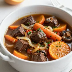- Beef and Vegetables - 2 lbs beef chuck, cut into 1-inch cubes - 4 large carrots, sliced - 2 medium onions, diced - 3 cloves garlic, minced - 8 oz mushrooms, sliced - Seasonings and Sauces - 2 cups beef broth - 2 tablespoons tomato paste - 2 teaspoons dried thyme - 2 bay leaves - 1 teaspoon paprika - Salt and pepper to taste - 1 tablespoon olive oil - Garnishing Options - Fresh parsley, chopped For this dish, I use beef chuck. It has great flavor and tenderness when slow-cooked. The carrots, onions, and garlic add sweet notes. The mushrooms bring earthiness to the dish. Seasonings like thyme and bay leaves give depth to the sauce. Tomato paste adds richness and body. To finish, I garnish with fresh parsley for color. This recipe is simple. Each ingredient plays a key role in making a warm, comforting meal. {{ingredient_image_1}} - Browning the Meat Steps Start by cutting the beef chuck into 1-inch cubes. This size helps it cook evenly. In a large skillet, heat 1 tablespoon of olive oil over medium-high heat. Season the beef with salt and pepper. Brown the beef in batches. Make sure to sear all sides. This step adds rich flavor to your dish. - Transferring to the Slow Cooker Once browned, transfer the beef to your slow cooker. Use a slotted spoon to leave excess fat behind. This keeps your dish lighter and more flavorful. - Timing and Techniques In the same skillet, add diced onions, sliced carrots, and minced garlic. Sauté these vegetables for about 5 minutes. You want the onions to turn translucent. This step builds a nice base for your dish. - Vegetable Mixture Explanation The mixture of onions, carrots, and garlic adds sweetness and depth. Each ingredient plays a key role in the final flavor. After sautéing, add these vegetables to the slow cooker with the beef. - Combining Liquids and Seasonings In a bowl, mix 2 cups of beef broth, 2 tablespoons of tomato paste, 2 teaspoons of dried thyme, 2 bay leaves, and 1 teaspoon of paprika. This mix creates a rich sauce that enhances the beef. - Pouring Over the Ingredients Pour this sauce over the beef and vegetables in the slow cooker. Make sure everything is covered well. This ensures that every bite is packed with flavor. - Low vs. High Heat Settings Cover your slow cooker. You can choose between low or high heat settings. For a tender result, I recommend cooking on low heat. - Expected Cooking Duration Plan for 6 to 8 hours on low, or 3 to 4 hours on high. The longer cooking time allows flavors to meld well. - Taste Testing for Seasoning After cooking, taste your dish. Adjust seasoning with salt and pepper if needed. This step is key for a balanced flavor. - Removing Bay Leaves Before Serving Don’t forget to remove the bay leaves before serving. They add flavor but are not good to eat. Ladle the beef bourguignon into bowls and enjoy! - Achieving Perfect Searing: To get the best flavor, always brown the beef first. Heat your skillet until it's hot. This helps create a nice crust. Don’t overcrowd the pan. Brown the meat in batches for even cooking. Each piece should have space to breathe. - Alternatives for Cooking Oil: If you run out of olive oil, use canola or vegetable oil. Both have high smoke points. They work well for searing meat without burning. - Additional Herbs and Spices to Consider: Besides thyme, try adding rosemary or bay leaves. These herbs boost the flavor. You can also add black pepper or a pinch of nutmeg for warmth. Each herb gives a unique taste. - Adding Depth with Wine: Use a dry red wine for more depth. It adds richness to the sauce. After browning the meat, deglaze the pan with wine. This lifts up the tasty bits stuck to the pan. - Adjustments for Extended Cooking Time: If you plan to cook longer than 8 hours on low, add extra broth. This keeps the dish from drying out. You can also reduce the heat to low early. This helps the meat stay tender. - How to Keep Your Dish Moist: Check the slow cooker occasionally. If it looks dry, stir in a little more broth. This keeps your beef bourguignon juicy and rich. Adding a splash of wine can also help. Pro Tips Brown the Meat Well: Ensure that the beef is well-browned to develop rich flavors and a deeper color in the final dish. Use Good Quality Beef Broth: Opt for a high-quality beef broth or stock to enhance the overall taste of the bourguignon. Add Herbs Late: Consider adding fresh herbs like thyme or rosemary in the last hour of cooking for a fresher flavor. Let It Rest: After cooking, let the dish sit for 30 minutes before serving to allow the flavors to meld together. {{image_2}} - Alternative Cuts of Beef You can use different cuts of beef. Brisket or round can work well. These cuts may change the flavor but still taste great. - Vegetarian Versions For a vegetarian option, replace beef with hearty mushrooms or lentils. Use vegetable broth instead of beef broth. This makes the dish flavorful and filling. - Different Vegetables Feel free to swap in other veggies. Peas, turnips, or parsnips add unique flavors. They also bring different textures to the dish. - Adding Asian Flavors Try adding soy sauce or ginger for an Asian twist. This gives the dish a fantastic umami flavor. You can also sprinkle sesame seeds on top before serving. - Mediterranean Inspirations Use olives or sun-dried tomatoes for a Mediterranean feel. Fresh herbs like rosemary or basil can enhance the dish. These additions create a new flavor profile while keeping it hearty. - Recommended Side Dishes Serve your beef bourguignon with crusty bread or creamy mashed potatoes. Both options soak up the delicious sauce. A side salad adds freshness and crunch. - Beverage Pairings Pair your meal with a nice red wine, like Pinot Noir. If you prefer non-alcoholic drinks, try sparkling water with lemon. Both options complement the rich flavors of the dish. For best results, store your beef bourguignon properly. To keep it fresh, follow these tips: - Refrigeration Guidelines: Let the dish cool to room temperature. Place it in an airtight container. Store it in the fridge. It will last about 3 to 4 days. - Freezing Instructions: If you want to keep it longer, freeze it. Use freezer-safe containers or bags. Beef bourguignon can last up to 3 months in the freezer. Reheating your beef bourguignon can be easy and tasty. Here’s how to do it right: - Best Methods to Reheat Without Drying Out: The best way is to use the stove. Place the beef in a pot over low heat. Stir often and add a bit of broth if it looks dry. You can also use the microwave. Heat in short bursts, stirring in between. - Timing for Reheating: Reheating on the stove usually takes about 10-15 minutes. In the microwave, it takes about 5-7 minutes. Always check the temperature is hot throughout. Knowing how long beef bourguignon lasts is key to enjoying it safely. - How Long Can You Keep Beef Bourguignon?: In the fridge, it lasts 3 to 4 days. In the freezer, it can last up to 3 months. - Signs of Spoilage: Watch for changes in smell and color. If it smells sour or looks off, it’s best to throw it away. Always trust your senses! Yes, you can prepare it in advance. You can chop the vegetables and beef a day prior. Store them in the fridge until you are ready to cook. This helps save time on busy days. Just remember to mix the sauce ingredients before cooking. Beef Bourguignon pairs well with several sides. Here are some great options: - Crusty bread for dipping - Creamy mashed potatoes - Buttered egg noodles - A fresh green salad Each side adds a special touch to the meal. If your dish lacks flavor, try these tips: - Add more salt and pepper - Stir in fresh herbs like thyme or parsley - Incorporate a splash of red wine - Include a bit more tomato paste These simple steps can enhance the taste greatly. Yes, you can use other meats. Chuck roast is best, but alternatives work too. Try using: - Beef brisket - Pork shoulder - Chicken thighs Each type gives a different flavor and texture to the dish. Yes, you can make it gluten-free easily. Just replace the regular beef broth with gluten-free broth. Be sure to check labels on all ingredients. This way, everyone can enjoy this comforting meal without worries. In this guide, we've explored how to make Slow Cooker Beef Bourguignon step by step. You learned about the key ingredients, from beef and vegetables to sauces and seasonings. We discussed tips for the best cooking techniques and how to add unique flavors. You can even try different ingredients for fresh twists. Remember, proper storage keeps your dish delicious longer. With these insights, you can confidently create a tasty meal that impresses. Enjoy cooking and sharing this hearty dish with those you love!