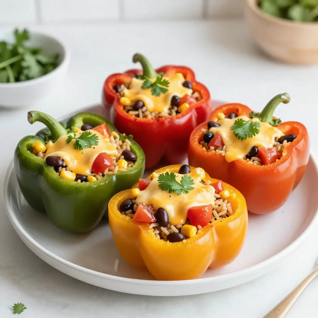To make stuffed bell peppers, you will need some key ingredients. Here’s what you need: - 4 large bell peppers (any color) - 1 cup cooked brown rice - 1 can (15 oz) black beans, rinsed and drained - 1 cup corn kernels (fresh or frozen) - 1 medium onion, finely chopped - 2 cloves garlic, minced - 1 cup diced tomatoes (fresh or canned) - 1 cup shredded cheese (cheddar or a Mexican blend) These ingredients create a delicious filling that makes each bite satisfying. Now, let's talk about the spices. They add great flavor to our dish. You will need: - 1 teaspoon cumin - 1 teaspoon smoked paprika - 1 teaspoon chili powder - Salt and pepper to taste These spices give the filling a warm and smoky taste. Adjust the amounts to suit your taste. Toppings can make your dish even better. Here are some ideas: - Fresh cilantro for garnish - Extra cheese for a gooey finish - Avocado slices for creaminess - Sour cream for tanginess Feel free to get creative with your toppings. Each adds a unique twist to your stuffed peppers. {{ingredient_image_1}} Start by preheating your oven to 375°F (190°C). Grab your bell peppers and slice off the tops. Remove the seeds and membranes inside. This helps the peppers cook evenly. Brush the outside of each pepper lightly with olive oil. Place them cut-side up in a baking dish. This step gets them ready for their tasty filling. In a skillet, heat the olive oil over medium heat. Add the chopped onion and minced garlic. Cook them for about 3-4 minutes. You want the onion to be soft and clear. Next, sprinkle in the cumin, smoked paprika, and chili powder. Cook for another minute until you smell the spices. Then, add the cooked brown rice, black beans, corn, and diced tomatoes. Mix everything well. Season with salt and pepper to your liking. After mixing, take the skillet off the heat. Gently fold in half of the shredded cheese. This will add creaminess to the filling. Now it’s time to fill the peppers. Spoon the mixture into each bell pepper, packing it down a bit. Top each stuffed pepper with the remaining cheese. Cover the baking dish with aluminum foil. Bake in the oven for 30 minutes. After that, remove the foil and bake for another 10 minutes. The peppers should be soft, and the cheese will be golden and bubbly. Once done, take them out of the oven and let them cool for a few minutes. Garnish with fresh cilantro, and they are ready to serve! When making stuffed bell peppers, you have many rice options. I often use brown rice for its nutty flavor and health benefits. It adds a nice texture and holds up well during baking. You can also try white rice, which cooks faster and has a softer bite. If you want something unique, consider jasmine or basmati rice. They add a light, fragrant touch to the dish. Soggy peppers can ruin your meal. To avoid this, follow a few simple tips. First, make sure to pre-cook the rice until it is just done. This way, it won’t absorb too much moisture while baking. Second, lightly brush the outside of the peppers with olive oil. This adds flavor and helps them roast nicely. Lastly, don’t overstuff them. Leave some space for steam to escape during cooking. Choosing the right cheese can elevate your stuffed peppers. I love using cheddar for its sharp taste. A Mexican cheese blend gives a nice twist too. If you prefer something creamier, try Monterey Jack. For a bit of tang, feta works well, especially if you want a Mediterranean flair. Remember to sprinkle some cheese on top for that delicious, bubbly finish. Pro Tips Choose Colorful Peppers: Using a mix of red, yellow, and green bell peppers not only adds visual appeal but also a variety of flavors and nutrients. Customize Your Filling: Feel free to add other ingredients like quinoa, spinach, or diced zucchini for added nutrition and flavor diversity. Make Ahead: These stuffed peppers can be assembled in advance and stored in the refrigerator. Just bake them when you're ready to eat! Rest Before Serving: Allow the stuffed peppers to cool for a few minutes after baking. This helps the filling set and makes them easier to serve. {{image_2}} You can make stuffed bell peppers without meat. Swap the ground meat for more veggies. Use 1 cup of cooked quinoa or lentils. This adds protein and fiber. You can also add mushrooms or zucchini for extra flavor. Try using different beans, like pinto or kidney. This keeps your meal fresh and fun. Top with avocado for creaminess. If you love meat, ground beef works great. Brown 1 pound of ground beef in the skillet first. Drain any extra fat before adding onion and garlic. Follow the rest of the recipe as usual. You can mix in some taco seasoning for more flavor. This version is hearty and satisfying. You’ll love the taste of beef with the peppers. Want to add some heat? You can adjust the spice level easily. Add chopped jalapeños to the filling for more kick. You can also use spicy salsa instead of regular diced tomatoes. If you prefer milder flavors, skip the chili powder. Taste the filling as you go. This way, you can find the perfect balance for your taste buds. To store leftover stuffed peppers, let them cool first. Place them in an airtight container. You can keep them in the fridge for up to four days. If you want to enjoy them later, freezing is a great option. To freeze stuffed peppers, wrap each one in plastic wrap. Then, place them in a freezer-safe bag. Remove as much air as you can to prevent freezer burn. They can stay frozen for up to three months. When you are ready to eat them, take them out of the freezer and let them thaw overnight in the fridge. To reheat stuffed peppers, the oven is best. Preheat it to 350°F (175°C). Place the peppers in a baking dish and cover them with foil. Bake for about 20 minutes, or until they are heated through. You can also use a microwave for quick reheating. Just place a pepper on a microwave-safe plate and heat for about two minutes, checking for warmth. Enjoy your stuffed peppers just as they were when fresh! Yes, you can use quinoa instead of rice. Quinoa adds a nice texture and a nutty flavor. It cooks faster than rice and is also high in protein. To use quinoa, cook it according to package instructions before mixing it with the other ingredients. This swap makes your meal even healthier. Choose bell peppers that are firm and shiny. Look for peppers without blemishes or soft spots. Any color works, but red, yellow, and orange are sweeter. Green peppers are a bit more bitter. Make sure they feel heavy for their size. This shows they are fresh and full of water. Stuffed bell peppers go well with many sides. A fresh salad with greens and a light dressing is a great choice. You can also serve them with rice or quinoa on the side. Roasted veggies or a nice bread can add more flavor and texture. Try to keep it simple to let the peppers shine. Stuffed bell peppers offer a tasty meal full of flavor. We explored the key ingredients, like rice and spices, that make this dish shine. Step-by-step, I guided you through prepping, cooking, and baking. You learned tips to avoid mushy peppers and how to pick the best cheese. We also looked at fun variations, from vegetarian options to spice levels. If you have leftovers, I shared how to store and reheat them. Enjoy cooking and make this dish your own!