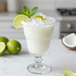 - 1 cup coconut cream - 1 cup fresh lime juice - 1/2 cup agave syrup (or honey) - 1/2 cup fresh orange juice - 1/4 cup unsweetened coconut flakes - 1/4 cup crushed ice - Zest of 1 lime for garnish - Fresh mint leaves for garnish If you can’t find coconut cream, use coconut milk. It works well too. You can swap agave syrup with honey for a different flavor. If you want a sweeter drink, add more honey. Fresh lime juice is key, but bottled juice can work in a pinch. For a twist, use grapefruit juice instead of orange juice. You can also replace fresh mint with basil for a unique taste. Always pick ripe limes. They should feel heavy and firm. Look for organic limes if you can. Fresh mint should be bright green and fragrant. For coconut cream, check the can for a creamy texture. Avoid any that look watery. For oranges, go with ones that are firm and heavy. This means they are juicy. If you can, try to buy local ingredients. They are fresher and taste better. {{ingredient_image_1}} To start, grab your blender. Add 1 cup of coconut cream. Then, add 1 cup of fresh lime juice. Next, pour in 1/2 cup of agave syrup. If you prefer honey, that works too. After that, add 1/2 cup of fresh orange juice. Finally, toss in 1/4 cup of crushed ice. Blend it all until smooth and creamy. Taste your mixture. If it’s not sweet enough, add more agave syrup. Blend again to mix. This drink should be refreshing and have a nice balance of flavors. Now it’s time to prepare the glasses. Take a small bowl and put in 1/4 cup of unsweetened coconut flakes. Grab a lime and cut a wedge. Rub the lime around the rim of each glass. This helps the coconut stick. Dip the rims into the coconut flakes. Roll them around to coat well. Now your glasses look festive and ready for the drink! Pour the margarita mixture into the prepared glasses. Fill them about three-quarters full. For a pretty touch, garnish each glass. Sprinkle some lime zest on top. Add a sprig of fresh mint to each drink. This adds a pop of color and a nice aroma. Serve your White Christmas Margarita right away and enjoy the festive flavors! To get the right taste, first blend the ingredients. After blending, taste it. If it needs more sweetness, add more agave syrup or honey. Start with one tablespoon, mix, and taste again. You want it to be sweet but not too sweet. Balance the lime and orange juice for a bright flavor. You can also add a splash of cranberry juice for a festive twist. When you blend, start with the liquids. Add the coconut cream, lime juice, and orange juice first. This helps the blender mix well. Add the ice last to keep it frosty. Blend until smooth. If your blender struggles, stop and stir. This will help it blend evenly. The goal is a creamy texture, not too thick or too runny. Serve this drink in festive glasses to impress your guests. Rim the glasses with coconut flakes for a fun look. Add lime zest and mint for a pop of color. You can also serve snacks like chips or fresh fruit. This drink pairs well with light bites. For a fun touch, add a mini cocktail umbrella or a stirrer. Your guests will love this refreshing holiday drink! Pro Tips Chill Your Ingredients: For an even frosty drink, chill the coconut cream and citrus juices before blending. Experiment with Flavors: Try adding a splash of pineapple juice or a hint of vanilla extract for a unique twist. Garnish with Style: Use a slice of lime or a colorful edible flower for an eye-catching presentation. Blend for Perfection: Ensure the mixture is fully blended for a creamy texture; don’t rush this step! {{image_2}} You can add a fun twist to your White Christmas Margarita. Try mixing in some pineapple juice for a fruity flare. Substitute a part of the lime juice with this juice to create a sweeter taste. You can also add mango puree for a tropical vibe. Blend it in with the coconut cream for a smooth texture. These options make your drink even more festive and refreshing! Not everyone drinks alcohol, but they can still enjoy this festive drink. To make a non-alcoholic version, simply leave out the tequila. You can replace it with extra coconut cream or lime juice. This blend keeps the drink rich and tasty. You can also use sparkling water to add a fizzy kick. This way, everyone can join in on the fun! Garnishes can make your drink look even more special. Instead of lime zest, try using orange zest for a pop of color and flavor. You can also use fresh berries like cranberries or pomegranate seeds. These add a nice touch and a burst of color. Mint leaves are great, but you can also try using rosemary for a unique flavor. These small changes can make your White Christmas Margarita stand out! If you have leftover margarita mix, store it in an airtight container. Place it in the fridge. The mix stays fresh for up to three days. Make sure to shake or stir it before serving again. This helps mix the ingredients well. To save time, you can prepare the margarita mixture a day ahead. Blend all ingredients but the crushed ice. Store this mix in the fridge. Add crushed ice just before serving. This keeps your drink frosty and fresh. Use fresh lime juice and orange juice for best taste. Store unused juice in the fridge, but use it within three days. Keep coconut cream sealed and in a cool place. It can last a while, but check the expiration date. Fresh mint leaves should stay in water like flowers. This keeps them fresh and vibrant for your drink. The White Christmas Margarita is a fun twist on the classic margarita. It blends tropical flavors with holiday cheer. This drink celebrates winter with coconut cream and lime juice. It brings a taste of summer to cold months. The idea likely comes from the popularity of coconut in tropical drinks. Mixing it with traditional margarita ingredients makes it festive and unique. Yes, you can easily make this drink in larger batches. Just multiply the ingredients by the number of servings you need. For example, if you want eight servings, use double the amount of each ingredient. Mix everything in a blender, then pour it into glasses. This drink is perfect for parties. Make it ahead of time and chill it. Your guests will love it! Making the White Christmas Margarita gluten-free is simple. All the ingredients used in this recipe are naturally gluten-free. Just ensure your agave syrup or honey is pure and free from additives. You can also use gluten-free spirits if you wish to add alcohol. This way, everyone can enjoy this festive drink without worry! You've learned how to make a White Christmas Margarita. We covered the key ingredients, helpful tips, and step-by-step instructions. We also explored fun variations and how to store leftovers. This drink brings joy to any holiday gathering. With its fresh ingredients and festive flavors, it will impress your guests. Remember, you can make it your own with substitutions and tweaks. Enjoy this delicious cocktail and share it with friends and family. Happy crafting!