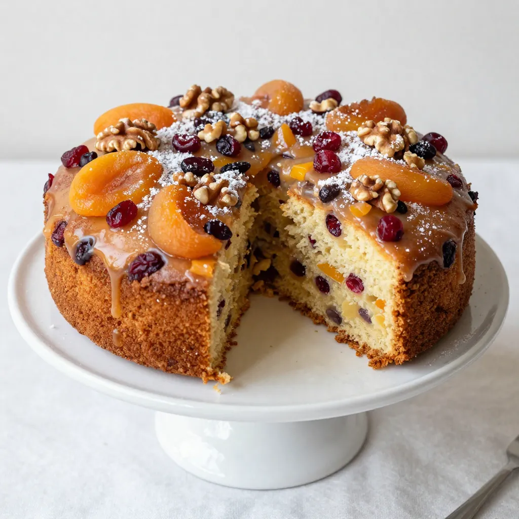 To make a tasty boozy fruit cake, you need these ingredients: - 2 cups mixed dried fruits (cranberries, apricots, and raisins) - 1 cup fresh orange juice - 1/2 cup unsweetened applesauce - 1/2 cup vegetable oil - 1 cup brown sugar - 3 large eggs - 2 cups all-purpose flour - 1 teaspoon baking powder - 1 teaspoon baking soda - 1 teaspoon ground cinnamon - 1/2 teaspoon ground nutmeg - 1/2 teaspoon salt - 1 cup chopped nuts (walnuts or pecans) - Zest of 1 orange and 1 lemon - 1 tablespoon vanilla extract You can add a fun twist by using alcohol in your fruit cake. Here are some great choices: - Rum: It adds a rich, warm flavor. - Brandy: This brings a fruity, sweet note. - Whiskey: It gives a nice depth to the cake. - Wine: A fruity wine can enhance the cake’s taste. When you soak the fruits in alcohol, it makes them more flavorful. Choose what you like best! You can customize your cake with different ingredients. Here are some ideas: - Substitute mixed dried fruits with your favorites, like figs or dates. - Use apple juice instead of orange juice for a different taste. - Swap vegetable oil for coconut oil for a tropical vibe. - Replace nuts with seeds like pumpkin or sunflower for a nut-free option. Feel free to experiment and make this cake your own! {{ingredient_image_1}} Start by gathering all your ingredients. You will need: - 2 cups mixed dried fruits (cranberries, apricots, and raisins) - 1 cup fresh orange juice - 1/2 cup unsweetened applesauce - 1/2 cup vegetable oil - 1 cup brown sugar - 3 large eggs - 2 cups all-purpose flour - 1 teaspoon baking powder - 1 teaspoon baking soda - 1 teaspoon ground cinnamon - 1/2 teaspoon ground nutmeg - 1/2 teaspoon salt - 1 cup chopped nuts (walnuts or pecans) - Zest of 1 orange and 1 lemon - 1 tablespoon vanilla extract First, preheat your oven to 350°F (175°C). Next, grease and flour a 9-inch round cake pan. This step helps the cake come out easily later. In a medium bowl, soak the mixed dried fruits in fresh orange juice for about 30 minutes. This makes the fruits soft and juicy. While they soak, grab a large mixing bowl. In it, whisk together the brown sugar, applesauce, vegetable oil, and eggs until well mixed. Then, add the soaked dried fruits, orange zest, lemon zest, and vanilla extract. Stir everything until it is blended. In another bowl, sift the flour, baking powder, baking soda, cinnamon, nutmeg, and salt. Slowly add this dry mix to the wet mix. Stir gently until it is just combined. Be careful not to over-mix. Finally, fold in the chopped nuts gently. Pour the cake batter into your prepared pan. Smooth the top with a spatula. Place it in the preheated oven. Bake for 40 to 45 minutes. To check if it’s done, insert a toothpick in the center. If it comes out clean, your cake is ready. Keep an eye on the cake during the last few minutes. Ovens can vary, and you don’t want it to overbake. If the top starts to brown too much, cover it gently with foil. Once baked, take the cake out of the oven. Let it cool in the pan for 10 minutes. Then, carefully transfer it to a wire rack to cool completely. This cooling step is key for a moist cake. Once it’s cool, you can add a fun touch! Garnish with extra dried fruits and nuts on top. If you like, drizzle a sugar glaze made from powdered sugar and orange juice over the cake for a sweet shine. This adds both flavor and beauty to your creation. Enjoy your boozy fruit cake! Soaking fruits is key for great flavor. I like to soak my mixed dried fruits in fresh orange juice. Let them sit for about 30 minutes. This makes the fruits plump and juicy. You can use other juices too, like apple or cranberry, for a twist. Baking takes care and focus. Always preheat your oven to 350°F (175°C) before mixing. Grease your cake pan well to prevent sticking. When mixing wet and dry ingredients, do it gently. Over-mixing can make the cake tough. Keep an eye on the baking time. Use a toothpick to check for doneness after 40 minutes. Serve your boozy fruit cake on a nice cake stand. I love to drizzle a sugar glaze made from powdered sugar and orange juice on top. This adds a sweet touch and makes it shine. Pair it with a cup of tea or coffee for a cozy treat. You can also add a scoop of vanilla ice cream for a special dessert. Pro Tips Soak the Fruits: Make sure to soak the dried fruits in orange juice for at least 30 minutes. This not only plumps them up but also infuses the cake with a lovely citrus flavor. Room Temperature Ingredients: For best results, ensure your eggs and applesauce are at room temperature before mixing. This helps create a smoother batter and a more even bake. Don't Overmix: When combining the dry and wet ingredients, mix gently until just combined. Overmixing can lead to a dense cake texture. Decorative Touch: For an appealing presentation, consider topping your cake with a light drizzle of sugar glaze made from powdered sugar and fresh orange juice, along with extra dried fruits and nuts. {{image_2}} You can mix dried fruits for your cake. Try using cherries, figs, or dates. Each fruit gives a new taste. A blend of cranberries and apricots works well too. Soaking these fruits in orange juice adds flavor. You can also add dried pineapple for a tropical twist. Experimenting with different fruits keeps the cake exciting. While I love using orange juice, you can try other liquids. Rum gives a warm flavor. Brandy adds depth and richness. You might enjoy whiskey for a bold touch. If you want a lighter option, consider using white wine. Each spirit adds its unique flair. Choose one that matches your taste for the best result. A simple glaze can enhance your cake. Mix powdered sugar with orange juice. This adds sweetness and shine. You can also try a rum glaze for a fun kick. For frosting, cream cheese pairs well with fruity flavors. Add some zest for a citrusy twist. Each topping makes your cake even more special. To keep your boozy fruit cake fresh, first let it cool completely. Once cooled, wrap the cake tightly in plastic wrap. This helps trap moisture. Place the wrapped cake in an airtight container. Store it at room temperature for up to five days. If you want it to last longer, consider refrigeration. To keep your cake moist, avoid overbaking. Check for doneness with a toothpick. If it comes out clean, it’s done. After baking, let the cake cool in the pan for ten minutes. This helps it retain moisture. You can also brush the top with orange juice or rum for extra flavor. Freezing your boozy fruit cake is easy. First, let it cool completely. Then, wrap it well in plastic wrap. You can place it in a freezer-safe bag for extra protection. Label the bag with the date. Your cake will stay good for up to three months. When ready to eat, move it to the fridge overnight to thaw. Enjoy it as if it were fresh! You can use fresh fruit, but the cake changes. Fresh fruit adds moisture. This may make the cake dense. Dried fruit has a rich flavor and chewy texture. I recommend using dried fruit, like cranberries and apricots. Brandy is a great choice for this cake. It adds warmth and depth. Other good options include rum or whiskey. Each alcohol brings out different flavors in the fruit. You can try different alcohols to find your favorite. If stored well, the cake lasts about one week. Keep it in an airtight container. You can also freeze it for up to three months. Just wrap it tightly to prevent freezer burn. Enjoy it at your own pace! The boozy fruit cake is a delightful treat. We explored its ingredients, alcohol choices, and alternative options. You learned how to prepare, bake, and cool the cake effectively. Tips for soaking fruit and serving suggestions can enhance your cake. We also covered variations for different tastes and how to store leftovers properly. Remember, this cake is versatile and fun to make. Enjoy creating your unique version and savor every bite!