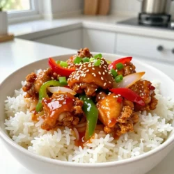 - 500g boneless chicken thighs, cut into bite-sized pieces - 2 tablespoons cornstarch - 1 red bell pepper, sliced - 1 green bell pepper, sliced - 1 onion, sliced The chicken thighs give this dish a juicy texture. I use cornstarch to make the chicken crispy. Bell peppers add a sweet crunch, while onions bring a nice flavor. - 2 tablespoons soy sauce - 2 tablespoons chili paste (adjust for spice preference) - 1 tablespoon honey Soy sauce provides saltiness and depth. The chili paste gives heat, and you can adjust it to your liking. Honey adds a touch of sweetness, balancing the flavors. - 2 green onions, chopped for garnish - Sesame seeds for garnish - Salt and pepper to taste Green onions add freshness, and sesame seeds give a nice crunch. Don't forget to season with salt and pepper. These simple garnishes truly elevate the dish. {{ingredient_image_1}} Start by cutting the boneless chicken thighs into bite-sized pieces. Place them in a large bowl and sprinkle with cornstarch. Toss the chicken until it is evenly coated. This step helps the chicken become crispy when cooked. Next, heat 1 tablespoon of vegetable oil in a large skillet over medium-high heat. Once the oil is hot, add the coated chicken to the skillet. Cook the chicken for about 5 to 7 minutes. You want it golden brown and fully cooked. Once done, remove the chicken and set it aside. In the same skillet, add the minced garlic and grated ginger. Sauté them for about 30 seconds. You should smell their wonderful aroma. This adds a lovely flavor to your dish. Now, add the sliced red and green bell peppers, along with the sliced onion. Stir-fry these vegetables for about 3 to 4 minutes. They should start to soften but still have a bit of crunch. Return the cooked chicken to the skillet. Then, add 2 tablespoons of soy sauce, 2 tablespoons of chili paste, and 1 tablespoon of honey. Stir everything well to combine the flavors. Cook for another 2 to 3 minutes. Finally, season your dish with salt and pepper to taste. Mix everything well until the chicken is coated in the sauce. This brings all the bold flavors together. - Ensuring chicken crispiness To make the chicken crispy, coat it well with cornstarch. This adds a nice crunch when cooked. Use high heat in your skillet for best results. Cook the chicken until it turns golden brown, about 5-7 minutes. - Perfect sautéing for vegetables For great texture, heat your skillet before adding garlic and ginger. Sauté them for just 30 seconds to get that lovely aroma. Then, add sliced bell peppers and onion. Stir-fry them for 3-4 minutes until they soften but still stay crunchy. - Recommended side dishes Serve the Spicy Dragon Chicken over jasmine rice or quinoa. These sides soak up the sauce well and balance the heat. You can also pair it with a simple green salad for freshness. - Best garnishes for presentation For a bright look, top your dish with chopped green onions and sesame seeds. This adds color and a nice crunch. You can even drizzle a bit of extra soy sauce for more flavor. - Modifying chili paste quantities If you like less spice, reduce the chili paste to one tablespoon. Taste your dish as you cook. You can always add more if you want it spicier. - Other heat alternatives For a different heat source, try using crushed red pepper flakes. They give a nice kick without overpowering the dish. You can also use sweet chili sauce for a milder taste. Pro Tips Coat for Crispiness: Make sure to coat the chicken evenly with cornstarch to achieve a crispy texture when cooked. Adjust Spice Levels: Feel free to modify the amount of chili paste according to your spice tolerance to ensure everyone enjoys the dish. Fresh Ingredients: Use fresh garlic and ginger for the best flavor. Fresh aromatics will significantly enhance the dish's overall taste. Garnish for Presentation: Enhance the visual appeal by using a generous amount of green onions and sesame seeds as garnish before serving. {{image_2}} You can switch the protein for chicken breast if you want a leaner option. Just cut it into bite-sized pieces, like the thighs. You can also use tofu for a plant-based meal. Press the tofu to remove water, then cube it. This gives you a great texture and absorbs all the flavors. Feel free to add extra veggies for more crunch and color. Broccoli, snap peas, or carrots work well. You can also use seasonal vegetables. In the fall, add squash or in the spring, try asparagus. The key is to keep the stir-fry vibrant and fresh. Want to kick up the heat? Add more chili paste or some crushed red pepper flakes. You can also create a sweeter version by adding more honey or a splash of pineapple juice. This balance of sweet and spicy makes each bite exciting. To keep your Spicy Dragon Chicken fresh, cool it quickly after cooking. Place it in a shallow container. Cover it tightly with a lid or plastic wrap. This helps keep the moisture in. You can store it in the fridge for up to three days. If you want to save some for later, freezing works well. Let the chicken cool completely before freezing. Place it in a freezer-safe bag or container. Remove as much air as possible to prevent freezer burn. It can last for up to three months in the freezer. When you're ready to eat, thaw it overnight in the fridge. For reheating, microwave it or use a skillet. Heat it on low to keep it juicy. If it seems dry, add a splash of water or broth. This will help bring back its flavor. Making Spicy Dragon Chicken ahead of time is smart for busy days. Cook a big batch and divide it into portions. Use small containers for easy access. This way, you can grab a meal when you need it. Pair it with rice or quinoa to make it a full meal. You can also add extra veggies for variety. This makes your meal prep fun and flavorful! Spicy Dragon Chicken is a bold dish filled with flavor. It features tender chicken thighs, crispy veggies, and a spicy sauce. This dish comes from Asian cuisine, inspired by the fiery flavors found in many regional dishes. The combination of soy sauce, chili paste, and honey gives it a unique twist. Yes, you can make it less spicy! To reduce heat, use less chili paste. You could also swap it with sweet chili sauce for a milder flavor. Another option is to add more honey to balance the spice. This will still bring out great taste without being too hot. Great sides for Spicy Dragon Chicken include jasmine rice or quinoa. These grains soak up the sauce well. You can also serve it with steamed broccoli or a fresh salad. For drinks, pair it with sweet iced tea or light beer. These options enhance the meal's flavors perfectly. You learned how to make Spicy Dragon Chicken, from ingredients to serving tips. This dish uses chicken thighs, cornstarch, and fresh veggies for a tasty meal. You can balance flavors with soy sauce and honey while adjusting spice to fit your taste. Enjoy experimenting with proteins and vegetables to make it yours. Remember, proper storage helps keep your meal fresh for later. Try out these techniques, and I believe you'll love this dish. Happy cooking!