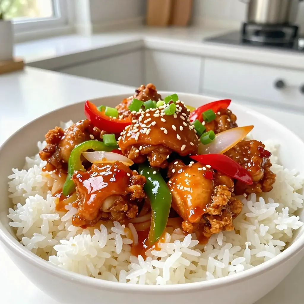 - 500g boneless chicken thighs, cut into bite-sized pieces - 2 tablespoons cornstarch - 1 red bell pepper, sliced - 1 green bell pepper, sliced - 1 onion, sliced The chicken thighs give this dish a juicy texture. I use cornstarch to make the chicken crispy. Bell peppers add a sweet crunch, while onions bring a nice flavor. - 2 tablespoons soy sauce - 2 tablespoons chili paste (adjust for spice preference) - 1 tablespoon honey Soy sauce provides saltiness and depth. The chili paste gives heat, and you can adjust it to your liking. Honey adds a touch of sweetness, balancing the flavors. - 2 green onions, chopped for garnish - Sesame seeds for garnish - Salt and pepper to taste Green onions add freshness, and sesame seeds give a nice crunch. Don't forget to season with salt and pepper. These simple garnishes truly elevate the dish. {{ingredient_image_1}} Start by cutting the boneless chicken thighs into bite-sized pieces. Place them in a large bowl and sprinkle with cornstarch. Toss the chicken until it is evenly coated. This step helps the chicken become crispy when cooked. Next, heat 1 tablespoon of vegetable oil in a large skillet over medium-high heat. Once the oil is hot, add the coated chicken to the skillet. Cook the chicken for about 5 to 7 minutes. You want it golden brown and fully cooked. Once done, remove the chicken and set it aside. In the same skillet, add the minced garlic and grated ginger. Sauté them for about 30 seconds. You should smell their wonderful aroma. This adds a lovely flavor to your dish. Now, add the sliced red and green bell peppers, along with the sliced onion. Stir-fry these vegetables for about 3 to 4 minutes. They should start to soften but still have a bit of crunch. Return the cooked chicken to the skillet. Then, add 2 tablespoons of soy sauce, 2 tablespoons of chili paste, and 1 tablespoon of honey. Stir everything well to combine the flavors. Cook for another 2 to 3 minutes. Finally, season your dish with salt and pepper to taste. Mix everything well until the chicken is coated in the sauce. This brings all the bold flavors together. - Ensuring chicken crispiness To make the chicken crispy, coat it well with cornstarch. This adds a nice crunch when cooked. Use high heat in your skillet for best results. Cook the chicken until it turns golden brown, about 5-7 minutes. - Perfect sautéing for vegetables For great texture, heat your skillet before adding garlic and ginger. Sauté them for just 30 seconds to get that lovely aroma. Then, add sliced bell peppers and onion. Stir-fry them for 3-4 minutes until they soften but still stay crunchy. - Recommended side dishes Serve the Spicy Dragon Chicken over jasmine rice or quinoa. These sides soak up the sauce well and balance the heat. You can also pair it with a simple green salad for freshness. - Best garnishes for presentation For a bright look, top your dish with chopped green onions and sesame seeds. This adds color and a nice crunch. You can even drizzle a bit of extra soy sauce for more flavor. - Modifying chili paste quantities If you like less spice, reduce the chili paste to one tablespoon. Taste your dish as you cook. You can always add more if you want it spicier. - Other heat alternatives For a different heat source, try using crushed red pepper flakes. They give a nice kick without overpowering the dish. You can also use sweet chili sauce for a milder taste. Pro Tips Coat for Crispiness: Make sure to coat the chicken evenly with cornstarch to achieve a crispy texture when cooked. Adjust Spice Levels: Feel free to modify the amount of chili paste according to your spice tolerance to ensure everyone enjoys the dish. Fresh Ingredients: Use fresh garlic and ginger for the best flavor. Fresh aromatics will significantly enhance the dish's overall taste. Garnish for Presentation: Enhance the visual appeal by using a generous amount of green onions and sesame seeds as garnish before serving. {{image_2}} You can switch the protein for chicken breast if you want a leaner option. Just cut it into bite-sized pieces, like the thighs. You can also use tofu for a plant-based meal. Press the tofu to remove water, then cube it. This gives you a great texture and absorbs all the flavors. Feel free to add extra veggies for more crunch and color. Broccoli, snap peas, or carrots work well. You can also use seasonal vegetables. In the fall, add squash or in the spring, try asparagus. The key is to keep the stir-fry vibrant and fresh. Want to kick up the heat? Add more chili paste or some crushed red pepper flakes. You can also create a sweeter version by adding more honey or a splash of pineapple juice. This balance of sweet and spicy makes each bite exciting. To keep your Spicy Dragon Chicken fresh, cool it quickly after cooking. Place it in a shallow container. Cover it tightly with a lid or plastic wrap. This helps keep the moisture in. You can store it in the fridge for up to three days. If you want to save some for later, freezing works well. Let the chicken cool completely before freezing. Place it in a freezer-safe bag or container. Remove as much air as possible to prevent freezer burn. It can last for up to three months in the freezer. When you're ready to eat, thaw it overnight in the fridge. For reheating, microwave it or use a skillet. Heat it on low to keep it juicy. If it seems dry, add a splash of water or broth. This will help bring back its flavor. Making Spicy Dragon Chicken ahead of time is smart for busy days. Cook a big batch and divide it into portions. Use small containers for easy access. This way, you can grab a meal when you need it. Pair it with rice or quinoa to make it a full meal. You can also add extra veggies for variety. This makes your meal prep fun and flavorful! Spicy Dragon Chicken is a bold dish filled with flavor. It features tender chicken thighs, crispy veggies, and a spicy sauce. This dish comes from Asian cuisine, inspired by the fiery flavors found in many regional dishes. The combination of soy sauce, chili paste, and honey gives it a unique twist. Yes, you can make it less spicy! To reduce heat, use less chili paste. You could also swap it with sweet chili sauce for a milder flavor. Another option is to add more honey to balance the spice. This will still bring out great taste without being too hot. Great sides for Spicy Dragon Chicken include jasmine rice or quinoa. These grains soak up the sauce well. You can also serve it with steamed broccoli or a fresh salad. For drinks, pair it with sweet iced tea or light beer. These options enhance the meal's flavors perfectly. You learned how to make Spicy Dragon Chicken, from ingredients to serving tips. This dish uses chicken thighs, cornstarch, and fresh veggies for a tasty meal. You can balance flavors with soy sauce and honey while adjusting spice to fit your taste. Enjoy experimenting with proteins and vegetables to make it yours. Remember, proper storage helps keep your meal fresh for later. Try out these techniques, and I believe you'll love this dish. Happy cooking!
