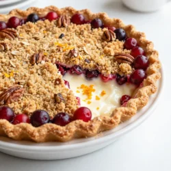 - 1 pre-made pie crust (or homemade if preferred) - 8 oz cream cheese, softened - 1 cup powdered sugar - 1 teaspoon vanilla extract - 2 cups fresh or frozen cranberries - 1 tablespoon orange zest - 1 teaspoon cornstarch - 1 tablespoon lemon juice - 1/2 teaspoon ground cinnamon - 1/4 cup chopped pecans (for topping) - 1/4 cup rolled oats (for topping) - 1/4 cup brown sugar (for topping) - 1/4 cup melted butter (for topping) This pie starts with a crust. You can pick a pre-made one for ease. If you want to make your own, go for it! The crust holds everything together. Next, we need cream cheese. Use 8 oz of softened cream cheese. It gives the pie a rich, creamy base. For sweetness, we add 1 cup of powdered sugar and 1 teaspoon of vanilla extract. The vanilla adds a nice flavor. Now for the stars of the show: the cranberries. You need 2 cups, either fresh or frozen. They bring a tartness that pairs well with the sweet cream cheese. To enhance the cranberries, we use 1 tablespoon of orange zest, 1 teaspoon of cornstarch, and 1 tablespoon of lemon juice. The zest adds brightness while the cornstarch helps thicken the filling. We also add 1/2 teaspoon of ground cinnamon for warmth. For the crumb topping, mix 1/4 cup of chopped pecans, 1/4 cup of rolled oats, 1/4 cup of brown sugar, and 1/4 cup of melted butter. This topping adds a lovely crunch. Each ingredient plays a key role, making the pie a tasty treat. {{ingredient_image_1}} 1. Preheat the oven. Set your oven to 350°F (175°C). This is key for even baking. 2. Prepare the pie crust. Roll out your pre-made pie crust into a 9-inch dish. Press it firmly against the sides and bottom. Use a fork to prick the bottom. This helps prevent bubbling. 3. Make the cream cheese mixture. In a bowl, blend 8 oz of softened cream cheese, 1 cup of powdered sugar, and 1 teaspoon of vanilla extract. Use an electric mixer until smooth. Spread this mix evenly in the pie crust. 4. Prepare the cranberry filling. In another bowl, toss together 2 cups of cranberries, 1 tablespoon of orange zest, 1 teaspoon of cornstarch, 1 tablespoon of lemon juice, and 1/2 teaspoon of ground cinnamon. This adds flavor and balances the sweetness. Spread this over the cream cheese layer. 5. Assemble the layers. For the crumb topping, mix 1/4 cup of chopped pecans, 1/4 cup of rolled oats, 1/4 cup of brown sugar, and 1/4 cup of melted butter in a bowl. This will create a nice, crunchy top. Evenly sprinkle this topping over the cranberries. 6. Bake the pie. Place the pie in your preheated oven. Bake for 30-35 minutes. Look for a golden crumb topping and bubbling cranberries to know it's done. 7. Cool before serving. Remove the pie from the oven and let it cool on a wire rack for at least 15 minutes. This will help set the layers and make it easier to slice. Enjoy this pie warm or chilled, topped with whipped cream and extra orange zest! - Ensuring a golden crumb topping: To get a nice golden crust, watch the pie closely as it bakes. Start checking it around 25 minutes. If the topping looks pale, leave it in a bit longer. The topping should be light brown and crisp. - How to avoid a soggy bottom crust: To keep the crust from getting soggy, prick the bottom with a fork before baking. This helps steam escape. You can also bake the crust for 10 minutes alone before adding the filling. This pre-baking step makes a big difference. - Cooling and serving temperatures: Let the pie cool for at least 15 minutes on a wire rack. This helps it set up better. You can serve it warm or chilled, depending on your taste. For a nice touch, serve it with whipped cream on top. - Creative garnishes and accompaniments: Consider adding a dollop of whipped cream or a scoop of vanilla ice cream on top. A sprinkle of extra orange zest adds brightness. You can also serve it with a side of fresh cranberries for color. - Ideal beverages to pair with the pie: Pair this pie with a cup of hot tea or coffee for a warm treat. If you prefer something fruity, try a glass of sparkling apple cider. It complements the flavors well and adds a festive touch. Pro Tips Use Fresh Cranberries: Fresh cranberries will provide the best flavor and texture. If using frozen, ensure they are fully thawed and drained to avoid excess moisture. Soften Cream Cheese Properly: For a smooth filling, make sure the cream cheese is at room temperature before mixing. This will help achieve a creamy consistency without lumps. Add Extra Spice: For a warm, festive flavor, consider adding a pinch of nutmeg or ginger to the cranberry mixture. These spices complement the cranberries beautifully. Cool Before Serving: Allow the pie to cool for at least 15 minutes before slicing. This helps the filling set and makes for cleaner slices. {{image_2}} You can change the fruits in this pie for new flavors. Try raspberries, blueberries, or cherries. Each fruit adds a unique taste. You can also mix different fruits for a fun twist. For those with dietary needs, this pie can be made gluten-free. Use a gluten-free pie crust instead. For a dairy-free option, replace cream cheese with a vegan cream cheese. It works well and keeps the pie tasty. Toppings can make your pie look special. Besides pecans, try adding walnuts or almonds for crunch. You can also sprinkle cinnamon or nutmeg on top for extra flavor. Serving styles can add variety too. Instead of a big pie, make mini-pies. They are cute and easy to share. You can also serve slices with whipped cream and extra orange zest. To keep your Cranberry Cream Cheese Crumb Pie fresh, you should refrigerate it. Place the pie in an airtight container or cover it tightly with plastic wrap. This will help prevent it from drying out or absorbing other smells from the fridge. You can store it like this for up to four days. If you want to save your pie for later, freezing is a great option. First, let the pie cool completely. Then, wrap it tightly in plastic wrap and foil to keep it safe from freezer burn. You can freeze it for up to three months. When you’re ready to eat it, thaw the pie in the fridge overnight before serving. For the best taste and texture, eat your pie within four days if stored in the fridge. Freezing does extend its life to three months, but for the best flavor, try to eat it sooner. Check for any signs of freezer burn or off smells when thawing. Enjoy the freshest slice possible for the best experience! Can I use frozen cranberries? Yes, you can use frozen cranberries. They work great in this pie. Just toss them in the mix without thawing. This saves time and keeps the pie juicy. How do I know when the pie is done? The pie is done when the topping is golden brown. You will also see the cranberries bubbling. This usually takes about 30 to 35 minutes in the oven. Can I make this pie ahead of time? Absolutely! You can make this pie a day before. Just store it in the fridge after it cools. It tastes even better the next day as the flavors meld together. What are good substitutions for cream cheese? You can use Greek yogurt or mascarpone for a lighter option. For dairy-free, try vegan cream cheese. Both give a similar creamy texture and taste. This article covers everything you need for a perfect cranberry cream cheese crumb pie. We reviewed the ingredients, step-by-step instructions, and baking tips to ensure your pie turns out great. We also shared fun variations, storage info, and answers to common questions. Feel free to experiment with flavors and toppings. Enjoy sharing this delightful pie with friends and family. Baking this pie will bring smiles to everyone's faces.