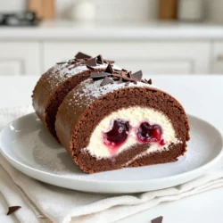 - 1 cup all-purpose flour - 1/2 cup unsweetened cocoa powder - 1 teaspoon baking powder - 1/2 teaspoon baking soda - 1/4 teaspoon salt - 3 large eggs - 3/4 cup granulated sugar - 1 teaspoon vanilla extract - 1/3 cup vegetable oil - 1/4 cup milk - 1 cup cherry filling - 1 cup heavy cream - 2 tablespoons powdered sugar - Chocolate shavings I love gathering the ingredients for this Black Forest cake roll. It feels like a fun treasure hunt. First, I grab my dry ingredients: flour, cocoa powder, baking powder, baking soda, and salt. Each one plays a part in making our cake soft and tasty. Next, I turn to the wet ingredients. I crack three large eggs into a bowl, then add sugar, vanilla, oil, and milk. The eggs are key to a fluffy texture. The sugar adds sweetness and helps everything mix well. Now, let's talk about the filling and garnish. The cherry filling is like a burst of flavor in every bite. I also whip heavy cream with powdered sugar. This makes it light and sweet. Finally, I sprinkle on chocolate shavings for a touch of elegance. Having all these ingredients ready makes me excited to bake. Each step brings us closer to a delightful treat! {{ingredient_image_1}} - Set temperature to 350°F (175°C). - Prepare a jelly roll pan by lining it with parchment paper and greasing it lightly. - In a medium bowl, mix the dry ingredients. This includes flour, cocoa powder, baking powder, baking soda, and salt. - In a large bowl, beat the eggs and sugar on medium speed until light and fluffy. This takes about 3 to 5 minutes. - Add vanilla extract, vegetable oil, and milk to the egg mixture. Mix well until combined. - Gradually add the dry mixture to the wet mixture. Stir until just combined, and no flour is visible. - Pour the batter into the prepared jelly roll pan. Spread it evenly. - Bake in the preheated oven for 12 to 15 minutes. The cake should spring back when you touch it. - Remove the cake from the pan right away. Turn it onto a clean kitchen towel that has powdered sugar. - Carefully peel off the parchment paper. Starting from one short side, roll the cake and the towel together into a log. - Place the roll seam-side down and let it cool completely. - In a separate bowl, whisk heavy cream and powdered sugar until soft peaks form. - Once the cake cools, gently unroll it. Spread the whipped cream evenly, leaving a small border. - Spoon the cherry filling on the whipped cream. - Carefully roll the cake back up without the towel. Start from one end. - Wrap the roll in plastic wrap and refrigerate for at least one hour to set. - After chilling, remove the plastic wrap. Place the roll seam-side down on a serving platter. - Dust with extra powdered sugar and top with chocolate shavings before serving. - Avoiding overmixing: When you mix the batter, stop as soon as you see no flour. Overmixing makes the cake dense. - Ensuring correct oven temperature: Always use an oven thermometer. If the oven is too hot or cold, the cake may not rise well. - Achieving the perfect peak: Whip the cream until you see soft peaks. This makes it light and fluffy. - Keeping whipped cream stabilized: Add a little powdered sugar to the cream. This helps it hold its shape longer. - Slicing techniques for aesthetic appeal: Use a sharp knife to cut even slices. This gives a neat look to your cake roll. - Garnishing options with cherries or mint: Top each slice with a cherry or a mint leaf. This adds color and freshness to your dish. Pro Tips Fresh Ingredients: Use fresh cherries when available for a more vibrant flavor. If using canned cherries, drain them well to avoid excess moisture in the roll. Room Temperature Eggs: Always use room temperature eggs for better incorporation into the batter, resulting in a lighter and fluffier cake. Cooling Method: Roll the cake in a towel while it's still warm to help it maintain its shape and prevent cracking when you unroll it later. Garnishing: For a beautiful presentation, use a microplane to create chocolate shavings and sprinkle them generously on top just before serving. {{image_2}} You can easily make a gluten-free Black Forest Cake Roll. Just use gluten-free flour instead of all-purpose flour. Here are some great substitutes: - 1 cup gluten-free all-purpose flour blend - 1/2 cup unsweetened cocoa powder - 1 teaspoon baking powder - 1/2 teaspoon baking soda - 1/4 teaspoon salt These swaps keep the taste and texture intact. Always check for cross-contamination if you have allergies. For a vegan version, you can replace eggs and dairy. Here are my favorite substitutes: - Use 1/4 cup unsweetened applesauce for each egg. - Replace milk with almond or oat milk. - Swap heavy cream with coconut cream or a vegan whipped cream. These changes make the dessert plant-based while still delicious. You can switch up the flavors in your cake roll. Here are some fun ideas: - Use raspberry or strawberry filling instead of cherry. - Add almond or mint extract for a twist. - Try a cream cheese filling for added richness. These variations keep your cake exciting and fresh! To keep your Black Forest Cake Roll fresh, store it in the fridge. Wrap it in plastic wrap. This helps keep the cake moist. You can also use an airtight container. It will last for about 3 to 5 days. If you want to keep it longer, freezing is a great option. First, wrap the cake roll tightly in plastic wrap. Then, place it in a freezer bag. It can stay in the freezer for up to 3 months. Label the bag with the date. This way, you will know when to enjoy it! When you're ready to eat, take it out of the freezer. Place it in the fridge for about 6 hours to thaw. You can also let it sit at room temperature for 1 to 2 hours. Once thawed, slice it and serve. You can add fresh whipped cream or cherries for extra flavor! To prevent cracking, use these tips: - Bake at the right temperature. - Do not overmix the batter. - Roll the cake while it is warm. - Use a clean kitchen towel dusted with powdered sugar. Baking at the right temperature helps the cake rise evenly. An even rise means less chance of cracks. Overmixing can add too much air, which can cause cracks when rolling. Rolling the cake while warm keeps it flexible. The towel helps create a smooth surface during the roll. Yes, you can use fresh cherries! - Wash and pit the cherries first. - Slice them for an even layer on the cake. - Add a bit of sugar if they are tart. Using fresh cherries adds a nice texture. They bring a bright, juicy flavor to the roll. Just remember to slice them thin for easy rolling. A sprinkle of sugar helps balance the tartness. This way, you still get that sweet cherry taste. The Black Forest Cake Roll lasts about 3-4 days in the fridge. - Store it in an airtight container. - If you freeze it, it lasts up to 3 months. Keep the cake roll tightly wrapped to maintain moisture. If you freeze it, wrap it well in plastic wrap. Thaw it in the fridge before serving. This way, you can enjoy it later without losing flavor or texture. This blog post guides you through making a Black Forest Cake Roll. We covered all the necessary ingredients, from the dry and wet mixes to the filling and garnish. The step-by-step instructions make the process clear. I shared tips to avoid common mistakes and ideas for variations. You'll also find storage info to keep your cake fresh. Baking can be fun and rewarding. With this recipe, you’ll impress your friends and family. Enjoy creating your delicious cake roll!