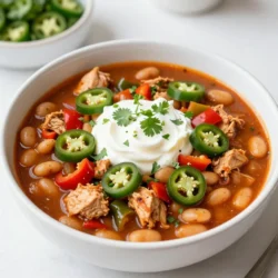 To make this Cajun white chicken chili, gather these key items: - 1 lb boneless, skinless chicken breasts, diced - 1 tablespoon olive oil - 1 medium onion, diced - 3 cloves garlic, minced - 1 red bell pepper, diced - 1 green bell pepper, diced - 2 cans (15 oz each) white beans, drained and rinsed - 1 can (15 oz) diced tomatoes with green chilies - 2 cups chicken broth - 2 teaspoons Cajun seasoning - 1 teaspoon cumin - Salt and pepper to taste - 1 cup corn (fresh or frozen) - ½ cup sour cream (for serving) - Fresh cilantro, chopped (for garnish) - Sliced jalapeños (optional for garnish) You can add more depth to your chili with these extras: - A squeeze of lime juice for freshness - Chopped green onions for a mild onion flavor - Smoked paprika for a hint of smokiness - A splash of hot sauce for added heat When selecting your ingredients, keep these tips in mind: - Chicken: Look for fresh, high-quality chicken. Free-range or organic options often taste best. - Vegetables: Choose firm, vibrant vegetables. Fresh peppers and onions will add great flavor. - Beans: Use low-sodium canned beans to control salt. Rinsing them reduces extra sodium. - Broth: Opt for homemade or low-sodium chicken broth for a richer taste. - Spices: Fresh spices give the best flavor. Check the expiration dates for peak freshness. With these ingredients, your Cajun white chicken chili will be hearty and delicious! {{ingredient_image_1}} Start by gathering all your ingredients. You will need 1 pound of chicken breasts, diced into small pieces. Heat 1 tablespoon of olive oil in a large pot over medium heat. Once the oil is hot, add the chicken. Season it with salt, pepper, and 2 teaspoons of Cajun seasoning. Cook the chicken for about 5 to 7 minutes. You want it to brown on all sides. After cooking, remove the chicken from the pot and set it aside. Next, add your diced onion, minced garlic, and both red and green bell peppers into the same pot. This builds on the rich flavors from the chicken. Sauté the veggies for about 5 to 6 minutes. You want them softened and fragrant. Once the veggies are ready, it’s time to add the rest. Pour in 2 cans of white beans that you’ve drained and rinsed. Then, add 1 can of diced tomatoes with green chilies and 2 cups of chicken broth. Stir everything together. Bring this mixture to a simmer. It will create a nice base for your chili. Now, return the cooked chicken to the pot. Add 1 teaspoon of cumin and 1 cup of corn, fresh or frozen. Stir well to combine all the ingredients. Let the chili simmer for 20 to 25 minutes. Stir occasionally to prevent sticking. This simmering allows the flavors to blend beautifully. After 25 minutes, check the seasoning. You might want to add more salt, pepper, or Cajun seasoning. When the chili has thickened and the flavors meld, it’s ready to serve. Ladle it into bowls for a hearty meal. Enjoy the warmth of each bite! To boost the flavor of your Cajun white chicken chili, try these tips: - Use fresh herbs like thyme or parsley. - Add a splash of lime juice for brightness. - Mix in a tablespoon of honey for a sweet touch. - Experiment with different hot sauces for heat. - Let the chili sit for a few hours or overnight. The flavors deepen over time. Be aware of these common mistakes: - Overcooking the chicken can make it tough. Cook just until browned. - Forgetting to season at each step can lead to bland chili. Add salt and pepper as you go. - Using low-quality canned beans or tomatoes can affect taste. Choose good brands for better results. - Skipping the simmer time makes the flavors less rich. Allow at least 20 minutes to meld. Serve your chili with a few tasty sides: - Ladle it into bowls and top with sour cream. - Sprinkle chopped cilantro for freshness. - Add sliced jalapeños for extra spice. - Pair with warm cornbread or crispy tortilla chips. - Offer a side salad for a refreshing crunch. These tips will help you make the best Cajun white chicken chili. Enjoy the rich flavors and hearty feel! Pro Tips Use Fresh Ingredients: Fresh vegetables and herbs will elevate the flavor of your chili significantly. Try to use seasonal produce for the best taste. Adjust Spice Levels: If you prefer a milder chili, reduce the amount of Cajun seasoning or add more sour cream when serving to balance the heat. Make It Ahead: Chili tastes even better the next day! Make a big batch and store leftovers in the fridge for up to three days or freeze for later use. Experiment with Toppings: Enhance your chili with a variety of toppings such as cheese, avocado, or crispy tortilla strips for added texture and flavor. {{image_2}} You can swap chicken for turkey. Use about the same amount. Turkey gives a nice flavor. If you want a plant-based option, try tofu. Press it well to remove extra water. Cut it into cubes and add it when you cook the veggies. It will soak up all the tasty spices. For a meatless chili, focus on beans. Use more white beans or add black beans. You can also include lentils for extra protein. Make sure to add more veggies too. Zucchini, carrots, and corn work well. This way, you keep the chili hearty and satisfying. To adjust the spice level, start with less Cajun seasoning. You can always add more later. For a milder chili, skip the diced tomatoes with green chilies. If you like heat, add jalapeños when cooking. You can also sprinkle some cayenne pepper for an extra kick. Just remember to taste as you go! After enjoying your Cajun White Chicken Chili, store leftovers in airtight containers. Make sure the chili cools down to room temperature before sealing. This helps keep it fresh and tasty. Place the containers in the fridge if you plan to eat the chili within three to four days. For longer storage, consider freezing it. To reheat your chili, you can use the stove or microwave. If using the stove, pour the chili into a pot. Heat it over medium-low heat, stirring often. This helps it warm evenly. For the microwave, place the chili in a microwave-safe bowl. Cover it loosely and heat in short bursts, stirring in between. This keeps it from drying out. Freezing is a great option for longer storage. To freeze Cajun White Chicken Chili, let it cool completely. Transfer it into freezer-safe bags or containers. Remove as much air as possible to prevent freezer burn. Label the bags with the date. You can store it in the freezer for up to three months. When ready to eat, thaw in the fridge overnight before reheating. You can serve Cajun White Chicken Chili with several tasty sides. Here are some options: - Warm cornbread - Crispy tortilla chips - Fresh avocado slices - A simple green salad - Rice or quinoa for extra filling Each of these pairs well with the chili's rich flavors. They add different textures and tastes to your meal. I love serving it with cornbread. The sweet bread balances the spice nicely. Yes, you can make this chili in advance. It tastes even better the next day! The flavors blend and deepen overnight. - Cool the chili after cooking. - Store it in an airtight container. - Refrigerate for up to three days. You can also freeze it. Just let it cool, then transfer to a freezer-safe container. It can last up to three months in the freezer. Thaw it in the fridge before reheating. You know the chili is done when it thickens and flavors meld together. - It should simmer for 20-25 minutes. - The chicken will be cooked through and tender. - The beans should be heated and soft. If you taste it and feel it needs more seasoning, add salt, pepper, or Cajun seasoning. Enjoy the savory goodness! In this article, I covered how to make Cajun White Chicken Chili. We looked at key ingredients, preparation steps, and tips to enhance flavor. You can experiment with variations and learn proper storage methods. Remember to choose quality ingredients for the best taste. Avoid common mistakes for a smoother cooking experience. You can also adjust spice levels to suit any palate. Keep these points in mind, and you’ll create a tasty chili that everyone will love. Enjoy your cooking journey!