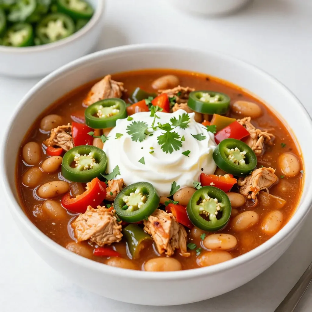 To make this Cajun white chicken chili, gather these key items: - 1 lb boneless, skinless chicken breasts, diced - 1 tablespoon olive oil - 1 medium onion, diced - 3 cloves garlic, minced - 1 red bell pepper, diced - 1 green bell pepper, diced - 2 cans (15 oz each) white beans, drained and rinsed - 1 can (15 oz) diced tomatoes with green chilies - 2 cups chicken broth - 2 teaspoons Cajun seasoning - 1 teaspoon cumin - Salt and pepper to taste - 1 cup corn (fresh or frozen) - ½ cup sour cream (for serving) - Fresh cilantro, chopped (for garnish) - Sliced jalapeños (optional for garnish) You can add more depth to your chili with these extras: - A squeeze of lime juice for freshness - Chopped green onions for a mild onion flavor - Smoked paprika for a hint of smokiness - A splash of hot sauce for added heat When selecting your ingredients, keep these tips in mind: - Chicken: Look for fresh, high-quality chicken. Free-range or organic options often taste best. - Vegetables: Choose firm, vibrant vegetables. Fresh peppers and onions will add great flavor. - Beans: Use low-sodium canned beans to control salt. Rinsing them reduces extra sodium. - Broth: Opt for homemade or low-sodium chicken broth for a richer taste. - Spices: Fresh spices give the best flavor. Check the expiration dates for peak freshness. With these ingredients, your Cajun white chicken chili will be hearty and delicious! {{ingredient_image_1}} Start by gathering all your ingredients. You will need 1 pound of chicken breasts, diced into small pieces. Heat 1 tablespoon of olive oil in a large pot over medium heat. Once the oil is hot, add the chicken. Season it with salt, pepper, and 2 teaspoons of Cajun seasoning. Cook the chicken for about 5 to 7 minutes. You want it to brown on all sides. After cooking, remove the chicken from the pot and set it aside. Next, add your diced onion, minced garlic, and both red and green bell peppers into the same pot. This builds on the rich flavors from the chicken. Sauté the veggies for about 5 to 6 minutes. You want them softened and fragrant. Once the veggies are ready, it’s time to add the rest. Pour in 2 cans of white beans that you’ve drained and rinsed. Then, add 1 can of diced tomatoes with green chilies and 2 cups of chicken broth. Stir everything together. Bring this mixture to a simmer. It will create a nice base for your chili. Now, return the cooked chicken to the pot. Add 1 teaspoon of cumin and 1 cup of corn, fresh or frozen. Stir well to combine all the ingredients. Let the chili simmer for 20 to 25 minutes. Stir occasionally to prevent sticking. This simmering allows the flavors to blend beautifully. After 25 minutes, check the seasoning. You might want to add more salt, pepper, or Cajun seasoning. When the chili has thickened and the flavors meld, it’s ready to serve. Ladle it into bowls for a hearty meal. Enjoy the warmth of each bite! To boost the flavor of your Cajun white chicken chili, try these tips: - Use fresh herbs like thyme or parsley. - Add a splash of lime juice for brightness. - Mix in a tablespoon of honey for a sweet touch. - Experiment with different hot sauces for heat. - Let the chili sit for a few hours or overnight. The flavors deepen over time. Be aware of these common mistakes: - Overcooking the chicken can make it tough. Cook just until browned. - Forgetting to season at each step can lead to bland chili. Add salt and pepper as you go. - Using low-quality canned beans or tomatoes can affect taste. Choose good brands for better results. - Skipping the simmer time makes the flavors less rich. Allow at least 20 minutes to meld. Serve your chili with a few tasty sides: - Ladle it into bowls and top with sour cream. - Sprinkle chopped cilantro for freshness. - Add sliced jalapeños for extra spice. - Pair with warm cornbread or crispy tortilla chips. - Offer a side salad for a refreshing crunch. These tips will help you make the best Cajun white chicken chili. Enjoy the rich flavors and hearty feel! Pro Tips Use Fresh Ingredients: Fresh vegetables and herbs will elevate the flavor of your chili significantly. Try to use seasonal produce for the best taste. Adjust Spice Levels: If you prefer a milder chili, reduce the amount of Cajun seasoning or add more sour cream when serving to balance the heat. Make It Ahead: Chili tastes even better the next day! Make a big batch and store leftovers in the fridge for up to three days or freeze for later use. Experiment with Toppings: Enhance your chili with a variety of toppings such as cheese, avocado, or crispy tortilla strips for added texture and flavor. {{image_2}} You can swap chicken for turkey. Use about the same amount. Turkey gives a nice flavor. If you want a plant-based option, try tofu. Press it well to remove extra water. Cut it into cubes and add it when you cook the veggies. It will soak up all the tasty spices. For a meatless chili, focus on beans. Use more white beans or add black beans. You can also include lentils for extra protein. Make sure to add more veggies too. Zucchini, carrots, and corn work well. This way, you keep the chili hearty and satisfying. To adjust the spice level, start with less Cajun seasoning. You can always add more later. For a milder chili, skip the diced tomatoes with green chilies. If you like heat, add jalapeños when cooking. You can also sprinkle some cayenne pepper for an extra kick. Just remember to taste as you go! After enjoying your Cajun White Chicken Chili, store leftovers in airtight containers. Make sure the chili cools down to room temperature before sealing. This helps keep it fresh and tasty. Place the containers in the fridge if you plan to eat the chili within three to four days. For longer storage, consider freezing it. To reheat your chili, you can use the stove or microwave. If using the stove, pour the chili into a pot. Heat it over medium-low heat, stirring often. This helps it warm evenly. For the microwave, place the chili in a microwave-safe bowl. Cover it loosely and heat in short bursts, stirring in between. This keeps it from drying out. Freezing is a great option for longer storage. To freeze Cajun White Chicken Chili, let it cool completely. Transfer it into freezer-safe bags or containers. Remove as much air as possible to prevent freezer burn. Label the bags with the date. You can store it in the freezer for up to three months. When ready to eat, thaw in the fridge overnight before reheating. You can serve Cajun White Chicken Chili with several tasty sides. Here are some options: - Warm cornbread - Crispy tortilla chips - Fresh avocado slices - A simple green salad - Rice or quinoa for extra filling Each of these pairs well with the chili's rich flavors. They add different textures and tastes to your meal. I love serving it with cornbread. The sweet bread balances the spice nicely. Yes, you can make this chili in advance. It tastes even better the next day! The flavors blend and deepen overnight. - Cool the chili after cooking. - Store it in an airtight container. - Refrigerate for up to three days. You can also freeze it. Just let it cool, then transfer to a freezer-safe container. It can last up to three months in the freezer. Thaw it in the fridge before reheating. You know the chili is done when it thickens and flavors meld together. - It should simmer for 20-25 minutes. - The chicken will be cooked through and tender. - The beans should be heated and soft. If you taste it and feel it needs more seasoning, add salt, pepper, or Cajun seasoning. Enjoy the savory goodness! In this article, I covered how to make Cajun White Chicken Chili. We looked at key ingredients, preparation steps, and tips to enhance flavor. You can experiment with variations and learn proper storage methods. Remember to choose quality ingredients for the best taste. Avoid common mistakes for a smoother cooking experience. You can also adjust spice levels to suit any palate. Keep these points in mind, and you’ll create a tasty chili that everyone will love. Enjoy your cooking journey!