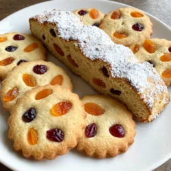 To make these tasty cookies, you need a few key ingredients: - 2 cups all-purpose flour - 1 teaspoon baking powder - 1/2 teaspoon ground cinnamon - 1/4 teaspoon ground nutmeg - 1/4 teaspoon salt - 1/2 cup unsalted butter, softened - 1 cup granulated sugar - 1 large egg - 1 teaspoon vanilla extract - 1/2 cup chopped dried fruit (like apricots, cherries, or raisins) - 1/2 cup finely chopped nuts (almonds or hazelnuts) - 1/4 cup orange zest - 1/4 cup almond meal (or finely ground almonds) - Powdered sugar for dusting These ingredients create a rich flavor. They blend together for a soft, chewy cookie. You can make your Stollen Cookies unique with some optional ingredients: - Additional spices like ginger or cloves for extra warmth - Dark chocolate chips for a sweet twist - Lemon zest instead of orange zest for a bright flavor - Different dried fruits like figs or dates for variety These variations can make your cookies stand out during the holidays. If you need to swap ingredients, here are some ideas: - Use whole wheat flour instead of all-purpose for a nutty taste - Replace unsalted butter with coconut oil for a dairy-free option - Use brown sugar instead of granulated sugar for a deeper flavor - Substitute egg with a flax egg for a vegan version These substitutions keep the cookies tasty while meeting dietary needs. Enjoy the process of making them! {{ingredient_image_1}} Start by preheating your oven to 350°F (175°C). Line a baking sheet with parchment paper. In a mixing bowl, combine 2 cups of all-purpose flour, 1 teaspoon of baking powder, 1/2 teaspoon of ground cinnamon, 1/4 teaspoon of ground nutmeg, and 1/4 teaspoon of salt. Whisk these ingredients together until they are mixed well. Next, in a separate large bowl, take 1/2 cup of softened unsalted butter and 1 cup of granulated sugar. Beat them together until the mixture is light and fluffy. This step is key for a good texture. Now, add 1 large egg and 1 teaspoon of vanilla extract to the butter-sugar mix. Beat everything until well combined. Gradually mix in the dry ingredients from the first bowl. Stir until the dough is fully mixed. Then, fold in 1/2 cup of chopped dried fruits, like apricots, cherries, and raisins. Add 1/2 cup of finely chopped nuts, such as almonds or hazelnuts, and 1/4 cup of orange zest for a bright flavor. Lastly, add in 1/4 cup of almond meal or finely ground almonds. Use a spoon or a cookie scoop to drop rounded tablespoons of dough onto the prepared baking sheet. Make sure to space them about 2 inches apart. This space allows them to spread while baking. Gently press down on each cookie to slightly flatten them. This step helps them bake evenly. Place the tray in the oven and bake for 12 to 15 minutes. Keep an eye on them until the edges turn lightly golden. After baking, allow the cookies to cool on the baking sheet for about 5 minutes. This helps them set before moving them. Then, transfer them to a wire rack to cool completely. Once the cookies are cool, take a dusting of powdered sugar and sprinkle it over them. This adds a nice festive touch and makes them look special. Enjoy making these flavorful holiday treats! To make the best German Stollen Cookies, follow these tips: - Measure ingredients accurately. Use a kitchen scale for precision. - Use room temperature butter. It mixes better with sugar and gives a fluffy texture. - Don’t skip the spices. Cinnamon and nutmeg add warmth and depth to flavor. - Mix gently. Over-mixing can lead to tough cookies. Combine until just mixed. When baking, avoid these common mistakes: - Using cold butter. It won’t blend well and affects texture. - Skipping the resting phase. Allow the cookies to cool on the baking sheet. It helps them set and prevents breakage. - Not spacing cookies properly. Leave enough space to avoid spreading together. - Underbaking. Ensure they are lightly golden at the edges for the best texture. To elevate your Stollen Cookies, consider these ideas: - Try different dried fruits. Apricots, cherries, and raisins give unique tastes and textures. - Add zest. Orange zest brightens the cookies and adds freshness. - Incorporate nuts. Almonds and hazelnuts add crunch and richness. - Dust with powdered sugar. It adds a sweet finish and enhances presentation. By following these tips and tricks, you can create delightful Stollen Cookies that will impress your friends and family this holiday season! Pro Tips Chill the Dough: For a firmer texture and easier handling, chill the cookie dough for 30 minutes before baking. Mix and Match Dried Fruits: Feel free to experiment with different dried fruits like figs or cranberries for varied flavors. Nut Options: Use a combination of nuts for added crunch, such as walnuts, pecans, or even pistachios. Storage Tip: Store cookies in an airtight container at room temperature for up to a week, or freeze for longer freshness. {{image_2}} You can change the dried fruits in your Stollen cookies. While I love apricots, cherries, and raisins, there are many choices. Try using cranberries for a tart twist. Diced figs add a sweet touch, too. Each fruit brings its own flavor. This lets you make a cookie that suits your taste. Nuts add a nice crunch to Stollen cookies. Almonds and hazelnuts are my favorites. However, you can swap in walnuts or pecans for a different taste. Cashews give a softer bite, which some people enjoy. Just remember to chop them finely so they mix well into the dough. Spices and extracts can change the flavor of your Stollen cookies. Besides cinnamon and nutmeg, consider adding ginger or cardamom for warmth. A splash of almond extract can enhance the nutty notes, too. If you want a citrus kick, try lemon zest instead of orange zest. These small changes can make a big difference. To keep your Stollen cookies fresh, place them in an airtight container. This helps retain their soft texture and rich flavor. You can layer the cookies with parchment paper to prevent sticking. Store them in a cool, dry place away from sunlight. If you want to save some cookies for later, freezing works well. Let the cookies cool completely before freezing. Then, arrange them in a single layer on a baking sheet. Freeze until solid, then transfer them to a freezer bag. Remove as much air as possible before sealing. They can last up to three months in the freezer. Stollen cookies will stay fresh for about one week at room temperature. If you store them in the fridge, they can last up to two weeks. For the best taste and texture, enjoy them within a week of baking. If you notice any signs of mold or an off smell, it's best to discard them. German Stollen Cookies come from a long tradition in Germany. Stollen dates back to the 14th century. It was made as a bread-like fruitcake for Christmas. The cookies are a smaller, easier version of this festive treat. They keep the same flavors, like dried fruit and nuts. These cookies capture the spirit of the holiday season with every bite. Enjoying them warms the heart and brings back memories of family gatherings. Yes, you can make Stollen Cookies in advance. They store well and taste great even days later. Prepare the dough ahead of time and refrigerate it for up to three days. You can also bake the cookies and store them in an airtight container. If you want, freeze the baked cookies for up to three months. Just remember to dust with powdered sugar after thawing. This way, you can serve them fresh and delicious at any time. Serve Stollen Cookies on a festive platter. They look great with a dusting of powdered sugar. You can add whole nuts and dried fruit around them for a charming touch. Pair them with coffee or hot chocolate for a cozy treat. They also make lovely gifts for friends or family during the holidays. Remember, the joy of sharing these cookies is part of the fun! German Stollen cookies are a delightful treat. We discussed needed ingredients, steps to bake them, and storage tips. You can personalize them with various fruits and nuts for extra flavor. Remember, avoid common mistakes to ensure the best cookies. Storing them correctly helps keep them fresh longer. Enjoy making these cookies for any occasion. You’ll impress your friends and family with your baking skills. Dive in and create your own tasty version!