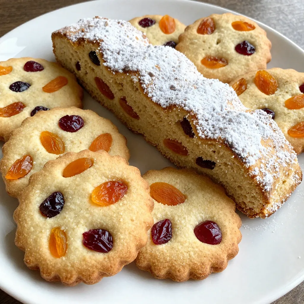 To make these tasty cookies, you need a few key ingredients: - 2 cups all-purpose flour - 1 teaspoon baking powder - 1/2 teaspoon ground cinnamon - 1/4 teaspoon ground nutmeg - 1/4 teaspoon salt - 1/2 cup unsalted butter, softened - 1 cup granulated sugar - 1 large egg - 1 teaspoon vanilla extract - 1/2 cup chopped dried fruit (like apricots, cherries, or raisins) - 1/2 cup finely chopped nuts (almonds or hazelnuts) - 1/4 cup orange zest - 1/4 cup almond meal (or finely ground almonds) - Powdered sugar for dusting These ingredients create a rich flavor. They blend together for a soft, chewy cookie. You can make your Stollen Cookies unique with some optional ingredients: - Additional spices like ginger or cloves for extra warmth - Dark chocolate chips for a sweet twist - Lemon zest instead of orange zest for a bright flavor - Different dried fruits like figs or dates for variety These variations can make your cookies stand out during the holidays. If you need to swap ingredients, here are some ideas: - Use whole wheat flour instead of all-purpose for a nutty taste - Replace unsalted butter with coconut oil for a dairy-free option - Use brown sugar instead of granulated sugar for a deeper flavor - Substitute egg with a flax egg for a vegan version These substitutions keep the cookies tasty while meeting dietary needs. Enjoy the process of making them! {{ingredient_image_1}} Start by preheating your oven to 350°F (175°C). Line a baking sheet with parchment paper. In a mixing bowl, combine 2 cups of all-purpose flour, 1 teaspoon of baking powder, 1/2 teaspoon of ground cinnamon, 1/4 teaspoon of ground nutmeg, and 1/4 teaspoon of salt. Whisk these ingredients together until they are mixed well. Next, in a separate large bowl, take 1/2 cup of softened unsalted butter and 1 cup of granulated sugar. Beat them together until the mixture is light and fluffy. This step is key for a good texture. Now, add 1 large egg and 1 teaspoon of vanilla extract to the butter-sugar mix. Beat everything until well combined. Gradually mix in the dry ingredients from the first bowl. Stir until the dough is fully mixed. Then, fold in 1/2 cup of chopped dried fruits, like apricots, cherries, and raisins. Add 1/2 cup of finely chopped nuts, such as almonds or hazelnuts, and 1/4 cup of orange zest for a bright flavor. Lastly, add in 1/4 cup of almond meal or finely ground almonds. Use a spoon or a cookie scoop to drop rounded tablespoons of dough onto the prepared baking sheet. Make sure to space them about 2 inches apart. This space allows them to spread while baking. Gently press down on each cookie to slightly flatten them. This step helps them bake evenly. Place the tray in the oven and bake for 12 to 15 minutes. Keep an eye on them until the edges turn lightly golden. After baking, allow the cookies to cool on the baking sheet for about 5 minutes. This helps them set before moving them. Then, transfer them to a wire rack to cool completely. Once the cookies are cool, take a dusting of powdered sugar and sprinkle it over them. This adds a nice festive touch and makes them look special. Enjoy making these flavorful holiday treats! To make the best German Stollen Cookies, follow these tips: - Measure ingredients accurately. Use a kitchen scale for precision. - Use room temperature butter. It mixes better with sugar and gives a fluffy texture. - Don’t skip the spices. Cinnamon and nutmeg add warmth and depth to flavor. - Mix gently. Over-mixing can lead to tough cookies. Combine until just mixed. When baking, avoid these common mistakes: - Using cold butter. It won’t blend well and affects texture. - Skipping the resting phase. Allow the cookies to cool on the baking sheet. It helps them set and prevents breakage. - Not spacing cookies properly. Leave enough space to avoid spreading together. - Underbaking. Ensure they are lightly golden at the edges for the best texture. To elevate your Stollen Cookies, consider these ideas: - Try different dried fruits. Apricots, cherries, and raisins give unique tastes and textures. - Add zest. Orange zest brightens the cookies and adds freshness. - Incorporate nuts. Almonds and hazelnuts add crunch and richness. - Dust with powdered sugar. It adds a sweet finish and enhances presentation. By following these tips and tricks, you can create delightful Stollen Cookies that will impress your friends and family this holiday season! Pro Tips Chill the Dough: For a firmer texture and easier handling, chill the cookie dough for 30 minutes before baking. Mix and Match Dried Fruits: Feel free to experiment with different dried fruits like figs or cranberries for varied flavors. Nut Options: Use a combination of nuts for added crunch, such as walnuts, pecans, or even pistachios. Storage Tip: Store cookies in an airtight container at room temperature for up to a week, or freeze for longer freshness. {{image_2}} You can change the dried fruits in your Stollen cookies. While I love apricots, cherries, and raisins, there are many choices. Try using cranberries for a tart twist. Diced figs add a sweet touch, too. Each fruit brings its own flavor. This lets you make a cookie that suits your taste. Nuts add a nice crunch to Stollen cookies. Almonds and hazelnuts are my favorites. However, you can swap in walnuts or pecans for a different taste. Cashews give a softer bite, which some people enjoy. Just remember to chop them finely so they mix well into the dough. Spices and extracts can change the flavor of your Stollen cookies. Besides cinnamon and nutmeg, consider adding ginger or cardamom for warmth. A splash of almond extract can enhance the nutty notes, too. If you want a citrus kick, try lemon zest instead of orange zest. These small changes can make a big difference. To keep your Stollen cookies fresh, place them in an airtight container. This helps retain their soft texture and rich flavor. You can layer the cookies with parchment paper to prevent sticking. Store them in a cool, dry place away from sunlight. If you want to save some cookies for later, freezing works well. Let the cookies cool completely before freezing. Then, arrange them in a single layer on a baking sheet. Freeze until solid, then transfer them to a freezer bag. Remove as much air as possible before sealing. They can last up to three months in the freezer. Stollen cookies will stay fresh for about one week at room temperature. If you store them in the fridge, they can last up to two weeks. For the best taste and texture, enjoy them within a week of baking. If you notice any signs of mold or an off smell, it's best to discard them. German Stollen Cookies come from a long tradition in Germany. Stollen dates back to the 14th century. It was made as a bread-like fruitcake for Christmas. The cookies are a smaller, easier version of this festive treat. They keep the same flavors, like dried fruit and nuts. These cookies capture the spirit of the holiday season with every bite. Enjoying them warms the heart and brings back memories of family gatherings. Yes, you can make Stollen Cookies in advance. They store well and taste great even days later. Prepare the dough ahead of time and refrigerate it for up to three days. You can also bake the cookies and store them in an airtight container. If you want, freeze the baked cookies for up to three months. Just remember to dust with powdered sugar after thawing. This way, you can serve them fresh and delicious at any time. Serve Stollen Cookies on a festive platter. They look great with a dusting of powdered sugar. You can add whole nuts and dried fruit around them for a charming touch. Pair them with coffee or hot chocolate for a cozy treat. They also make lovely gifts for friends or family during the holidays. Remember, the joy of sharing these cookies is part of the fun! German Stollen cookies are a delightful treat. We discussed needed ingredients, steps to bake them, and storage tips. You can personalize them with various fruits and nuts for extra flavor. Remember, avoid common mistakes to ensure the best cookies. Storing them correctly helps keep them fresh longer. Enjoy making these cookies for any occasion. You’ll impress your friends and family with your baking skills. Dive in and create your own tasty version!