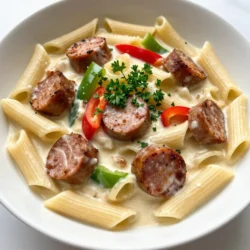 To make this creamy Cajun sausage pasta, gather these key ingredients: - 12 oz (340g) penne pasta - 1 lb (450g) smoked sausage, sliced - 1 medium onion, diced - 3 cloves garlic, minced - 1 red bell pepper, diced - 1 green bell pepper, diced - 2 cups (480ml) chicken broth - 1 cup (240ml) heavy cream - 1 tablespoon Cajun seasoning - 1 teaspoon smoked paprika - 1 cup (100g) grated Parmesan cheese - Salt and pepper to taste - Fresh parsley, chopped (for garnish) You can adjust the recipe to fit your taste. Here are some options: - Substitute penne with fusilli or farfalle. - Use turkey or chicken sausage for a lighter dish. - Add spinach or kale for extra greens. - Include diced tomatoes for a fresh kick. - Swap heavy cream with half-and-half for a lighter sauce. Using good brands makes a difference. Here are my top picks: - Pasta: Barilla or De Cecco for quality penne. - Sausage: Aidells or Johnsonville for tasty smoked sausage. - Chicken Broth: Swanson or College Inn for rich flavor. - Parmesan Cheese: BelGioioso or Grana Padano for the best melt. - Cajun Seasoning: Tony Chachere's or Zatarain's for authentic taste. Feel free to mix and match these ingredients to suit your needs and preferences! {{ingredient_image_1}} 1. Heat the Oil: Start by heating a drizzle of olive oil in a large pot over medium heat. This helps cook the sausage and vegetables well. 2. Brown the Sausage: Add the sliced smoked sausage. Sauté it until it turns brown, which should take about 5-7 minutes. This step adds great flavor. 3. Add the Veggies: Toss in the diced onion, red bell pepper, and green bell pepper. Cook these for another 5 minutes. Stir occasionally, so they soften and blend with the sausage. 4. Incorporate Garlic: Now, add the minced garlic. Cook it for one more minute. The smell will be amazing! 5. Combine the Pasta and Liquids: Add the penne pasta to the pot. Pour in the chicken broth, heavy cream, Cajun seasoning, and smoked paprika. Mix everything well. 6. Boil and Simmer: Bring the mixture to a gentle boil. Then, lower the heat and cover the pot. Let it simmer for 12-15 minutes. Stir it occasionally until the pasta is cooked al dente. 7. Mix in Cheese: Once the pasta is cooked, stir in the grated Parmesan cheese. Keep stirring until it melts and makes the sauce creamy. If the sauce seems too thick, add a splash of chicken broth. 8. Season to Taste: Finally, season your dish with salt and pepper to your liking. 9. Garnish and Serve: Serve hot. Top each plate with chopped fresh parsley for color and a fresh taste. - Use a Large Pot: A large pot helps cook the pasta evenly and prevents it from sticking. - Stir Often: Stirring helps the pasta cook evenly and prevents it from clumping. - Taste as You Go: Always taste your dish before serving. Adjust the seasoning if needed. - Plate It Right: Use a large spoon to serve the pasta. Make sure you get sausage and veggies in each scoop. - Add Fresh Herbs: Sprinkle extra parsley on top. It adds color and freshness. - Pair with Bread: Serve with crusty bread or garlic bread to soak up the creamy sauce. Enjoy this one-pot creamy Cajun sausage pasta! To make this pasta shine, use fresh spices. Cajun seasoning brings heat and depth. I love to add smoked paprika for a hint of sweetness. Taste as you cook to adjust the salt and pepper. This gives you control over the final flavor. If you want more heat, add a pinch of cayenne pepper. Fresh parsley not only looks good but also adds a fresh taste. One common mistake is overcooking the pasta. Keep an eye on it while it simmers. You want the pasta al dente, not mushy. Another mistake is not using enough liquid. If the pot looks dry, add more chicken broth. This keeps your dish creamy. Lastly, don’t skip the cheese. It makes the sauce rich and thick. Prep your veggies ahead of time. Chop the onion and bell peppers, and mince the garlic. Store them in the fridge until you're ready. This cuts down cooking time. You can also slice the sausage in advance. If you want to speed things up even more, use pre-sliced sausage. It saves time and still tastes great. Pro Tips Use High-Quality Sausage: Opt for a good-quality smoked sausage for a richer flavor that enhances the overall dish. Customize Your Vegetables: Feel free to add or substitute other vegetables like zucchini or mushrooms to suit your taste. Adjust the Spice Level: If you prefer a milder dish, reduce the Cajun seasoning or add it gradually until you reach your desired heat. Leftover Storage: Store leftover pasta in an airtight container in the fridge for up to 3 days; reheat on the stove with a splash of broth to revive the creaminess. {{image_2}} You can easily make this dish vegetarian or vegan. Simply swap the smoked sausage for a plant-based option. There are many great brands available. For the cream, use coconut milk or cashew cream. They add a rich flavor and keep it creamy. Replace chicken broth with vegetable broth for a complete vegan dish. This way, you still enjoy a tasty meal without meat or dairy. If you want to change the protein, you have options. Chicken or turkey sausage works well if you prefer poultry. For a lighter choice, try shrimp. Add shrimp in the last few minutes of cooking. This way, it cooks just right without getting tough. You can also use diced chicken or tofu. Each will bring its own flavor to the dish. To adjust the spice level, start with less Cajun seasoning. Add a little at a time until it’s just right for you. If you love heat, add extra Cajun seasoning or red pepper flakes. You can also use fresh jalapeños for a fresh kick. Balance the heat with a little extra cream if it gets too spicy. Enjoy experimenting to find your perfect heat level! After you enjoy your One-Pot Creamy Cajun Sausage Pasta, let it cool off. Store it in an airtight container. This keeps it fresh. You can keep it in the fridge for about three to four days. Make sure it is sealed well to avoid any smells. When you are ready to eat the leftovers, take them out of the fridge. You can reheat the pasta on the stove or in the microwave. If using the stove, add a splash of chicken broth to help loosen the sauce. Heat it over medium heat until warm. In the microwave, cover the dish and heat for one to two minutes. Stir halfway through to heat evenly. If you want to save some pasta for later, freezing is a great option. Portion it into smaller containers before freezing. This way, you can take out just what you need. When you're ready to eat, take it out of the freezer and let it thaw in the fridge overnight. To reheat, follow the same methods above. You may need to add a bit of broth to keep it creamy. Yes, you can use any pasta you like! Just remember to adjust the cooking time. For example, if you switch to spaghetti, it may cook faster than penne. Always check the package directions. This way, your pasta will be just right. To make this recipe gluten-free, choose gluten-free pasta. Many brands offer great options. You can also check the sausage label. Make sure it has no gluten. This way, you can enjoy the dish without worry. Yes, you can make this dish ahead! Cook it, then let it cool. Store it in an airtight container in the fridge. Reheat it on the stove or in the microwave later. Just add a splash of broth if it thickens too much. Enjoy your tasty meal anytime! In this post, I covered key ingredients and options to customize your dish. You learned a step-by-step cooking process, along with helpful tips to get it just right. We explored variations, so you can adapt the recipe to your taste. Proper storage and reheating will help your leftovers last longer. Lastly, I answered common questions to boost your cooking confidence. Enjoy creating a meal that suits your style and taste!