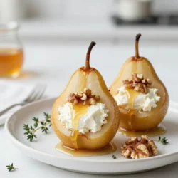 To make Honey Goat Cheese Baked Pears, gather these ingredients: - 4 ripe pears, halved and cored - 8 oz goat cheese, softened - 1/4 cup honey - 1 teaspoon vanilla extract - 1/2 cup walnuts, chopped - 1/2 teaspoon cinnamon - Fresh thyme leaves for garnish (optional) These ingredients blend well together. The pears become soft and sweet, while the goat cheese adds a creamy touch. The honey gives a nice glaze. You can swap some ingredients if needed: - Use cream cheese instead of goat cheese for a milder flavor. - Maple syrup can replace honey for a different sweetness. - Any nuts, like pecans or almonds, can work instead of walnuts. - Fresh rosemary or basil can be a fun twist instead of thyme. These substitutions help you personalize the dish to your taste. This dish serves four. Each serving has about: - 300 calories - 15g fat - 30g carbohydrates - 10g protein The pears provide fiber and vitamins. Goat cheese adds protein and calcium. Enjoy this treat without guilt! {{ingredient_image_1}} To start, preheat your oven to 375°F (190°C). This heat makes the pears soft and sweet. Next, take your ripe pears and cut them in half. Use a spoon to scoop out the core. Make sure to leave enough space for the filling. In a bowl, mix 8 oz of softened goat cheese, 1/4 cup honey, 1 teaspoon vanilla extract, and 1/2 teaspoon cinnamon. Stir until it’s smooth and creamy. This mixture will be the topping for your pears. Once your pears are ready, fill each half with the goat cheese mix. Don’t be shy; pack it in well! Then, place the stuffed pears in a baking dish. Sprinkle 1/2 cup of chopped walnuts on top for a nice crunch. Drizzle a bit more honey over the pears for extra sweetness. Cover the dish with aluminum foil. Bake for 25-30 minutes. This helps the pears cook evenly. In the last 5-10 minutes, remove the foil. This allows the tops to brown just right. When they’re done, let them cool for a few minutes before eating. These baked pears are great on their own, but you can make them even better. Serve them warm for a cozy treat. For a touch of color, add fresh thyme leaves as a garnish. You can also pair them with a scoop of vanilla ice cream or a dollop of yogurt. This adds a nice creaminess that balances the dish. Enjoy your tasty and simple treat! When picking pears, look for ripe ones. Ripe pears feel slightly soft when you press them gently. You can use Bartlett or Bosc pears for this recipe. They have the right sweetness and texture. Avoid pears that are too hard; they won't bake well. If your pears are not ripe yet, let them sit at room temperature for a few days. To boost the flavor, try adding more spices. Nutmeg or ginger can add a warm kick. You can also mix in dried fruits like cranberries or figs. They add extra sweetness and texture. For a savory twist, add a pinch of sea salt on top of the goat cheese. This balance will make each bite better. A common mistake is overbaking the pears. Keep an eye on them in the oven. You want them tender, but not mushy. Also, don't skip the honey drizzle on top. It adds a nice glaze and extra flavor. Lastly, be careful when scooping out the pears. You want enough space for the cheese without breaking the fruit apart. Pro Tips Choose the Right Pears: Select ripe, firm pears for the best texture and flavor. Varieties like Bartlett or Bosc work wonderfully. Experiment with Flavors: Feel free to add spices like nutmeg or cardamom to the goat cheese filling for a unique twist. Toast the Walnuts: Lightly toasting the walnuts before adding them enhances their flavor and adds a delightful crunch to the dish. Serve Warm: These baked pears are best served warm, so allow them to cool slightly before enjoying for the perfect melt-in-your-mouth experience. {{image_2}} You can switch out goat cheese for other cheeses. Cream cheese adds a smooth texture. Mascarpone gives a rich flavor. Feta cheese brings a salty kick. Each choice changes the taste. Play around and find what you love. Consider adding more flavor with fruits or spices. Dried cranberries or figs add sweetness. Fresh berries can boost color and taste. You can sprinkle nutmeg or ginger for warmth. These small changes make the dish unique. Pair baked pears with other tasty foods. Serve them with ice cream for a creamy treat. A scoop of yogurt can add tanginess. These options balance the sweet and savory flavors. Try serving with a salad for freshness. Each pairing enhances the overall meal. To store leftover baked pears, let them cool first. Place them in an airtight container. Keep the container in the fridge. They stay fresh for about three days. The cheese may harden a bit, but the flavor remains. When you want to enjoy them again, preheat your oven to 350°F (175°C). Place the pears on a baking sheet. Cover them lightly with foil to keep them moist. Heat for about 10-15 minutes. You could also microwave them for a quick option, but the oven gives better results. Freezing baked pears is an option, but they may lose some texture. To freeze, wrap each pear half tightly in plastic wrap. Place them in a freezer-safe bag. They can last for up to three months. Thaw them in the fridge before reheating. Note that freezing may change the texture, but the taste remains delicious! Yes, you can make this recipe ahead of time. Prepare the pears and stuff them with the cheese mixture. Cover and store them in the fridge for up to a day. When ready to bake, just take them out and follow the baking steps. This saves time and still gives you a tasty treat. I recommend using ripe Bartlett or Bosc pears. These pears have a sweet taste and a soft texture. They bake well and hold their shape. Make sure they are ripe but not too soft. This ensures they cook evenly and taste great. Yes, you can try different cheeses. Cream cheese or ricotta can work well. Each cheese will give a unique taste. Goat cheese has a tangy flavor, but other cheeses can add creaminess. Just keep in mind the texture and flavor you want. This blog post covers key ingredients for your dish, cooking steps, and tips for success. You learned how to choose the best pears and enhance flavors. I shared variations for fun twists and ways to store leftovers properly. Remember to consider common mistakes to get the best results. Trust your taste and experiment! Cooking should be fun, and you can create your perfect dish. Enjoy your cooking journey!