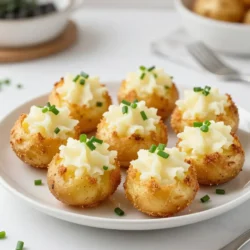 For these Holiday Duchess Potatoes, you will need: - 2 pounds Yukon Gold potatoes, peeled and cubed - 4 tablespoons unsalted butter - 1/2 cup heavy cream - 3 large egg yolks - 1/2 teaspoon garlic powder - 1/4 teaspoon nutmeg - Salt and pepper to taste - Fresh chives, finely chopped (for garnish) Each ingredient plays a key role. Yukon Gold potatoes give a creamy texture. Butter adds richness. Heavy cream makes them extra smooth. Egg yolks help bind everything together. Garlic powder and nutmeg add warm flavors. Salt and pepper bring out all the tastes. Chives add a fresh touch on top. If you want to switch ingredients, here are some ideas: - Use Russet potatoes instead of Yukon Gold for a fluffier texture. - Swap heavy cream with milk or a dairy-free alternative for a lighter dish. - Replace garlic powder with fresh garlic for a stronger taste. - Try using dried herbs like thyme or rosemary instead of nutmeg for a different flavor. - For a vegan option, use vegan butter and a flax egg instead of egg yolks. These swaps can give you new tastes while keeping the dish delicious. Using fresh ingredients matters. Fresh potatoes taste better and have more nutrients. Fresh chives add bright flavor and color. Fresh butter ensures creaminess. When you use fresh items, your Holiday Duchess Potatoes will shine. Always choose quality ingredients. They make a big difference in taste and texture. Your guests will notice the care you put into making this dish. {{ingredient_image_1}} Start with 2 pounds of Yukon Gold potatoes. Peel and cube them into small pieces. Place the potatoes in a large pot. Cover them with cold water and add a pinch of salt. Heat over medium-high until boiling. Cook the potatoes for about 15 to 20 minutes. They should be fork-tender when done. Drain the potatoes in a colander. Return them to the pot and set the heat to low. Let them steam for about 2 minutes to remove extra moisture. Now it's time to mash the potatoes. Use a potato ricer or a masher for this step. Make sure to mash until the potatoes are smooth. Your goal is to have no lumps in the mix. Once smooth, add 4 tablespoons of unsalted butter. Mix until the butter melts into the potatoes. Next, pour in 1/2 cup of heavy cream. Add 3 large egg yolks, 1/2 teaspoon of garlic powder, and 1/4 teaspoon of nutmeg. Season with salt and pepper to taste. Stir everything well until combined and creamy. Preheat your oven to 400°F (200°C). Grab a pastry bag and fit it with a large star tip. Transfer the creamy potato mixture into the bag. Pipe small mounds onto a parchment-lined baking sheet. Space them about 2 inches apart. Bake in the oven for 20 to 25 minutes. Look for golden brown tops to know they are ready. Once baked, remove them from the oven. Garnish with finely chopped chives for a festive touch. Serve warm and enjoy the delightful flavors! To make your Duchess Potatoes light and fluffy, start with Yukon Gold potatoes. They are creamy and smooth. When boiling, add salt to the water. This boosts flavor and helps with texture. After boiling, drain the potatoes well. Return them to the pot on low heat for two minutes. This step helps steam out any extra moisture. The drier the potatoes, the fluffier they will be. Finally, mash them thoroughly. Use a potato ricer for the best results. It creates a fine, airy texture. Baking temperature matters. Preheat your oven to 400°F (200°C). This heat helps create a nice, crispy top. When piping the potatoes, use a pastry bag with a large star tip. Pipe small mounds about two inches apart. This spacing allows hot air to flow and cook evenly. Bake for 20-25 minutes. Watch closely for a golden brown color on top. This shows they are ready to serve. One common mistake is not steaming the potatoes dry. Moisture makes them dense and heavy. Another mistake is over-mixing after adding the cream and butter. Gently fold these in to keep them light. Also, don't skip the seasoning. Salt and pepper enhance the flavor. Finally, make sure your oven is preheated. A cold oven can lead to uneven cooking. Stick to these tips for perfect Duchess Potatoes every time! Pro Tips Choose the Right Potatoes: Yukon Gold potatoes are ideal for Duchess Potatoes due to their creamy texture and buttery flavor, ensuring a rich taste. Steam Drying is Key: After boiling, return the potatoes to the pot and heat them over low heat to remove excess moisture, which helps achieve a fluffy consistency. Piping Technique: Use a large star tip when piping the potatoes for beautiful presentation and to create ridges that will crisp up nicely in the oven. Garnish for Flavor: Fresh chives not only add a pop of color but also a mild onion flavor that complements the richness of the potatoes perfectly. {{image_2}} You can easily change the flavor of your Holiday Duchess Potatoes. Adding herbs and cheese gives them a tasty twist. Try mixing in fresh herbs like parsley or thyme. These add a nice green color and a fresh taste. Cheese can also make them richer. Grate some sharp cheddar or creamy goat cheese into the mix. This will make your potatoes even more delicious and special. Spices can bring new life to your Duchess Potatoes. Instead of just garlic powder, try smoked paprika for a warm flavor. You can also add a dash of cayenne pepper for a kick. If you love sweet flavors, a hint of cinnamon can work wonders too. Each of these spices can change the whole dish. Don’t be afraid to experiment and find your perfect blend. Making your Duchess Potatoes fit different diets is simple. For a vegan version, replace the butter and cream with plant-based options. Use coconut cream or almond milk for creaminess. You can swap the egg yolks with a flaxseed mixture for binding. This way, everyone can enjoy your festive dish. Always check for allergies when cooking for others, especially with dairy and eggs. After making Holiday Duchess Potatoes, let them cool down. Place them in an airtight container. They stay fresh in the fridge for up to three days. Make sure to cover them well to avoid drying out. You can freeze these potatoes for later use. After piping, place them on a baking sheet. Freeze until solid, then transfer to a freezer bag. They can last up to two months. When ready to eat, bake them from frozen. Preheat your oven to 400°F (200°C) and bake for 30-35 minutes. Meal prep makes cooking easier. You can prepare the potato mixture ahead of time. Store it in the fridge for up to two days. When ready, pipe and bake. This saves time on busy days and keeps your meals fresh. Yes, you can make Duchess Potatoes ahead of time. Prepare the potato mixture and pipe it onto the baking sheet. Cover it and store it in the fridge for up to one day. When ready to bake, take them out and let them sit for about 30 minutes. This helps them bake evenly. Then, pop them in the oven to get that golden, crispy top. To get the best texture in your Duchess Potatoes, follow a few simple steps. First, use Yukon Gold potatoes. They are creamy and rich, making for a smooth mash. After boiling, remember to steam dry the potatoes. This step removes extra moisture. Lastly, mash them well with a ricer or masher until smooth. Mix in ingredients until fully combined, ensuring no lumps remain. Holiday Duchess Potatoes pair well with many dishes. They make a great side for roasted meats like turkey or beef. You can also serve them with glazed vegetables or a nice salad. For a festive touch, consider a rich gravy or a savory sauce drizzled on top. This adds flavor and makes your meal even more special. We've explored the key ingredients and techniques for making Duchess Potatoes. You learned how to select fresh ingredients, mash potatoes, and create a fluffy texture. I shared tips for perfect baking and common mistakes to avoid. Variations and storage tips help you customize your dish. With these steps and tricks, you can create a tasty side for any meal. Enjoy the process, and impress your guests with your skills!