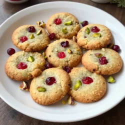 - 1 cup unsalted butter, softened - 2/3 cup powdered sugar - 1 teaspoon vanilla extract - 2 cups all-purpose flour - 1/2 cup cornstarch - 1/2 teaspoon salt - 1/2 cup dried cranberries, chopped - 1/2 cup pistachios, shelled and chopped - 1 tablespoon orange zest (optional) When making cranberry pistachio shortbread cookies, each ingredient plays a key role. The unsalted butter gives the cookies their rich, creamy base. Powdered sugar adds sweetness and helps create the tender texture. Vanilla extract brings depth and warmth to the flavor. All-purpose flour and cornstarch combine to create a light, crumbly texture. Cornstarch is especially helpful in making the cookies melt in your mouth. Salt enhances the sweetness and balances the flavors. Dried cranberries provide a pop of tartness, while chopped pistachios add a unique crunch. If you choose to add orange zest, it brightens the cookies with a fresh citrus note. This mix of flavors and textures makes these cookies truly delightful. Gather these ingredients before you start. Each one will help you create a treat that is perfect for sharing or enjoying with a cup of tea. {{ingredient_image_1}} 1. Start by taking a large mixing bowl. Beat 1 cup of softened unsalted butter and 2/3 cup of powdered sugar together. Mix until it is creamy and smooth. This step is key for a light cookie. 2. Next, add in 1 teaspoon of vanilla extract. Mix this in well. It adds a lovely flavor that makes the cookies taste great. 3. In a separate bowl, whisk together 2 cups of all-purpose flour, 1/2 cup of cornstarch, and 1/2 teaspoon of salt. This mix gives the cookies a nice crumb. 4. Slowly add the dry mixture to the butter mixture. Stir until just combined. Do not overmix, or your cookies may turn out tough. 5. Now, gently fold in 1/2 cup of chopped dried cranberries, 1/2 cup of chopped pistachios, and 1 tablespoon of orange zest if you choose to use it. These add color and taste to your cookies. 1. Divide the dough in half. Shape each half into a log about 1.5 inches in diameter. Wrap each log in plastic wrap. Chill the dough in the refrigerator for at least 2 hours. This helps the cookies keep their shape while baking. 2. Preheat your oven to 350°F (175°C). Line a baking sheet with parchment paper. This keeps the cookies from sticking. 3. After chilling, remove the dough logs from the fridge. Unwrap them and slice each log into 1/4-inch thick rounds. Place the slices on the baking sheet about 1 inch apart. 4. Bake the cookies for 12-15 minutes. Look for a light golden color around the edges. This shows they are done. 5. Once baked, remove the cookies from the oven. Let them cool on the baking sheet for a few minutes. After that, transfer them to a wire rack to cool completely. This keeps them from getting soggy. Chilling the dough is key to great cookies. When you chill the dough, it firms up. This helps the cookies keep their shape when you bake them. If you skip this step, your cookies might spread too much and become flat. To prevent your cookies from burning, watch the baking time. Set a timer for 12 minutes. Start checking for a light golden color on the edges. If the cookies look too pale, they may need a few more minutes. Always place the cookies on the center rack of the oven for even heat. Arrange your cookies on a nice platter. You can sprinkle extra chopped pistachios and dried cranberries around them. This adds a lovely touch and makes them look festive. For drinks, serve these cookies with tea or coffee. They also pair well with a glass of milk. For a fun twist, try them with orange juice. The flavors of orange and cranberry complement each other beautifully. Pro Tips Chill the Dough: Chilling the dough is essential for maintaining the cookies' shape while baking. Make sure to chill for at least 2 hours or overnight for best results. Use Fresh Ingredients: Always opt for fresh dried cranberries and pistachios to enhance the flavor and texture of your cookies. Even Slices: Ensure your cookie slices are evenly cut for uniform baking. A sharp knife or a bench scraper can help achieve this. Storage Tips: Store cooled cookies in an airtight container at room temperature for up to a week to keep them fresh and delicious. {{image_2}} You can swap butter for coconut oil or vegan butter. This makes the cookies dairy-free. For sugar, try using coconut sugar or maple syrup. These options add unique flavors. When it comes to nuts, walnuts or almonds work great too. Chopped pecans add a rich taste. You can also change the dried cranberries. Try using dried cherries or apricots for a twist. Each fruit gives a new flavor and texture to your cookies. Want to boost flavor? Add spices like cinnamon or nutmeg. Just half a teaspoon can make a big difference. You can also try adding chocolate chips for a sweet surprise. Dark chocolate pairs perfectly with cranberries. Citrus flavors are another fun touch. Adding a bit of lemon juice or lime zest brightens the taste. These simple tweaks bring fresh life to your cookies. Enjoy experimenting with different flavors! To keep your cranberry pistachio shortbread cookies fresh, use an airtight container. A metal tin or glass jar works well. Store the cookies at room temperature. Avoid placing them in direct sunlight or a humid area. You can freeze the dough for later use. Wrap it tightly in plastic wrap. Then, place it in a freezer bag. This way, you can bake fresh cookies anytime. If you freeze baked cookies, let them cool completely. Then, store them in an airtight container. They will stay fresh for up to three months. These cookies stay fresh for about one week at room temperature. After this, they may become dry and crumbly. You may notice a change in taste or texture. Signs that cookies have gone stale include a hard texture or loss of flavor. If they taste bland or feel tough, it’s time to toss them out. Can I use salted butter instead of unsalted? Yes, you can use salted butter. However, reduce the added salt to 1/4 teaspoon. This keeps the flavor balanced. What can I substitute for cornstarch? You can use arrowroot powder or potato starch. Both work well in this recipe. How can I make these cookies gluten-free? To make these cookies gluten-free, swap all-purpose flour with a gluten-free blend. Ensure it has xanthan gum for the best texture. Why are my cookies spreading too much? Cookies spread too much if the butter is too warm or the dough isn’t chilled. Always chill the dough before baking. Can I make the dough ahead of time? Yes! You can prepare the dough and chill it in the fridge for up to three days. This gives great flavor and texture. In this article, we explored the key ingredients needed for delicious cookies and how to make them. I shared step-by-step instructions on preparing the dough and provided tips for the best texture. You learned about variations with different ingredients and how to store your cookies to keep them fresh. Baking cookies can be fun and rewarding. With practice, you can create your perfect batch every time. Enjoy experimenting with flavors and share your tasty treats with friends!