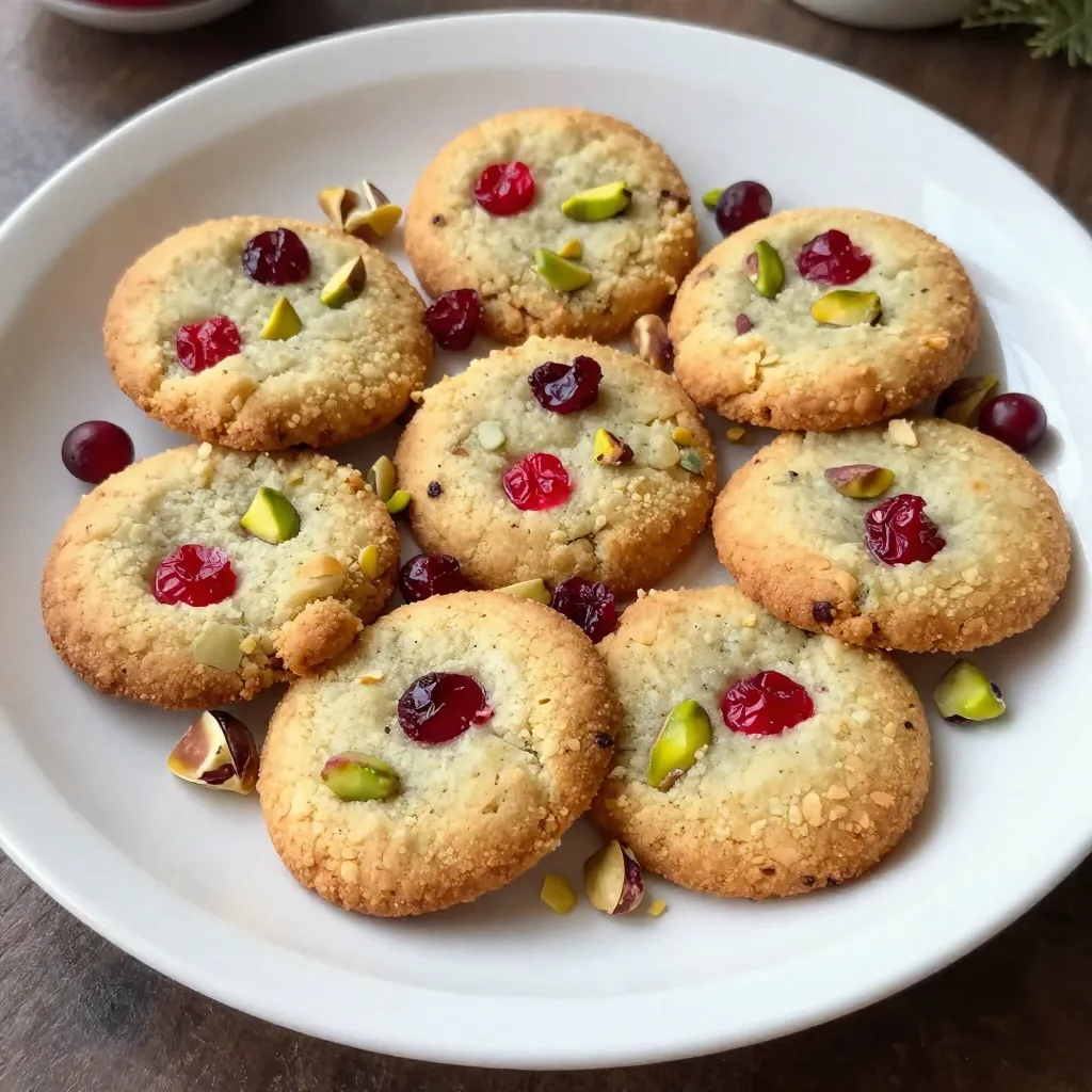 - 1 cup unsalted butter, softened - 2/3 cup powdered sugar - 1 teaspoon vanilla extract - 2 cups all-purpose flour - 1/2 cup cornstarch - 1/2 teaspoon salt - 1/2 cup dried cranberries, chopped - 1/2 cup pistachios, shelled and chopped - 1 tablespoon orange zest (optional) When making cranberry pistachio shortbread cookies, each ingredient plays a key role. The unsalted butter gives the cookies their rich, creamy base. Powdered sugar adds sweetness and helps create the tender texture. Vanilla extract brings depth and warmth to the flavor. All-purpose flour and cornstarch combine to create a light, crumbly texture. Cornstarch is especially helpful in making the cookies melt in your mouth. Salt enhances the sweetness and balances the flavors. Dried cranberries provide a pop of tartness, while chopped pistachios add a unique crunch. If you choose to add orange zest, it brightens the cookies with a fresh citrus note. This mix of flavors and textures makes these cookies truly delightful. Gather these ingredients before you start. Each one will help you create a treat that is perfect for sharing or enjoying with a cup of tea. {{ingredient_image_1}} 1. Start by taking a large mixing bowl. Beat 1 cup of softened unsalted butter and 2/3 cup of powdered sugar together. Mix until it is creamy and smooth. This step is key for a light cookie. 2. Next, add in 1 teaspoon of vanilla extract. Mix this in well. It adds a lovely flavor that makes the cookies taste great. 3. In a separate bowl, whisk together 2 cups of all-purpose flour, 1/2 cup of cornstarch, and 1/2 teaspoon of salt. This mix gives the cookies a nice crumb. 4. Slowly add the dry mixture to the butter mixture. Stir until just combined. Do not overmix, or your cookies may turn out tough. 5. Now, gently fold in 1/2 cup of chopped dried cranberries, 1/2 cup of chopped pistachios, and 1 tablespoon of orange zest if you choose to use it. These add color and taste to your cookies. 1. Divide the dough in half. Shape each half into a log about 1.5 inches in diameter. Wrap each log in plastic wrap. Chill the dough in the refrigerator for at least 2 hours. This helps the cookies keep their shape while baking. 2. Preheat your oven to 350°F (175°C). Line a baking sheet with parchment paper. This keeps the cookies from sticking. 3. After chilling, remove the dough logs from the fridge. Unwrap them and slice each log into 1/4-inch thick rounds. Place the slices on the baking sheet about 1 inch apart. 4. Bake the cookies for 12-15 minutes. Look for a light golden color around the edges. This shows they are done. 5. Once baked, remove the cookies from the oven. Let them cool on the baking sheet for a few minutes. After that, transfer them to a wire rack to cool completely. This keeps them from getting soggy. Chilling the dough is key to great cookies. When you chill the dough, it firms up. This helps the cookies keep their shape when you bake them. If you skip this step, your cookies might spread too much and become flat. To prevent your cookies from burning, watch the baking time. Set a timer for 12 minutes. Start checking for a light golden color on the edges. If the cookies look too pale, they may need a few more minutes. Always place the cookies on the center rack of the oven for even heat. Arrange your cookies on a nice platter. You can sprinkle extra chopped pistachios and dried cranberries around them. This adds a lovely touch and makes them look festive. For drinks, serve these cookies with tea or coffee. They also pair well with a glass of milk. For a fun twist, try them with orange juice. The flavors of orange and cranberry complement each other beautifully. Pro Tips Chill the Dough: Chilling the dough is essential for maintaining the cookies' shape while baking. Make sure to chill for at least 2 hours or overnight for best results. Use Fresh Ingredients: Always opt for fresh dried cranberries and pistachios to enhance the flavor and texture of your cookies. Even Slices: Ensure your cookie slices are evenly cut for uniform baking. A sharp knife or a bench scraper can help achieve this. Storage Tips: Store cooled cookies in an airtight container at room temperature for up to a week to keep them fresh and delicious. {{image_2}} You can swap butter for coconut oil or vegan butter. This makes the cookies dairy-free. For sugar, try using coconut sugar or maple syrup. These options add unique flavors. When it comes to nuts, walnuts or almonds work great too. Chopped pecans add a rich taste. You can also change the dried cranberries. Try using dried cherries or apricots for a twist. Each fruit gives a new flavor and texture to your cookies. Want to boost flavor? Add spices like cinnamon or nutmeg. Just half a teaspoon can make a big difference. You can also try adding chocolate chips for a sweet surprise. Dark chocolate pairs perfectly with cranberries. Citrus flavors are another fun touch. Adding a bit of lemon juice or lime zest brightens the taste. These simple tweaks bring fresh life to your cookies. Enjoy experimenting with different flavors! To keep your cranberry pistachio shortbread cookies fresh, use an airtight container. A metal tin or glass jar works well. Store the cookies at room temperature. Avoid placing them in direct sunlight or a humid area. You can freeze the dough for later use. Wrap it tightly in plastic wrap. Then, place it in a freezer bag. This way, you can bake fresh cookies anytime. If you freeze baked cookies, let them cool completely. Then, store them in an airtight container. They will stay fresh for up to three months. These cookies stay fresh for about one week at room temperature. After this, they may become dry and crumbly. You may notice a change in taste or texture. Signs that cookies have gone stale include a hard texture or loss of flavor. If they taste bland or feel tough, it’s time to toss them out. Can I use salted butter instead of unsalted? Yes, you can use salted butter. However, reduce the added salt to 1/4 teaspoon. This keeps the flavor balanced. What can I substitute for cornstarch? You can use arrowroot powder or potato starch. Both work well in this recipe. How can I make these cookies gluten-free? To make these cookies gluten-free, swap all-purpose flour with a gluten-free blend. Ensure it has xanthan gum for the best texture. Why are my cookies spreading too much? Cookies spread too much if the butter is too warm or the dough isn’t chilled. Always chill the dough before baking. Can I make the dough ahead of time? Yes! You can prepare the dough and chill it in the fridge for up to three days. This gives great flavor and texture. In this article, we explored the key ingredients needed for delicious cookies and how to make them. I shared step-by-step instructions on preparing the dough and provided tips for the best texture. You learned about variations with different ingredients and how to store your cookies to keep them fresh. Baking cookies can be fun and rewarding. With practice, you can create your perfect batch every time. Enjoy experimenting with flavors and share your tasty treats with friends!