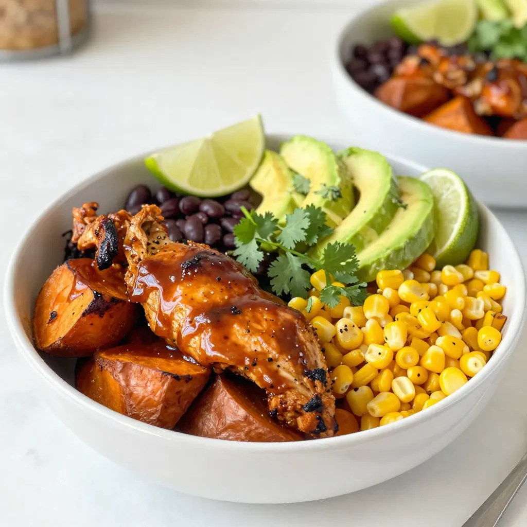 To make BBQ Chicken Sweet Potato Bowls, gather these items: - 2 medium sweet potatoes, peeled and cubed - 2 tablespoons olive oil - Salt and pepper to taste - 1 pound boneless, skinless chicken breasts - 1 cup barbecue sauce (your favorite brand or homemade) - 1 teaspoon smoked paprika - 1/2 teaspoon garlic powder - 1/4 teaspoon cayenne pepper (optional for heat) - 1 cup corn (fresh, frozen, or canned, drained) - 1/2 cup black beans, rinsed and drained - 1 avocado, sliced - 1/4 cup fresh cilantro, chopped - Lime wedges for serving If you don't have sweet potatoes, you can use regular potatoes. For the chicken, try turkey or tofu. If you want a vegan option, use chickpeas instead of chicken. You can swap black beans for kidney beans or pinto beans. If you don’t have smoked paprika, regular paprika works too. Feel free to adjust spices based on your taste. When it comes to BBQ sauce, I recommend a few brands for great flavor: - Sweet Baby Ray’s: This sauce is sweet and tangy. - Stubbs: Offers a more smoky flavor and is less sweet. - Trader Joe’s BBQ Sauce: It has a nice balance of sweet and spice. You can also make your own sauce for a fresh touch! {{ingredient_image_1}} To start, you need to peel and cube the sweet potatoes. Use about 2 medium sweet potatoes. Place them in a large bowl. Add 2 tablespoons of olive oil, salt, and pepper to taste. Toss everything well to coat the sweet potatoes. Next, spread the potatoes on a baking sheet in a single layer. This helps them cook evenly. Preheat your oven to 425°F (220°C) while you prepare the sweet potatoes. While the sweet potatoes roast, it’s time to cook the chicken. Take 1 pound of boneless, skinless chicken breasts. Season both sides with smoked paprika, garlic powder, salt, and pepper. You can also add cayenne pepper for some heat if you like. Heat a grill pan over medium-high heat. Cook the chicken for about 6-7 minutes on each side. You want the internal temperature to reach 165°F (75°C). In the last 2 minutes, brush on your favorite barbecue sauce. Let it caramelize and add a smoky flavor. Once the sweet potatoes are done and the chicken is cooked, it’s time to build your bowls. Start with a layer of roasted sweet potatoes at the bottom. Next, add the shredded BBQ chicken on top. You can shred it using two forks or chop it into small pieces. Then, add a layer of corn and black beans. Finish with sliced avocado and chopped fresh cilantro. Squeeze fresh lime juice over the top for a bright flavor. Serve these bowls warm and enjoy a tasty, healthy meal! To make your chicken juicy and full of flavor, start with good seasoning. Use smoked paprika, garlic powder, salt, and pepper. This mix adds depth to your dish. Cook the chicken on a grill or a grill pan. It gives nice grill marks and that smoky taste. Make sure to check the temperature. The chicken is done when it reaches 165°F (75°C). Brush it with BBQ sauce for the last two minutes. This step helps the sauce caramelize, making it sticky and tasty. Roasting sweet potatoes is easy if you follow a few simple steps. First, peel and cube them into even pieces. This helps them cook at the same rate. Toss the cubes in olive oil, salt, and pepper. Spread them on a baking sheet. Make sure they are in a single layer. This way, they roast evenly. Bake at 425°F (220°C) for 25-30 minutes. Stir halfway through to get that golden brown color. They should be soft and slightly crispy on the edges when done. To make your BBQ Chicken Sweet Potato Bowls look great, use colorful bowls. This makes the dish pop. Layer the ingredients neatly. Start with sweet potatoes, then add shredded chicken, corn, and black beans. Top with sliced avocado and chopped cilantro. This adds fresh flavors and color. Don't forget lime wedges on the side. A squeeze of lime juice brightens every bite. A beautiful presentation makes your meal even more enjoyable! Pro Tips Perfectly Cooked Chicken: Use a meat thermometer to ensure your chicken reaches an internal temperature of 165°F (75°C) for optimal juiciness. Customize Your BBQ Sauce: Feel free to mix in additional spices or ingredients to your barbecue sauce for a personalized flavor profile. Pre-soak Sweet Potatoes: Soaking cubed sweet potatoes in cold water for 30 minutes before roasting can help achieve a crispier texture. Fresh Ingredients Matter: Use fresh herbs and ripe avocados to enhance the flavor and presentation of your sweet potato bowls. {{image_2}} You can easily make this dish vegetarian. Swap the chicken for grilled or roasted veggies. Bell peppers, zucchini, and mushrooms work well. You can also use tofu or tempeh for protein. Just season them with the same spices. Use your favorite barbecue sauce to add that smoky flavor. Toppings can elevate your BBQ Chicken Sweet Potato Bowls. Try adding shredded cheese for creaminess. Feta or cheddar are great choices. You can also add pickled onions for a tangy crunch. Sliced radishes add color and freshness. Experiment with toppings to suit your taste. For a kick of heat, adjust the spices. Add more cayenne pepper to the chicken. You can also mix hot sauce with your barbecue sauce. This will give your chicken a spicy glaze. Be careful not to overpower the dish, though. Balance the heat with creamy avocado and lime juice. To keep your BBQ Chicken Sweet Potato Bowls fresh, pack them in an airtight container. Layer the ingredients to avoid sogginess. Place shredded chicken on top of the sweet potatoes and other toppings. Store in the fridge for up to three days. When you're ready to eat, it's easy to reheat your bowls. You can use the microwave for quick warming. Place the bowl in the microwave for about one to two minutes. Stir halfway through to heat evenly. If you prefer, you can reheat them on the stove. Use a pan over medium heat, stirring until warm. Want to save some for later? You can freeze the chicken and sweet potatoes. Place them in a freezer-safe bag or container. Try to remove as much air as possible. This helps prevent freezer burn. You can freeze for up to three months. Just remember to thaw them in the fridge overnight before reheating. Yes, you can! You can use turkey, pork, or even tofu. Each protein will bring its own flavor. Cooking times may change slightly, so keep an eye on it. For pork, make sure to cook it to 145°F (63°C). For turkey, the safe temperature is also 165°F (75°C). Tofu offers a great vegetarian option and absorbs flavors well. The best BBQ sauce is one you love. Choose a sauce that matches your taste. A sweet sauce works well with sweet potatoes. A tangy sauce adds a nice kick. If you want a healthier option, look for lower sugar sauces. Homemade sauces can also add a personal touch. To make this recipe gluten-free, choose a gluten-free BBQ sauce. Many brands offer gluten-free options. Always check the label to be sure. The other ingredients in this recipe are naturally gluten-free. Sweet potatoes, chicken, corn, and beans are safe choices. Absolutely! These bowls are perfect for meal prep. Prepare the sweet potatoes and chicken ahead of time. Store them in airtight containers in the fridge. You can assemble the bowls when you’re ready to eat. Just add fresh toppings like avocado and cilantro right before serving. This way, your bowls stay fresh and tasty! This blog post explored making BBQ Chicken Sweet Potato Bowls. We covered key ingredients, tasty substitutions, and top brands for BBQ sauce. I shared step-by-step instructions for preparing sweet potatoes and cooking chicken. You found tips for cooking techniques and how to present your bowls nicely. Variations include vegetarian options and extra toppings. Finally, I shared how to store leftovers and reheat them. Now you’re ready to enjoy this delicious meal anytime! Get creative and make it your own!