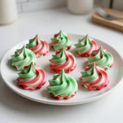 - 4 large egg whites - 1 cup granulated sugar - 1/2 teaspoon cream of tartar - 1 teaspoon vanilla extract - 1/2 teaspoon peppermint extract - Food coloring (red and green) - Edible glitter or sprinkles (optional) Use large eggs for the best results. Make sure your sugar is granulated for smooth meringue. The cream of tartar helps stabilize the egg whites, so don’t skip it. For flavor, both vanilla and peppermint extracts enhance the festive taste. You can add a touch of magic with edible glitter or colorful sprinkles. These make your meringue kisses look more festive. Feel free to get creative with your decorations! {{ingredient_image_1}} Start by preheating your oven to 200°F (93°C). This low heat helps dry the meringues. Line two baking sheets with parchment paper. Make sure the bowls and beaters are clean and dry. This step is crucial for the eggs to whip well. Next, add the four large egg whites to a mixing bowl. Beat them at medium speed until they look frothy. Once frothy, add 1/2 teaspoon of cream of tartar. Continue beating until soft peaks form. This means the egg whites will hold some shape but still be soft. Gradually add 1 cup of granulated sugar, one tablespoon at a time. Increase the speed to high. Keep beating until the mixture is glossy and stiff peaks form. When you lift the beaters, the peaks should stand tall without falling. This is the perfect meringue base. Now it’s time to add flavor! Pour in 1 teaspoon of vanilla extract and 1/2 teaspoon of peppermint extract. Gently fold these into the meringue. Be careful not to deflate the mixture. If you want to add color, divide the meringue into two bowls. Add a few drops of red food coloring to one bowl and green to the other. Carefully fold the colors into the meringue. You want a beautiful swirl, not a full mix. Grab a piping bag fitted with a star tip. Fill the bag with the meringue. Pipe small kisses onto the lined baking sheets. Leave space between each kiss; they will expand slightly. If you like, sprinkle some edible glitter or sprinkles over the tops. This adds a festive touch! Place the baking sheets in the preheated oven. Bake for about 1.5 hours. The meringues should feel dry and lift easily off the parchment paper. Once done, turn off the oven but keep the meringue kisses inside. Let them cool for an hour. This helps them firm up and stay crisp. Enjoy your sweet, festive treats! To get the best meringue, start with clean tools. Any grease can ruin your mix. Use fresh egg whites at room temperature. This helps them whip up better. Beat the egg whites until they are frothy. Then, add cream of tartar. This helps stabilize the mix. Gradually add sugar. This makes your meringue glossy and strong. When you reach stiff peaks, you are ready. Your meringue should stand tall and hold its shape. One big mistake is rushing the sugar. Adding it fast can lead to grainy meringue. Make sure you mix on high speed after each spoonful. Another mistake is not baking long enough. The meringues should dry out completely. If they are soft, they will not hold. Also, avoid opening the oven door while baking. This lets heat escape and can ruin the texture. You need a few key tools for great meringue. A stand mixer or a hand mixer is best. They whip the egg whites well. Make sure you have clean, dry mixing bowls. Parchment paper is a must for easy lifting. Use a piping bag with a star tip to shape your kisses. If you want to add some sparkle, keep edible glitter or sprinkles handy. These tools make the process smooth and fun. Pro Tips Use Room Temperature Egg Whites: Egg whites whip better when they are at room temperature, resulting in a more stable meringue. Don't Rush the Sugar Addition: Adding sugar too quickly can cause the meringue to deflate. Add it gradually for the best results. Check for Stiff Peaks: Ensure the meringue reaches stiff peaks before baking. This indicates it has enough structure to hold its shape. Store in an Airtight Container: To keep your meringue kisses crisp, store them in an airtight container away from humidity. {{image_2}} You can easily change the taste of your meringue kisses. Try different extracts like almond or hazelnut. Add a bit of lemon or orange zest for a fresh touch. If you want a spicy kick, mix in a dash of cinnamon or nutmeg. These flavors make your kisses special and fun. Color adds joy to your meringue kisses. Use red and green for Christmas. You can also make soft pink or bright blue for other occasions. Layer colors by gently folding them in. This gives a beautiful, swirled look. You can even create a rainbow by using multiple colors. Let your creativity shine! Think beyond sprinkles for decorations. Edible glitter makes your kisses sparkle. Crushed candy canes add a festive crunch. You can also use small chocolate chips for a sweet touch. For a more natural look, try adding tiny pieces of dried fruit. These decorations can make your meringue kisses stand out on any table. To keep your meringue kisses fresh, store them in an airtight container. Make sure the container is clean and dry. I like to use a glass jar or a plastic box. Place a piece of parchment paper at the bottom. This helps absorb moisture. Avoid stacking the kisses if possible. They can stick together and lose their shape. When stored properly, meringue kisses can last up to two weeks. They do best in a cool, dry place. Keep them away from heat and humidity. If they get wet, they lose their crispiness. Always check for any signs of moisture before serving. You can freeze meringue kisses for up to three months. To freeze, place them in a single layer in a freezer-safe container. Separate layers with parchment paper to prevent sticking. When you want to enjoy them, take them out and let them thaw at room temperature. Avoid refreezing, as this can ruin their texture. Yes, you can use egg whites from a carton. They work well for meringue kisses. Make sure you choose pure egg whites without any added ingredients. This helps you get the right texture. Measure about 1/4 cup of egg whites for each large egg white. This will give you the same amount needed for the recipe. To pipe meringue kisses, use a piping bag with a star tip. Fill the bag with meringue, then twist the top to keep it closed. Hold the bag straight up and squeeze gently. Create small kisses by pulling up as you squeeze. Leave space between each kiss so they can expand while baking. Practice makes perfect, so don’t worry if they are not all the same size! To make meringue kisses shiny, ensure your egg whites are clean and dry. Beating them to stiff peaks is key. Add sugar gradually while mixing. This helps the sugar dissolve fully, leading to a glossy finish. When you bake them, avoid opening the oven door. This keeps the heat steady, helping your kisses retain their shine. You learned about meringue kisses, from the key ingredients to step-by-step instructions. I covered tips for perfect texture and common mistakes to avoid. You can even explore fun variations with flavors and colors. Storing your kisses properly is essential to keep them fresh. Finally, I answered common questions to help you succeed. Meringue kisses are fun to make. Enjoy sharing them with friends and family!