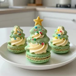 - 150g almond flour - 150g powdered sugar - 110g egg whites (room temperature) - 30g granulated sugar - Green food coloring To make the perfect Christmas Tree Macaron Cakes, you need quality ingredients. Almond flour gives the macarons their nice texture. Powdered sugar adds sweetness. Use fresh egg whites for the best results. Granulated sugar helps whip the egg whites to stiff peaks. Green food coloring brings your trees to life. - 200g unsalted butter (softened) - 250g powdered sugar (for buttercream) - 1 teaspoon vanilla extract For the buttercream, start with softened unsalted butter. This helps create a creamy texture. Mix in powdered sugar slowly. This keeps the buttercream light and fluffy. A touch of vanilla extract adds flavor and warmth to the filling. - Edible glitter or gold dust - Star-shaped sprinkles or edible ornaments Decoration is fun! Edible glitter or gold dust gives your trees a magical touch. Star-shaped sprinkles or edible ornaments make them festive. You can get creative here; use whatever you like best! {{ingredient_image_1}} To start, you need to sift the almond flour and powdered sugar together. This step is key. Sifting helps to break up clumps and ensures a smooth batter. Use a fine sieve or a sifter for best results. Next, whip the egg whites in a clean mixing bowl. Use an electric mixer on medium speed. When they become foamy, slowly add the granulated sugar. Keep whipping until stiff peaks form. The mixture should look shiny and hold its shape well. Now it’s time to add the fun! Mix in green food coloring to the meringue. Use a few drops at a time until you reach a vibrant green. This is a crucial step for that Christmas feel. Once colored, it’s time to fold the meringue into the almond flour mixture. Use a spatula and gently lift the batter from the bottom. Do this until combined. You want the batter to flow like lava, smooth and thick, but not runny. For piping, use a piping bag fitted with a round tip. Pipe small circles onto a baking sheet lined with parchment paper. Make the bases wider for your trees and tap the tray lightly to release air bubbles. Next, let the piped shells rest at room temperature for 30-45 minutes. This helps them form a skin, which is important for a good rise during baking. Preheat your oven to 160°C (320°F). Bake the macarons for 15-18 minutes. They should not change color much. After baking, let them cool completely on a wire rack before removing them from the paper. This step ensures they don’t stick. To make great macaron shells, start with room temperature egg whites. Cold egg whites don’t whip well. They need to be fluffy and hold stiff peaks. This step is key for a nice rise in your macarons. Avoid overmixing your batter. When you fold the meringue into the dry mix, be gentle. If the batter flows too easily, you may have mixed it too much. Aim for a consistency that flows like lava but holds its shape. Creating tree branches with buttercream is fun! Use a piping bag fitted with a star tip. Start from the base of the macaron, pipe outwards, and layer to form branches. This gives your trees a festive look. When adding edible glitter or sprinkles, make sure the buttercream is still soft. This helps the decorations stick better. Sprinkle lightly to avoid clumping. A little goes a long way in making these treats shine. For a lovely presentation, place your macaron cakes on a festive cake stand. Surround them with fake snow made from coconut flakes. This adds a charming touch for your holiday table. Pair these treats with hot cocoa or spiced cider. The sweet flavors of the macarons blend well with warm drinks. You can also serve them alongside other holiday goodies for a delightful spread. Pro Tips Use Room Temperature Egg Whites: For the best meringue, ensure your egg whites are at room temperature. This helps achieve a better volume and stability when whipped. Tap to Remove Air Bubbles: After piping your macaron shapes, gently tap the baking sheet on the counter to release any trapped air bubbles, ensuring smooth tops. Resting Time is Key: Allowing the piped macarons to rest until a skin forms is crucial for their rise and to prevent cracking during baking. Decorate with Care: When adding decorations, use a light hand with edible glitter or sprinkles to avoid overpowering the delicate flavors of the macarons. {{image_2}} You can use many fillings for your macaron cakes. Here are a few ideas: - Fruity Fillings: Try raspberry, lemon, or passion fruit. They add a fresh taste. - Chocolate Options: Dark chocolate ganache or creamy milk chocolate are great choices. - Nutty Flavors: Use hazelnut or almond butter for a rich twist. You can also customize the color of your macaron batter. Just add different food colorings! This change makes your treats more fun and festive. Mix and match to create your favorite colors and flavors. Get creative with the shapes and sizes of your macaron cakes. Here’s how: - Unique Shapes: Use star or tree-shaped templates. This makes your cakes stand out. - Sizes: Make mini or large macarons. They fit any celebration style. For decoration, think beyond the usual. Here are some fun ideas: - Alternative Toppings: Use crushed nuts, coconut flakes, or even edible flowers. - Themed Designs: Match your decorations to party themes, like snowflakes for winter. Adjust your macaron cakes for different holidays. Here are some tips: - Holiday Decor: Change the colors and shapes for each occasion. Use reds and greens for Christmas or pastels for Easter. - Seasonal Flavors: Add peppermint extract for winter or fresh fruit for summer. Seasonal flavors make your treats more special. These variations allow you to create a festive dessert that fits any holiday. Enjoy experimenting with flavors and designs! To keep your Christmas Tree Macaron Cakes fresh, store them in an airtight container. Place parchment paper between layers to avoid sticking. The best temperature for storage is in the fridge, around 4°C (39°F). They stay fresh for up to one week this way. If you want them at room temperature, enjoy them within two days. You can freeze macaron cakes for longer storage. First, wrap each cake in plastic wrap. Then, place them in a freezer bag. This helps prevent freezer burn. When you are ready to eat them, take them out and let them thaw in the fridge overnight. For the best texture, avoid thawing at room temperature. Macaron cakes have a good shelf life when stored properly. In the fridge, they last about a week. If frozen, they can stay good for up to three months. Watch for signs of spoilage, like a change in texture or smell. If they feel hard or smell off, it’s best to toss them out. To make macarons stick together, you need a good filling. I recommend using buttercream for a strong bond. Here are some key steps: - Pair Macaron Halves: Always match macaron halves by size. - Add Filling: Use a piping bag to add buttercream in the center. - Press Together: Gently press the top half onto the filled bottom half. This will create a strong bond. Let the assembled macarons sit for a few hours. This helps them stick better and allows flavors to blend. The secret to perfect macarons lies in technique and practice. Here are some important tips: - Room Temperature Ingredients: Use egg whites at room temperature. This helps them whip up better. - Whip Egg Whites Correctly: Whip until stiff peaks form. They should be glossy and firm. - Sifting: Always sift almond flour and powdered sugar. This prevents lumps. - Folding: Fold gently but thoroughly. The batter should flow like lava. These tips help create the smooth, shiny shells that everyone loves. Yes, you can use flavored buttercream for the filling! Here are some ideas: - Chocolate Buttercream: Great for a rich taste. - Fruit Flavored: Try raspberry or lemon for a fresh twist. - Spices: Add cinnamon or nutmeg for a warm flavor. Flavored buttercream can change the taste of your macarons. Make sure the flavor complements the green macaron shells. Now you have all you need to make Christmas Tree Macaron Cakes. We covered the key ingredients, like almond flour and butter. You learned step-by-step instructions to whip your batter and bake delicious treats. I shared tips to help you avoid mistakes and perfect your shells. With variations to explore, your creations can be unique every time. Remember to store them properly for freshness. Enjoy sharing these festive desserts with friends and family. Happy baking, and may your treats bring joyful cheer this holiday season!