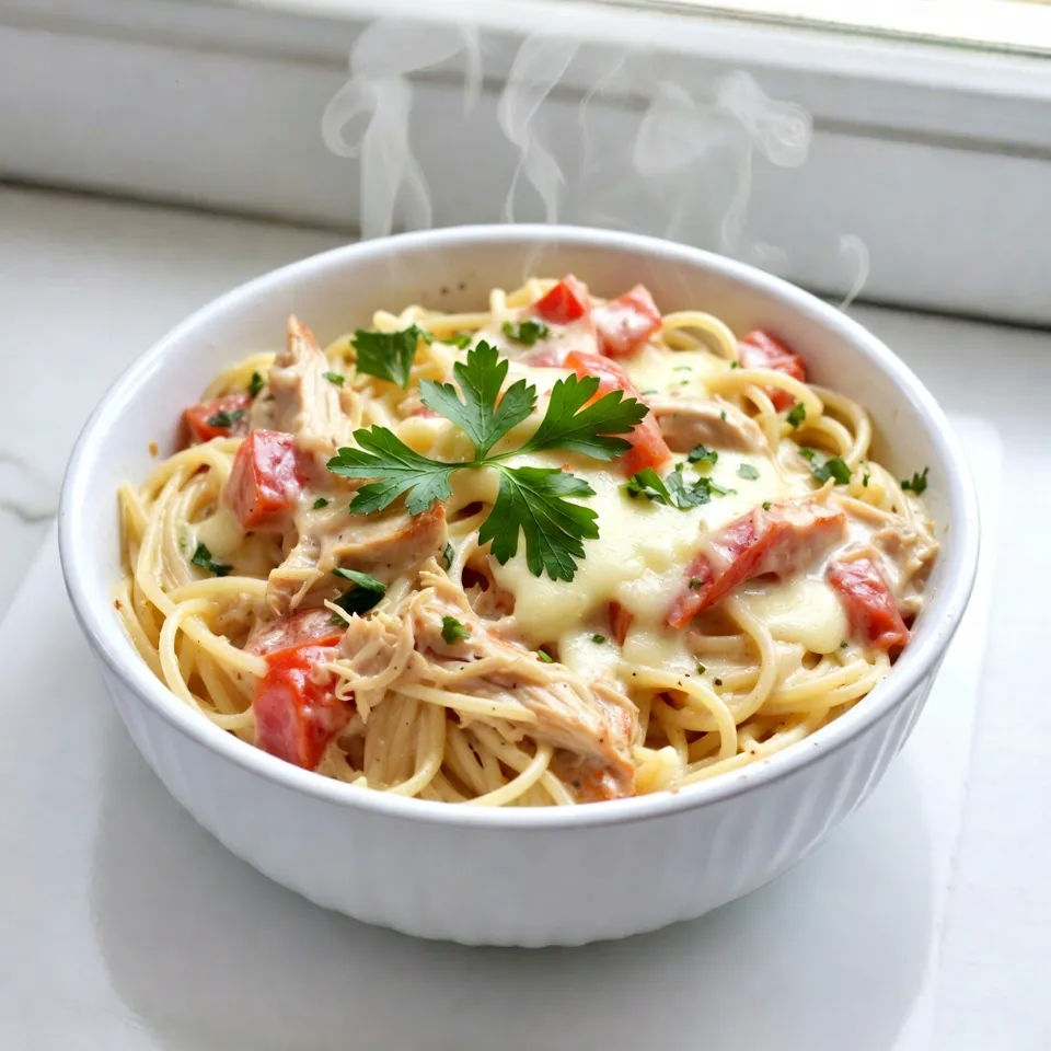 - 8 oz spaghetti - 1 cup cream cheese, softened - 1 cup sour cream - 1 cup shredded mozzarella cheese - 1 cup cooked and shredded chicken or ground turkey - 1 can (15 oz) diced tomatoes with green chilies, drained - 1 teaspoon garlic powder - 1 teaspoon onion powder - 1 teaspoon Italian seasoning - Salt and pepper to taste - Fresh parsley The main ingredients create the heart of the dish. Spaghetti forms a sturdy base. Cream cheese and sour cream add a rich, creamy texture. Shredded mozzarella melts beautifully, giving the dish a nice stretch. You can choose cooked chicken or ground turkey for protein. Seasonings and extras elevate the flavors. Diced tomatoes with green chilies give a hint of spice. Garlic powder, onion powder, and Italian seasoning blend well for a savory taste. Adjust salt and pepper to make it just right for you. Finally, a sprinkle of fresh parsley adds color and freshness. You can chop it finely or leave it in larger pieces. This dish not only looks good, but it also tastes great! {{ingredient_image_1}} Preheat the Oven Start by preheating your oven to 350°F (175°C). This prepares it for baking the casserole. Cook the Spaghetti Next, cook 8 oz of spaghetti according to the package instructions. You want it al dente. Once done, drain the spaghetti and set it aside. Combine Cream Cheese and Sour Cream In a mixing bowl, take 1 cup of softened cream cheese and 1 cup of sour cream. Blend these until smooth and creamy. Add Chicken and Seasonings Now, stir in 1 cup of cooked and shredded chicken (or ground turkey). Add 1 can of diced tomatoes with green chilies, drained, along with 1 teaspoon each of garlic powder, onion powder, and Italian seasoning. Don’t forget to mix in half of the shredded mozzarella cheese. Mix well to combine. Mixing Spaghetti and Cheese Mixture Add the cooked spaghetti to your cheese mixture. Gently fold it in until the spaghetti is well coated. Season with salt and pepper to your taste. Transferring to Casserole Dish Transfer this mixture into a greased 9x13 inch casserole dish. Spread it evenly across the dish. Topping with Mozzarella Cheese Sprinkle the remaining mozzarella cheese on top of the casserole. This will create a delicious, cheesy crust. Baking Time and Temperature Place your casserole in the preheated oven. Bake for 25-30 minutes, or until the cheese is melted and bubbly. Cooling Period Once it’s done, take it out of the oven. Let it cool for a few minutes before serving. This helps the flavors settle and makes it easier to serve. Ensuring Perfectly Cooked Spaghetti To cook your spaghetti just right, follow these steps: - Boil water in a large pot. - Add a good amount of salt. - Cook the spaghetti according to the package. Aim for al dente, which means firm but tender. - Drain the spaghetti, but do not rinse. This keeps the starch, which helps the sauce stick. Achieving a Creamy Texture For a smooth and creamy casserole, use soft cream cheese. Blend it with sour cream until it's very smooth. If you want extra creaminess, use more sour cream or add a splash of milk. Best Side Dishes to Pair Pair your casserole with a fresh salad or garlic bread. A simple green salad adds crunch. Garlic bread brings a nice warmth to your meal. Presentation Tips for Serving Serve the casserole in individual bowls. It looks nice and makes it easy to eat. Sprinkle some extra Italian seasoning on top to add color and flavor. Freezing Options You can make this casserole ahead of time and freeze it. Assemble the dish but do not bake it. Cover it tightly and freeze for up to three months. Reheating Instructions To reheat, thaw it in the fridge overnight. Bake at 350°F (175°C) for about 30-35 minutes. Make sure it's hot all the way through before serving. Pro Tips Enhance the Flavor: Add a pinch of red pepper flakes to the cheese mixture for a little heat and depth of flavor. Make it Creamier: For an even creamier texture, consider adding a splash of milk or chicken broth to the cheese mixture. Leftover Makeover: This casserole reheats beautifully, making it a great option for meal prep or using up leftovers. Vegetarian Option: Swap the chicken or turkey for sautéed mushrooms or spinach for a delicious vegetarian version. {{image_2}} Vegetarian Version You can make a vegetarian Cream Cheese Spaghetti Casserole easily. Swap out the chicken or turkey for your favorite veggies. Zucchini, bell peppers, and spinach work great. Just chop them up and mix them in with the cream cheese and sour cream. This makes the dish colorful and full of flavor. Substituting with Ground Beef If you want a heartier dish, ground beef is a tasty option. Brown the beef first and drain any fat. Then, mix it with the other ingredients just as you would with chicken. This adds a rich, meaty flavor to the casserole. Using Gluten-Free Pasta For a gluten-free version, use gluten-free pasta. Many brands offer good options that taste great. Cook it just like regular pasta. Then, follow the same steps for mixing and baking. Everyone can enjoy this dish without worry. Adding Vegetables Adding more veggies can boost nutrition. Try mixing in broccoli, mushrooms, or carrots. Just make sure they are chopped small so they cook well. This adds great texture and flavor to the casserole. Different Cheese Options You can switch up the cheese for more variety. Try adding cheddar or pepper jack for a different taste. Mixing cheeses can make the dish even creamier and more exciting. Just be sure to keep the same amount of cheese for the best texture. After you enjoy your creamy casserole, save the leftovers for later. First, let the dish cool down before storing. Place the casserole in an airtight container. This keeps it fresh and tasty for days. - Use a shallow container for even cooling. - Label the container with the date. Store your leftovers in the fridge. They will stay good for about 3-5 days. When you're ready to eat, just reheat it in the oven or microwave. If you want to keep the casserole longer, freezing is a great option. You can freeze it before or after baking. - For freezing before baking, wrap the dish tightly. Use plastic wrap and then foil to prevent freezer burn. - For freezing after baking, let it cool completely first. Then, store it in a freezer-safe container. When you want to enjoy it again, thaw the casserole in the fridge overnight. After that, you can bake it at 350°F (175°C) until it’s hot and bubbly. This usually takes about 30-40 minutes. Enjoy the easy meal that tastes just as good as fresh! Can I use a different pasta type? Yes, you can use any pasta type you like. Penne, fusilli, or even gluten-free pasta work well. Just cook it until al dente, as you would with spaghetti. How to make it spicier? To add spice, mix in red pepper flakes or diced jalapeños. You can also use spicy diced tomatoes instead of the regular kind. What is the calorie count per serving? Each serving has about 400-450 calories. This can change based on the type of meat and cheese you use. How to reduce fat content? You can lower fat by using low-fat cream cheese and sour cream. Using lean chicken or turkey also helps. Can I make this casserole in advance? Yes, you can prepare it a day ahead. Just cover it and store it in the fridge. Bake it when you're ready to serve. What to do if it's too dry? If your casserole is dry, try adding a splash of chicken broth or extra sour cream before baking. This will keep it moist and flavorful. This post shared a tasty casserole recipe. You learned about key ingredients and seasoning options. I included step-by-step instructions for perfect results. Tips for serving and making ahead enhance your cooking experience. Variations allow for personal touches, ensuring everyone can enjoy it. In conclusion, this casserole is simple, delicious, and adaptable. Grab your ingredients and start cooking today!