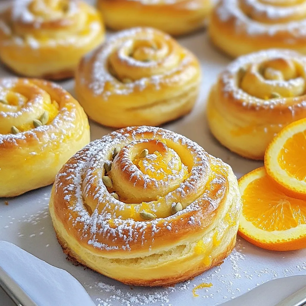 - 4 cups all-purpose flour - 1 packet (2 ¼ teaspoons) active dry yeast - ½ cup granulated sugar - 1 teaspoon ground cardamom - 1 teaspoon salt - ½ cup milk, warmed - ½ cup unsalted butter, melted - 3 large eggs - Zest of 1 large orange - ½ cup orange juice - ½ cup brown sugar - 1 tablespoon cinnamon - ½ cup raisins or currants (optional) - 1 egg (for egg wash) Using high-quality ingredients makes a big difference. Choose fresh yeast for best results. Look for active dry yeast that is not expired. Fresh all-purpose flour helps the dough rise well. Use real unsalted butter for a rich flavor. The orange zest should be bright and fragrant, as this adds a nice aroma to the buns. Freshly squeezed orange juice gives a sweeter taste than store-bought juice. You can use whole wheat flour for added fiber, though it may change the texture. If you have no active dry yeast, try instant yeast instead. For a dairy-free option, almond or oat milk works well. Coconut oil can replace unsalted butter, giving a unique flavor. If you want to skip eggs, use a flaxseed mixture (1 tablespoon flaxseed meal + 2.5 tablespoons water) for each egg. If raisins or currants aren’t your thing, feel free to leave them out or replace them with chopped nuts. {{ingredient_image_1}} Start by mixing warm milk and yeast in a small bowl. Let it sit for about 5-10 minutes. You want it to get frothy. In a big bowl, whisk together the flour, granulated sugar, ground cardamom, and salt. In another bowl, combine melted butter, eggs, orange zest, and orange juice. Pour this into the dry mix, then add the frothy yeast. Stir until you get a sticky dough. Knead the dough on a floured surface for 8-10 minutes until it becomes smooth and elastic. Place the dough in a greased bowl. Cover it with a damp cloth and let it rise in a warm place for 1 hour, until it doubles in size. Once the dough has risen, punch it down gently. Roll it out into a rectangle, about ½ inch thick. In a small bowl, mix brown sugar, cinnamon, and optional raisins or currants. Spread softened butter over the rolled dough. Then, sprinkle the sugar mixture evenly on top. Roll the dough tightly from the long side to form a log. Slice this log into 12 equal pieces. Place these pieces cut side up in a greased baking dish. Cover the dish again with a damp cloth. Let the buns rise for another 30-40 minutes. Preheat your oven to 350°F (175°C). Before baking, brush the tops of the buns with a beaten egg for a golden finish. Bake for 25-30 minutes. They should be lightly golden and cooked through. Allow them to cool slightly before serving. Enjoy these warm, dusted with powdered sugar and garnished with orange slices for added color and taste. To get a good rise, keep your dough warm. Yeast loves warmth. Place the dough in a cozy spot, like near a sunny window. Cover it with a damp cloth to keep moisture in. The dough should double in size in about an hour. If it doesn’t puff up, the yeast might be old or the room too cold. Use fresh ingredients for the best flavor. Check your yeast’s expiration date. Always measure flour correctly. Spoon it into the cup, then level it off. Knead the dough until it feels smooth and elastic. This helps develop gluten, which gives the buns structure. Don’t rush the rising time; it’s key for light, fluffy buns. Serve your orange cardamom morning buns warm. Dust them lightly with powdered sugar for a sweet touch. Add a slice of orange on the plate for color and zest. For a fun twist, pair them with a cup of coffee or tea. You can also enjoy them with a smear of butter or cream cheese. Each bite should feel like a warm hug! Pro Tips Proof Your Yeast: Always ensure your yeast is fresh by checking for froth after mixing it with warm milk. If it doesn’t froth, the yeast may be inactive. Don’t Rush the Rise: Allow your dough ample time to rise. A warm environment helps, but be patient; the dough should double in size for the best texture. Butter for Flavor: Using softened butter for the filling ensures it spreads easily and enhances the flavor of the morning buns. Egg Wash Brilliance: For a beautiful golden finish, brush the tops with a beaten egg before baking, which also helps in achieving a lovely shine. {{image_2}} You can easily change the flavor of your orange cardamom morning buns. For a nutty twist, add chopped walnuts or pecans. They will add a crunchy texture. You can also mix in dried fruits. Raisins and currants work well, but cranberries or chopped dates are great too. Just be sure to chop larger fruits into smaller pieces. This way, they blend well into the dough. Want to make these buns vegan? Replace the eggs with flax eggs. Mix one tablespoon of ground flaxseed with three tablespoons of water and let it sit until thick. Use almond or oat milk instead of regular milk. For gluten-free buns, use a gluten-free flour blend. Be sure to add a bit of xanthan gum for better texture. You may need to adjust the liquid measurements. A glaze can make your buns extra special. For a simple glaze, mix powdered sugar with orange juice. Drizzle it over the warm buns for a bright finish. You can also add a dash of vanilla extract for more flavor. If you want something richer, a cream cheese glaze works great too. Just blend cream cheese, powdered sugar, and a bit of orange juice until smooth. This will add a lovely tang to your morning treat. To keep your orange cardamom morning buns fresh, store them in an airtight container. This helps lock in moisture and flavor. You can keep them at room temperature for up to three days. Make sure they are completely cool before sealing them. If you want to keep them longer, consider refrigeration. However, this may change their texture. When you’re ready to enjoy your buns again, reheating is easy. Preheat your oven to 350°F (175°C). Place the buns on a baking sheet and cover them loosely with foil. Heat for about 10-15 minutes. This warms them up and keeps them soft. You can also microwave them for about 15-20 seconds. Just be careful not to overheat, or they may become tough. Freezing is a great option if you want to save some buns for later. Allow the buns to cool completely, then wrap each one tightly in plastic wrap. Place them in a freezer-safe bag or container. They can last for up to three months in the freezer. When you’re ready to eat, thaw them in the fridge overnight, then reheat as mentioned above. Enjoy fresh flavors anytime you crave a tasty treat! Yes, you can use instant yeast. It works well and rises faster. Just mix it with the dry ingredients. You do not need to proof it in warm milk. This saves you time. The results will be just as tasty! You can tell the buns are done by looking and listening. They should be lightly golden on the top. Tap the bottom of a bun; it should sound hollow. You can also use a toothpick. If it comes out clean, the buns are ready to eat! Many drinks pair nicely with these buns. Here are some ideas: - Fresh orange juice - Herbal tea - Coffee or espresso - Hot chocolate Try these drinks to enjoy a perfect breakfast treat! In this post, we explored how to make orange cardamom morning buns. We covered key ingredients and tips for great results. Remember to pick quality ingredients for the best flavor. You learned step-by-step how to mix, roll, and bake them. Don't forget to try fun variations, like adding nuts or making them vegan. Store them well for later, and you'll enjoy these treats even more. With practice, you’ll master morning buns that impress everyone. Enjoy baking, and savor each bite!