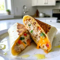 - 2 large whole wheat tortillas - 1 cup cooked chicken, shredded - 1 cup shredded cheddar cheese - 1/2 cup cream cheese, softened - 1/4 cup green onions, finely chopped - 1/4 cup bell pepper, finely diced (any color) - 1 teaspoon garlic powder - 1 teaspoon smoked paprika - Salt and pepper to taste - Olive oil (for cooking) These main ingredients create a creamy and cheesy mix. The chicken gives it protein, while the cream cheese and cheddar add rich flavor. Whole wheat tortillas provide a healthy wrap. - Hot sauce for serving Adding hot sauce can make your wraps spicy and exciting. You can also try different toppings, like salsa or guacamole, to change the taste. - Use rotisserie chicken instead of cooked chicken for quick prep. - Swap cream cheese for Greek yogurt for a lighter option. - Use any cheese you like, such as mozzarella or pepper jack. These substitutes keep the recipe flexible. You can adjust based on what you have at home or your taste. {{ingredient_image_1}} Start by gathering a mixing bowl. Add 1 cup of shredded chicken. Then, mix in 1/2 cup of softened cream cheese. Next, add 1 cup of shredded cheddar cheese. Toss in 1/4 cup of finely chopped green onions and 1/4 cup of diced bell pepper. Sprinkle in 1 teaspoon of garlic powder and 1 teaspoon of smoked paprika. Finish with salt and pepper to taste. Use a fork to mix everything well. Make sure each ingredient is combined evenly. Take a large whole wheat tortilla and lay it flat on a clean surface. Spoon half of your chicken and cheese mixture onto the center. Spread it out evenly. Now, fold the sides of the tortilla over the filling. Roll it up from the bottom, tucking the sides in as you go. This helps keep the filling inside. Repeat this step with the second tortilla for more tasty wraps. Heat a non-stick skillet over medium heat. Add a drizzle of olive oil to the pan. Once the oil is hot, place the wraps seam-side down in the skillet. Cook for about 3-4 minutes on each side. You want them to turn golden brown and crispy. When they're done, remove the wraps from the skillet. Let them cool for a minute before slicing them in half. Serve them warm with hot sauce if you like a spicy kick! To fold the wrap, start with your filling in the center. Make sure you don’t overfill. Fold the sides in first, then roll from the bottom. Tuck the sides in tightly as you go. This helps keep everything inside. For crispy tortillas, heat your skillet first. Use medium heat to avoid burning. Add a bit of olive oil before cooking your wraps. Cook each side for 3-4 minutes until golden brown. This makes a great crunch that you will love. To make your wraps even better, add spices. Garlic powder and smoked paprika are great choices. You can also try adding fresh herbs like cilantro or basil. Hot sauce can give it a nice kick if you like heat. Pro Tips Tip Title 1: Use leftover rotisserie chicken to save time and add extra flavor to your wraps. Tip Title 2: Experiment with different cheese blends, like pepper jack or mozzarella, for a unique twist. Tip Title 3: For added crunch, include some lettuce or spinach in your filling before wrapping. Tip Title 4: Serving with a side of salsa or guacamole can elevate the flavor profile of your wraps. {{image_2}} You can spice things up easily. Add jalapeños or red pepper flakes to the filling. This will give your wrap a nice kick. Another option is to serve it with hot sauce on the side. This adds heat without changing the filling. For a veggie twist, you can load your wraps with more greens. You can add spinach, zucchini, or mushrooms. Chop them finely and mix them with the chicken. This keeps the wrap tasty and colorful. It also adds more nutrients to your meal. Switching up the cheese can change the whole dish. Use pepper jack for a spicy flavor. Feta cheese can add a tangy twist. You could also try mozzarella for a milder taste. Mixing different cheeses can also create a unique flavor. To keep your cheesy chicken wraps fresh, wrap each one in plastic wrap. You can also store them in an airtight container. This way, they stay moist and tasty. Place the wraps in the fridge. They will last for about three days. If you want to enjoy them later, freezing is a great option. When you are ready to eat your leftovers, I recommend reheating them in a skillet. Heat a non-stick skillet over medium heat. Place the wrap seam-side down in the pan. Cook for about 2-3 minutes on each side. This method makes the tortilla crispy again. Avoid using the microwave, as it can make the wrap soggy. To freeze your wraps, first, let them cool completely. Then, wrap each one tightly in plastic wrap. After that, place them in a freezer-safe bag. Make sure to remove as much air as possible. These wraps can last for up to three months in the freezer. When you want to eat one, thaw it in the fridge overnight before reheating. Yes, you can use many types of tortillas. Flour, corn, or even spinach tortillas work well. Each type adds its own flavor and texture. Just pick your favorite! To make these wraps healthier, use low-fat cream cheese and reduced-fat cheese. You can add more veggies, like spinach or zucchini. Swap whole wheat tortillas for a higher fiber option. Reducing cheese also cuts calories without losing flavor. You can get creative with the fillings. Try adding black beans for protein or corn for sweetness. Sliced avocado adds creaminess and healthy fats. You can also include diced tomatoes or jalapeños for extra flavor. Mix and match until you find your favorite combo! You now have a clear guide to making cheesy chicken wraps. We covered main and optional ingredients, along with great substitutes. The step-by-step instructions help in mixing, assembling, and cooking. Our tips shared ways to fold wraps perfectly and achieve crispy tortillas. You can also try spicy or veggie-loaded variations. Store leftovers right, and you’ll enjoy them later too. Keep experimenting with flavors and ingredients. This will make your wraps even better. Enjoy your cooking!
