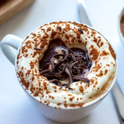 - 1 cup brewed espresso or strong coffee - 1 cup steamed milk - 2 tablespoons mascarpone cheese - 1 tablespoon cocoa powder - 1 tablespoon sugar (adjust to taste) - 1/2 teaspoon vanilla extract - Chocolate shavings (for garnish) - Ground cinnamon (optional, for garnish) For a great Hot Tiramisu Latte, you need a few key ingredients. First, brew one cup of strong espresso or coffee. This gives the latte its rich flavor. Next, steam one cup of milk. This adds creaminess. Mascarpone cheese is also essential. It makes the latte smooth and tasty. You can also use optional ingredients to enhance your drink. Cocoa powder adds a nice chocolate flavor. Adjust sugar to your taste. If you want a hint of sweetness, add sugar. Vanilla extract gives a lovely aroma. Chocolate shavings make for a pretty garnish. Ground cinnamon adds warmth and richness if you like. These ingredients come together to create a delicious drink that feels like a dessert. You can enjoy this latte anytime you want a tasty treat. {{ingredient_image_1}} To make a strong espresso or coffee, start by choosing good quality beans. Grind them to a fine consistency. Use about 2 tablespoons of coffee for every 6 ounces of water. If you have an espresso machine, follow its instructions. If not, a French press or drip coffee maker works well too. Brew your coffee until it reaches your desired strength. Set it aside to keep warm. In a small saucepan, pour 1 cup of steamed milk. Add 2 tablespoons of mascarpone cheese, 1 tablespoon of sugar, and 1/2 teaspoon of vanilla extract. Heat the mixture over medium heat while stirring gently. Focus on mixing the mascarpone well into the milk. Avoid boiling the mixture; we want it creamy, not curdled. Once combined, remove the saucepan from heat. Grab your favorite mug. Pour the hot brewed coffee into the mug first. Then, gently pour the creamy milk mixture over the coffee. This technique helps blend the two layers beautifully. For the finishing touch, sift 1 tablespoon of cocoa powder over the top. Add chocolate shavings for extra flavor. A sprinkle of ground cinnamon can add warmth too. Serve your delicious Hot Tiramisu Latte right away and enjoy! To make a creamy Hot Tiramisu Latte, focus on milk temperature and texture. Heat your milk to just below boiling. This helps the mascarpone melt well. If the milk is too hot, it can curdle. Use a whisk to froth the milk. This adds air and makes it creamy. The right texture gives your latte a rich feel. You can customize the sweetness of your latte. Start with one tablespoon of sugar. Taste it and add more if you like. You can also try other sweeteners, like honey or maple syrup. Just remember, a little sweetness enhances the flavor of the coffee. Garnishing your latte makes it look special. After pouring, sift cocoa powder on top. It adds that classic tiramisu touch. Then, sprinkle chocolate shavings for extra flair. A pinch of ground cinnamon can add warmth. These small touches make your latte not just tasty but beautiful too. Enjoy the process of making it look great! Pro Tips Use Fresh Espresso: For the best flavor, always use freshly brewed espresso. The quality of your coffee will significantly impact the taste of your latte. Temperature Matters: Ensure your milk is steamed to the right temperature (around 150°F) for optimal creaminess without scalding it. Customize Sweetness: Adjust the amount of sugar based on your preference. You can also use flavored syrups for a twist! Garnish Creatively: Experiment with different garnishes like crushed biscotti or a drizzle of chocolate sauce for added indulgence. {{image_2}} You can enjoy a cool twist on the Hot Tiramisu Latte. To make an Iced Tiramisu Latte, brew your espresso and let it cool. Pour it over ice in a tall glass. Then, mix steamed milk with mascarpone, sugar, and vanilla. Pour this creamy blend over the iced coffee. Finish with cocoa powder and chocolate shavings. This drink is perfect for hot days! If you want a dairy-free Tiramisu Latte, it’s easy to swap ingredients. Use almond milk, oat milk, or coconut milk instead of regular milk. For the mascarpone cheese, try cashew cream or coconut cream. These options give you the same rich taste without dairy. Adjust the sugar as needed, and you still have a creamy treat. To make your Tiramisu Latte even more special, add flavored syrups or liqueurs. A dash of hazelnut or vanilla syrup can enhance the taste. For an adult version, consider adding a splash of coffee liqueur. These small changes can create a unique drink every time you make it. Explore different flavors to find your favorite! To store your leftover latte, pour it into a container. Make sure it has a tight lid. Keep it in the fridge for up to two days. When you want to enjoy it again, reheat it slowly on the stove. Stir it gently to mix the flavors back together. You can also use a microwave. Heat it in short bursts, stirring in between, until warm. If you have leftover mascarpone, use it in different ways. You can mix it into pancakes for a creamy touch. It also works well in desserts like cheesecake. Cocoa powder is great for baking too. Use it in brownies or sprinkle it on top of other drinks. Get creative and enjoy these tasty ingredients! To make a vegan Hot Tiramisu Latte, you can swap out the dairy. Use plant-based milk like almond, oat, or soy. For the mascarpone, try vegan cream cheese or cashew cream. This gives you the same creamy texture. Yes, you can use instant coffee. It will change the flavor a bit. Instant coffee may taste less rich than brewed espresso. Mix the instant coffee with hot water as directed. Then follow the rest of the recipe as usual. To boost the coffee flavor, use a darker roast. You can also add a pinch of salt to the coffee. This small touch helps bring out the coffee's richness. Another tip is to steep the coffee longer if using a French press. This will give you a stronger brew. You learned how to make a tasty Tiramisu Latte. We covered key ingredients like strong coffee and mascarpone cheese. I shared step-by-step instructions for brewing, mixing, and pouring. Plus, you got tips for perfect creaminess and sweetness. Variations, like iced options and dairy-free choices, add fun. Now, go experiment with flavors and make it your own. This drink is a treat you can impress others with. Enjoy every sip!
