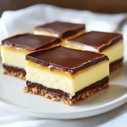 - ½ cup unsalted butter, softened - ⅓ cup granulated sugar - 1 large egg, beaten - 1 cup graham cracker crumbs - ½ cup unsweetened cocoa powder - 1 cup shredded coconut The base layer forms the heart of the Nanaimo bar. It blends rich butter and sugar, giving it a sweet start. The egg binds the ingredients, while graham cracker crumbs add a nice crunch. Unsweetened cocoa powder brings a deep chocolate flavor, and shredded coconut adds a chewy texture. This layer is not just a foundation; it sets the stage for the creamy and rich layers above. - ½ cup unsalted butter, softened - 2 cups powdered sugar - 2 tablespoons vanilla custard powder - 2 tablespoons milk - 1 teaspoon vanilla extract The custard layer is where the magic happens. Softened butter and powdered sugar create a creamy base. Vanilla custard powder gives it a lovely yellow hue and distinct flavor. Adding milk makes the mix smooth, while vanilla extract enhances the taste. This layer is rich and sweet, making it a delightful contrast to the base. - 4 oz semi-sweet chocolate, chopped - 2 tablespoons unsalted butter The chocolate topping is the crowning glory of the Nanaimo bar. Semi-sweet chocolate provides a deep, rich flavor. Mixing it with butter makes it glossy and smooth. This layer melts in your mouth, balancing the sweetness of the custard and the crunch of the base. It's the perfect end to this no-bake treat! {{ingredient_image_1}} 1. Start by creaming ½ cup of softened butter with ⅓ cup of granulated sugar. Mix until fluffy. This step adds air and lightness to the bars. 2. Next, beat in 1 large egg. This binds the mixture and adds moisture. 3. Now, mix in 1 cup of graham cracker crumbs, ½ cup of unsweetened cocoa powder, and 1 cup of shredded coconut. Stir until everything is well combined. 4. Press this mixture firmly into a greased 8x8-inch baking pan. Make sure it forms an even layer at the bottom. 1. In a separate bowl, beat together ½ cup of softened butter, 2 cups of powdered sugar, 2 tablespoons of custard powder, 2 tablespoons of milk, and 1 teaspoon of vanilla extract. Keep mixing until it’s smooth and creamy. 2. Spread this custard mixture evenly over the base layer. Use a spatula for a nice, even coat. 1. For the topping, melt 4 oz of chopped semi-sweet chocolate and 2 tablespoons of butter together in a small saucepan over low heat. Stir until smooth. 2. Pour this melted chocolate over the custard layer. Spread it evenly with a spatula for a nice finish. 1. Refrigerate the bars for 30 minutes after adding the custard layer. Then, chill again for 1-2 hours after adding the chocolate topping. This helps everything set properly. 2. Once set, cut the bars into squares or rectangles. Use a sharp knife for clean edges. Serve chilled for the best taste. To get the right creaminess in your Nanaimo bars, use softened butter in both layers. This helps mix the ingredients smoothly. When making the custard layer, add milk slowly while mixing. This keeps the texture light. For balanced flavors, taste as you go. You can add a bit more vanilla if you like. A common mistake is overmixing the layers. This can make them too dense. Mix just until the ingredients combine. Another mistake is not chilling the bars long enough. Chilling helps the layers set properly, so refrigerate for at least 30 minutes before adding the chocolate. When cutting the bars, use a sharp knife. This gives you clean edges. You can warm the knife slightly to help it cut through the chocolate topping. Serve the bars on a nice plate and consider adding some fresh berries on the side. A sprinkle of coconut or a drizzle of chocolate can make them look even better. Pro Tips Chill the Layers: Make sure to chill each layer in the refrigerator before adding the next one. This helps the layers set properly and keeps them from blending together. Use Fresh Ingredients: For the best flavor, use fresh butter and high-quality chocolate. The taste of your Nanaimo bars will be significantly enhanced. Customize Your Coconut: If you prefer, you can substitute the shredded coconut with chopped nuts or leave it out entirely for a different texture. Cutting Technique: To achieve clean cuts, run a sharp knife under hot water, wipe it dry, and then slice the bars. This prevents the chocolate from cracking. {{image_2}} To make gluten-free Nanaimo bars, simply swap the regular graham crackers for gluten-free ones. This change keeps the texture similar while meeting gluten-free needs. Look for options made from rice flour or almond flour in stores. For binding, use ground nuts or gluten-free oats. These ingredients help hold the layers together. They add a nutty flavor that works well with the bars. To create vegan Nanaimo bars, replace dairy ingredients with plant-based options. Use coconut oil or vegan butter for the base layer. These swaps keep the creamy texture intact. For the custard layer, use almond milk or coconut milk instead of regular milk. You can find egg replacements like flaxseed meal mixed with water. This makes a great binder while keeping it vegan. Get creative by adding nuts or fruit to your Nanaimo bars. Chopped walnuts or almonds can add a nice crunch. You might also try dried cherries or cranberries for a fruity twist. You can infuse the layers with extra flavors too. Consider adding a bit of almond extract or orange zest for a fun twist. These small changes can make a big impact on taste and make your Nanaimo bars unique. To keep your Nanaimo bars fresh, use airtight containers. This helps prevent them from drying out or absorbing unwanted smells. If you have a lot, layer them with parchment paper. This keeps them from sticking together. Store Nanaimo bars in the fridge for best results. They taste better chilled. However, you can also freeze them. Just wrap them tightly in plastic wrap and place them in a freezer-safe container. How long do Nanaimo bars last? When stored in the fridge, they can last up to one week. If you freeze them, they can last for up to three months. To check for freshness, look for changes in texture or smell. If they become too hard or have an off-odor, it's time to toss them. To serve chilled bars, cut them straight from the fridge. This keeps the layers intact. Use a sharp knife for clean cuts. If you freeze your bars, take them out and let them thaw in the fridge for a few hours. This keeps them cool and tasty. Never thaw them at room temperature, as this can make them too soft. Nanaimo bars are a no-bake dessert from Canada. They come from Nanaimo, British Columbia. These bars have three distinct layers. The bottom layer is rich and chocolatey. The middle layer has a creamy custard flavor. The top layer is a smooth chocolate coating. Yes, you can make Nanaimo bars ahead of time. They taste even better after chilling overnight. To store them, place the bars in an airtight container. Keep them in the fridge for up to a week. For longer storage, freeze them for up to three months. You can use different chocolates for the topping. Semi-sweet chocolate is the classic choice. Milk chocolate will make it sweeter. Dark chocolate adds a rich, bold flavor. Each chocolate choice changes the taste slightly. To adjust serving sizes, you can scale the recipe. If you want more bars, double the ingredients. For fewer bars, halve the recipe. Adjust your pan size based on the amount. A larger pan will require a bit more time to chill. You’ve learned how to make Nanaimo bars from scratch. Each layer brings unique flavors that combine to create a delicious treat. Pay attention to tips about texture and common mistakes to ensure success. You can also explore variations, like gluten-free or vegan options. Store them properly to keep them fresh longer. These tips and tricks can help you impress family and friends with your baking skills. Enjoy making and sharing these delightful bars!