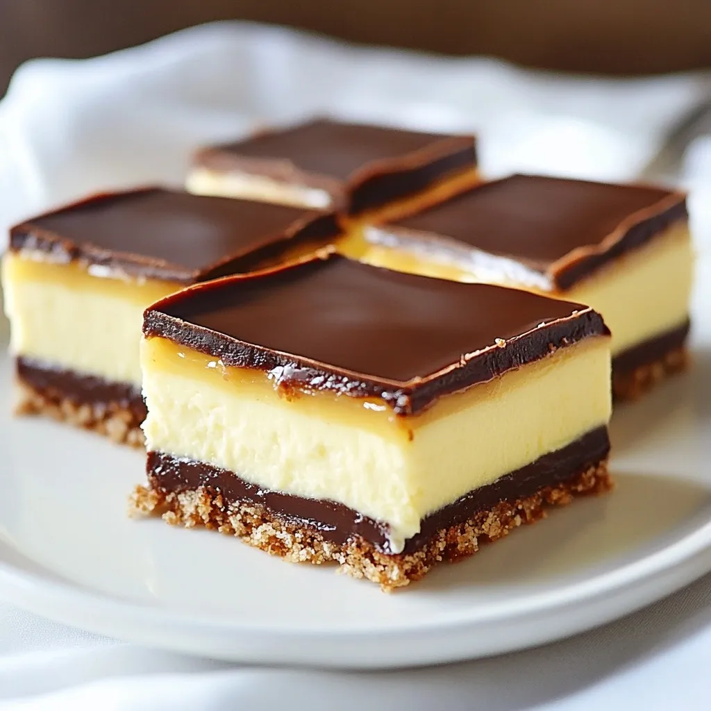 - ½ cup unsalted butter, softened - ⅓ cup granulated sugar - 1 large egg, beaten - 1 cup graham cracker crumbs - ½ cup unsweetened cocoa powder - 1 cup shredded coconut The base layer forms the heart of the Nanaimo bar. It blends rich butter and sugar, giving it a sweet start. The egg binds the ingredients, while graham cracker crumbs add a nice crunch. Unsweetened cocoa powder brings a deep chocolate flavor, and shredded coconut adds a chewy texture. This layer is not just a foundation; it sets the stage for the creamy and rich layers above. - ½ cup unsalted butter, softened - 2 cups powdered sugar - 2 tablespoons vanilla custard powder - 2 tablespoons milk - 1 teaspoon vanilla extract The custard layer is where the magic happens. Softened butter and powdered sugar create a creamy base. Vanilla custard powder gives it a lovely yellow hue and distinct flavor. Adding milk makes the mix smooth, while vanilla extract enhances the taste. This layer is rich and sweet, making it a delightful contrast to the base. - 4 oz semi-sweet chocolate, chopped - 2 tablespoons unsalted butter The chocolate topping is the crowning glory of the Nanaimo bar. Semi-sweet chocolate provides a deep, rich flavor. Mixing it with butter makes it glossy and smooth. This layer melts in your mouth, balancing the sweetness of the custard and the crunch of the base. It's the perfect end to this no-bake treat! {{ingredient_image_1}} 1. Start by creaming ½ cup of softened butter with ⅓ cup of granulated sugar. Mix until fluffy. This step adds air and lightness to the bars. 2. Next, beat in 1 large egg. This binds the mixture and adds moisture. 3. Now, mix in 1 cup of graham cracker crumbs, ½ cup of unsweetened cocoa powder, and 1 cup of shredded coconut. Stir until everything is well combined. 4. Press this mixture firmly into a greased 8x8-inch baking pan. Make sure it forms an even layer at the bottom. 1. In a separate bowl, beat together ½ cup of softened butter, 2 cups of powdered sugar, 2 tablespoons of custard powder, 2 tablespoons of milk, and 1 teaspoon of vanilla extract. Keep mixing until it’s smooth and creamy. 2. Spread this custard mixture evenly over the base layer. Use a spatula for a nice, even coat. 1. For the topping, melt 4 oz of chopped semi-sweet chocolate and 2 tablespoons of butter together in a small saucepan over low heat. Stir until smooth. 2. Pour this melted chocolate over the custard layer. Spread it evenly with a spatula for a nice finish. 1. Refrigerate the bars for 30 minutes after adding the custard layer. Then, chill again for 1-2 hours after adding the chocolate topping. This helps everything set properly. 2. Once set, cut the bars into squares or rectangles. Use a sharp knife for clean edges. Serve chilled for the best taste. To get the right creaminess in your Nanaimo bars, use softened butter in both layers. This helps mix the ingredients smoothly. When making the custard layer, add milk slowly while mixing. This keeps the texture light. For balanced flavors, taste as you go. You can add a bit more vanilla if you like. A common mistake is overmixing the layers. This can make them too dense. Mix just until the ingredients combine. Another mistake is not chilling the bars long enough. Chilling helps the layers set properly, so refrigerate for at least 30 minutes before adding the chocolate. When cutting the bars, use a sharp knife. This gives you clean edges. You can warm the knife slightly to help it cut through the chocolate topping. Serve the bars on a nice plate and consider adding some fresh berries on the side. A sprinkle of coconut or a drizzle of chocolate can make them look even better. Pro Tips Chill the Layers: Make sure to chill each layer in the refrigerator before adding the next one. This helps the layers set properly and keeps them from blending together. Use Fresh Ingredients: For the best flavor, use fresh butter and high-quality chocolate. The taste of your Nanaimo bars will be significantly enhanced. Customize Your Coconut: If you prefer, you can substitute the shredded coconut with chopped nuts or leave it out entirely for a different texture. Cutting Technique: To achieve clean cuts, run a sharp knife under hot water, wipe it dry, and then slice the bars. This prevents the chocolate from cracking. {{image_2}} To make gluten-free Nanaimo bars, simply swap the regular graham crackers for gluten-free ones. This change keeps the texture similar while meeting gluten-free needs. Look for options made from rice flour or almond flour in stores. For binding, use ground nuts or gluten-free oats. These ingredients help hold the layers together. They add a nutty flavor that works well with the bars. To create vegan Nanaimo bars, replace dairy ingredients with plant-based options. Use coconut oil or vegan butter for the base layer. These swaps keep the creamy texture intact. For the custard layer, use almond milk or coconut milk instead of regular milk. You can find egg replacements like flaxseed meal mixed with water. This makes a great binder while keeping it vegan. Get creative by adding nuts or fruit to your Nanaimo bars. Chopped walnuts or almonds can add a nice crunch. You might also try dried cherries or cranberries for a fruity twist. You can infuse the layers with extra flavors too. Consider adding a bit of almond extract or orange zest for a fun twist. These small changes can make a big impact on taste and make your Nanaimo bars unique. To keep your Nanaimo bars fresh, use airtight containers. This helps prevent them from drying out or absorbing unwanted smells. If you have a lot, layer them with parchment paper. This keeps them from sticking together. Store Nanaimo bars in the fridge for best results. They taste better chilled. However, you can also freeze them. Just wrap them tightly in plastic wrap and place them in a freezer-safe container. How long do Nanaimo bars last? When stored in the fridge, they can last up to one week. If you freeze them, they can last for up to three months. To check for freshness, look for changes in texture or smell. If they become too hard or have an off-odor, it's time to toss them. To serve chilled bars, cut them straight from the fridge. This keeps the layers intact. Use a sharp knife for clean cuts. If you freeze your bars, take them out and let them thaw in the fridge for a few hours. This keeps them cool and tasty. Never thaw them at room temperature, as this can make them too soft. Nanaimo bars are a no-bake dessert from Canada. They come from Nanaimo, British Columbia. These bars have three distinct layers. The bottom layer is rich and chocolatey. The middle layer has a creamy custard flavor. The top layer is a smooth chocolate coating. Yes, you can make Nanaimo bars ahead of time. They taste even better after chilling overnight. To store them, place the bars in an airtight container. Keep them in the fridge for up to a week. For longer storage, freeze them for up to three months. You can use different chocolates for the topping. Semi-sweet chocolate is the classic choice. Milk chocolate will make it sweeter. Dark chocolate adds a rich, bold flavor. Each chocolate choice changes the taste slightly. To adjust serving sizes, you can scale the recipe. If you want more bars, double the ingredients. For fewer bars, halve the recipe. Adjust your pan size based on the amount. A larger pan will require a bit more time to chill. You’ve learned how to make Nanaimo bars from scratch. Each layer brings unique flavors that combine to create a delicious treat. Pay attention to tips about texture and common mistakes to ensure success. You can also explore variations, like gluten-free or vegan options. Store them properly to keep them fresh longer. These tips and tricks can help you impress family and friends with your baking skills. Enjoy making and sharing these delightful bars!