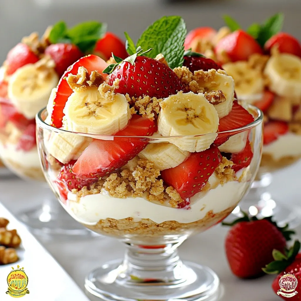 To make this fresh and tasty Strawberry Banana Cheesecake Salad, you will need: - 2 cups strawberries, hulled and sliced - 2 ripe bananas, sliced - 1 cup cream cheese, softened - 1 cup Greek yogurt - 1/4 cup powdered sugar - 1 teaspoon vanilla extract - 1 cup graham cracker crumbs - 1/4 cup chopped walnuts (optional) - Fresh mint leaves for garnish Each ingredient adds a unique taste and texture. The strawberries and bananas bring sweetness and freshness. The cream cheese and Greek yogurt create a creamy base. The graham cracker crumbs give crunch. Optional walnuts add a nutty flavor. If you want to switch things up, you can try these options: - Use honey or maple syrup instead of powdered sugar for a natural sweetener. - Swap Greek yogurt with sour cream for a different tangy taste. - For a nut-free version, leave out the walnuts. - Add other fruits like blueberries or peaches for variety. These substitutions can help you customize the salad to your taste and dietary needs. Here’s what you get from the main ingredients in this salad: - Strawberries: Low in calories and high in vitamin C. - Bananas: Rich in potassium and great for energy. - Cream Cheese: Provides a creamy texture but is higher in fat. - Greek Yogurt: Offers protein and probiotics for gut health. - Graham Cracker Crumbs: Adds carbs for energy and a sweet crunch. - Walnuts: Packed with healthy fats and good for heart health. This salad balances rich and healthy ingredients, making it a delicious treat. {{ingredient_image_1}} First, gather your ingredients. You will need cream cheese, Greek yogurt, powdered sugar, and vanilla extract. In a mixing bowl, combine the softened cream cheese, Greek yogurt, and powdered sugar. Use a hand mixer to blend these until they are smooth and creamy. It takes just a few minutes. This step is key for the cheesecake base. The mixture should be thick and fluffy. Now, it's time to add the fruits. Take your hulled and sliced strawberries and ripe bananas. Gently fold them into the cream cheese mixture. Be careful not to mash the fruit. You want the pieces to stay whole for a nice texture. Make sure each piece of fruit is coated well with the creamy mixture. This adds a sweet and fruity flavor to the salad. Next, let's layer and serve. Choose a large serving platter or clear glass bowls. Start by spooning the fruit and cheesecake mixture into your dish. Layer it nicely to show off those bright colors. After layering, sprinkle a generous amount of graham cracker crumbs on top. This gives a crunchy texture. If you like, add chopped walnuts for extra crunch. Chill the salad in the fridge for about 30 minutes. This helps the flavors blend. Right before serving, add fresh mint leaves for a pop of color. Enjoy your tasty treat! To get the best texture in your Strawberry Banana Cheesecake Salad, use softened cream cheese. This helps create a smooth and creamy base. Mix it well with Greek yogurt and powdered sugar. Use a hand mixer to blend it all together. Gently fold in the fruits to keep them whole. You want that nice bite from the strawberries and bananas. If you want extra crunch, add graham cracker crumbs on top. This will give a nice contrast with the creamy mixture. If you have leftovers, store them in an airtight container. This keeps the salad fresh and tasty. Place it in the fridge right away. It will last for about 2 to 3 days. To avoid sogginess, keep the graham cracker crumbs separate until you serve. This way, they stay crunchy. If you do not eat it all, you can make a fun dessert for later! You can serve this salad for many occasions. It is perfect for summer picnics or family gatherings. For a fun twist, serve it in clear glass bowls. This shows off the colorful layers and makes it look fancy. You can also add fresh mint leaves on top for a pop of green. If you are hosting a party, consider adding a drizzle of extra Greek yogurt on top. This makes it even creamier and more inviting. Pro Tips Use Fresh Ingredients: For the best flavor, always choose ripe, fresh strawberries and bananas. This will enhance the overall taste of your salad. Chill Before Serving: Allowing the salad to chill for at least 30 minutes not only melds the flavors but also gives it a refreshing taste when served. Experiment with Add-ins: Feel free to add other fruits like blueberries or raspberries for a colorful twist, or substitute walnuts with pecans for different crunch. Presentation Matters: Serve in clear glass bowls for a stunning visual effect. Layering the ingredients will make it more appealing to your guests. {{image_2}} You can change up the fruits in this salad. Try using blueberries, raspberries, or kiwi. Each fruit adds unique flavor and color. Mix and match to find your favorite combination. For a tropical twist, add mango or pineapple. These fruits blend well with the creamy mixture. They also bring fresh sweetness. Want a lighter option? Swap the cream cheese for low-fat or ricotta cheese. Greek yogurt can also be replaced with a low-fat version. Instead of powdered sugar, use honey or maple syrup. These swaps keep the salad tasty while cutting calories. You can even use whole wheat graham crackers for a healthier crust. If you need a vegan version, use cashew cream instead of cream cheese. Blend soaked cashews with a bit of lemon juice and maple syrup for creaminess. Substitute coconut yogurt for Greek yogurt. Use crushed nuts or oats instead of graham crackers for crunch. These changes ensure everyone can enjoy this delightful salad. To keep your strawberry banana cheesecake salad fresh, store it in an airtight container. Make sure to cover it well. This helps keep it from drying out or absorbing other smells in the fridge. If you use glass bowls, they are great for both storage and serving. The salad can last in the fridge for about 2 to 3 days. After that, the fruit may start to get mushy. Keep an eye on it. If you see any brown spots on the bananas, it’s time to eat it or toss it. Freezing cheesecake salad is tricky. The texture may change when thawed. If you want to try it, freeze the salad without the fruit. Store the cream cheese mixture in a container. When ready to eat, let it thaw in the fridge overnight. Add fresh fruit before serving for the best taste. Yes, you can make this salad ahead of time. Prepare it a few hours before serving. It tastes even better after chilling. Just remember to store it in the fridge. This keeps the fruit fresh and the flavors blended. If you want to skip cream cheese, try using ricotta cheese. It gives a nice texture. You can also use cottage cheese for a lighter option. Just blend it until smooth to match the creaminess of cream cheese. Frozen fruit can work, but fresh is best. Frozen fruit may be mushy when thawed. If you use frozen fruit, let it thaw and drain excess water. This helps keep the salad from getting too watery. Yes, this recipe can be gluten-free. Just use gluten-free graham crackers. Check labels to be sure they meet your needs. The fruit and cream cheese are naturally gluten-free, making this a safe option. This blog post covered everything you need for a cheesecake salad. We discussed all ingredients, substitutes, and their nutrition. I shared step-by-step instructions for mixing, layering, and serving. I also offered tips for the best texture and storage. You learned about tasty variations and easy answers to common questions. Now you can make a delicious cheesecake salad that fits any occasion. Enjoy exploring flavors and impressing your family and friends. Gather your ingredients and start creating your perfect dessert today!