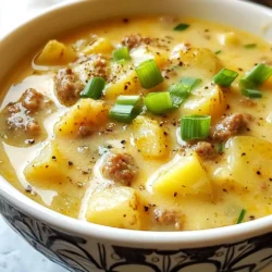 - Italian sausage details You need 1 pound of Italian sausage. Remove the casings before cooking. This sausage adds great flavor and a bit of spice. - Potato specifications Use 4 medium russet potatoes. Peel and dice them into small, even pieces. This helps them cook evenly and blend well in the chowder. - Additional ingredients breakdown - 1 large onion, diced - 3 cloves garlic, minced - 4 cups chicken broth - 2 cups heavy cream - 1 cup corn kernels (fresh or frozen) - 1 teaspoon dried thyme - 1 teaspoon smoked paprika - Salt and pepper to taste - 3 green onions, sliced for garnish - 2 tablespoons olive oil These ingredients create a creamy, hearty chowder. The onion and garlic build the base flavor. Chicken broth adds richness. Heavy cream makes it creamy and smooth. Corn adds a sweet crunch, while thyme and smoked paprika give it depth. {{ingredient_image_1}} Start by heating 2 tablespoons of olive oil in a large pot over medium-high heat. Add 1 pound of Italian sausage, removing the casings first. Cook the sausage for about 5-7 minutes. Use a spoon to break it apart as it cooks. The goal is to get it nice and browned. Once it's ready, remove the sausage from the pot and set it aside. Keep the drippings in the pot; they add great flavor. Next, it’s time for the onion and garlic. In the same pot, add 1 large diced onion. Sauté it for about 4-5 minutes until it turns translucent. This means it should look soft and slightly clear. Then, add 3 minced garlic cloves and cook for an extra minute. The smell will make your kitchen feel warm and inviting. Now, let’s add the star ingredients. Stir in 4 peeled and diced russet potatoes along with 4 cups of chicken broth. Don't forget to add 1 teaspoon of dried thyme and 1 teaspoon of smoked paprika for extra flavor. Bring everything to a boil. After it heats up, lower the heat and let it simmer. Cover the pot and cook for about 15-20 minutes until the potatoes are tender. Once the potatoes are cooked, return the sausage to the pot. Stir in 1 cup of corn kernels and 2 cups of heavy cream. Let the chowder simmer for another 5-10 minutes. This will help blend the flavors. If you want a thicker chowder, you can mash some of the potatoes with a potato masher. Just leave some whole for a nice texture. Finally, season with salt and pepper to taste. Serve hot and top with sliced green onions for a fresh finish. To make your chowder great, focus on cooking the potatoes well. Cut them into even pieces so they cook at the same rate. Boil them for about 15 to 20 minutes. Check them with a fork. They should be soft but not mushy. To achieve the right thickness, mix in heavy cream after the potatoes are tender. If you want it thicker, mash some potatoes with a potato masher. This gives the chowder a nice, creamy texture while keeping some potato chunks for fun! For more flavor, add spices and herbs. I like to use thyme and smoked paprika. They add warmth and depth to the chowder. You can also try adding a pinch of cayenne for heat or a splash of lemon juice for brightness. If you want to enhance the chowder further, consider adding some optional ingredients. Cooked bacon or diced bell peppers can add a nice touch. You can even toss in some fresh herbs, like parsley or dill, right before serving for a pop of freshness. Pro Tips Use Fresh Ingredients: Fresh potatoes and corn will enhance the flavor and texture of your chowder, making it more vibrant and delicious. Adjust Thickness: For a creamier chowder, blend a portion of the soup until smooth before returning it to the pot, giving it a rich texture. Enhance Flavor: Add a dash of hot sauce or a sprinkle of cayenne pepper for an extra kick that complements the creamy base. Make Ahead: This chowder tastes even better the next day! Make it ahead of time and store in the refrigerator to allow the flavors to meld. {{image_2}} To make this chowder gluten-free, swap regular chicken broth for gluten-free broth. Most sausage brands offer gluten-free options. Always check labels to ensure safety. For a dairy-free version, use coconut milk instead of heavy cream. This will give a nice flavor twist. You can also use almond milk or oat milk. Just make sure they are unsweetened. Feel free to mix up the sausage! You can use chorizo for a spicy kick. Turkey sausage is a leaner choice if you want less fat. Chicken sausage offers a milder taste. Adding more veggies can boost the nutrition! Consider using carrots, celery, or bell peppers. These add color and flavor to your chowder. You can also toss in green beans or peas for extra crunch. To keep your creamy potato and sausage chowder fresh, follow these tips: - Refrigeration guidelines: Store chowder in an airtight container in the fridge. It stays good for about 3-4 days. Make sure to let it cool before sealing. - Freezing recommendations: You can freeze chowder for up to 3 months. Use freezer-safe containers and leave some space at the top. The chowder will expand when frozen. To enjoy your chowder again, here are the best ways to reheat: - Best methods to reheat chowder: Heat it on the stove over low heat. Stir it often to warm evenly. You can also use the microwave; just cover it and heat in short bursts. - Tips to maintain texture and flavor: Add a splash of cream or broth while reheating. This helps keep the chowder creamy and prevents it from becoming too thick. Enjoy your warm bowl! To thicken your chowder, you have a few great options: - Mash some potatoes: Use a potato masher to mash a few chunks while leaving others whole. This adds body and texture. - Add a thickener: Mix a tablespoon of cornstarch with cold water. Stir this mix into the chowder and let it simmer until thickened. - Use cream: The heavy cream in the recipe gives richness. Adding more can also help create a thicker consistency. Experiment with these methods to find your favorite texture! Yes, you can make this chowder ahead of time! Here are some tips: - Cooking ahead: Prepare the chowder and let it cool completely. - Storage: Store it in an airtight container in the fridge for up to three days. - Freezing: You can also freeze it. Just ensure it's in a freezer-safe container. It lasts up to three months. When ready to serve, reheat it gently on the stove. Add a splash of cream if it seems too thick. Pairing sides can elevate your meal. Here are some great options: - Crusty bread: A loaf of fresh bread is perfect for dipping. - Salad: A light green salad can balance the chowder's richness. - Cornbread: Sweet cornbread offers a nice contrast to the savory chowder. Try these sides for a complete, satisfying meal! You learned how to make a tasty chowder using simple, fresh ingredients. Start with Italian sausage and potatoes, then add your favorite veggies for flavor. Cooking tips help ensure the right texture and taste. Don’t forget about storage and reheating methods to enjoy it later. Explore various swaps for dietary needs to make the dish your own. Experimenting with flavors and ingredients makes cooking fun and satisfying. Now, gather your supplies and start creating your delicious chowder!