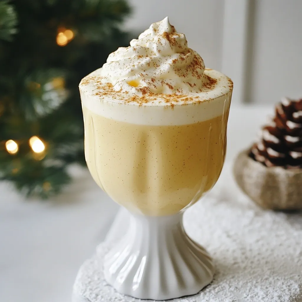 - 4 large eggs - 1/3 cup granulated sugar - 2 cups milk - 1 cup heavy cream - 1 teaspoon vanilla extract - 1 teaspoon ground nutmeg - A pinch of salt These ingredients create a rich and creamy base for your eggnog. The eggs add a smooth texture, while the sugar adds sweetness. Milk and heavy cream combine to give a full, rich flavor. Vanilla and nutmeg provide warmth and depth to the drink. - Whipped cream - Extra nutmeg You can top your eggnog with whipped cream for added fluffiness. A sprinkle of extra nutmeg offers a nice touch and more flavor. You might also try using flavored syrups or spices for a twist on the classic drink. Eggs are key to the richness of eggnog. They help create a smooth texture and add body. Sugar sweetens the drink and balances the flavors. Milk gives a lightness, while heavy cream makes it rich and satisfying. Vanilla extract adds warmth, and nutmeg gives a festive aroma. Each ingredient plays a role in making eggnog a holiday favorite. {{ingredient_image_1}} To make eggnog, first gather your ingredients. You will need: - 4 large eggs - 1/3 cup granulated sugar - 2 cups milk - 1 cup heavy cream - 1 teaspoon vanilla extract - 1 teaspoon ground nutmeg - A pinch of salt - Optional: Whipped cream and extra nutmeg for garnish 1. In a large bowl, whisk the eggs and sugar together. You want it to be pale and fluffy. 2. In a saucepan, mix the milk, heavy cream, and salt. Heat it over medium heat until warm, but do not let it boil. 3. Slowly pour the warm milk mixture into the egg-sugar blend. Whisk continuously to temper the eggs. This step is key to avoid scrambling them. 4. Return the mixture to the saucepan. Cook on low heat and stir gently. Let it thicken for about 5-7 minutes. Do not let it boil. 5. After thickening, take it off the heat. Stir in the vanilla extract and ground nutmeg. 6. Allow the eggnog to cool to room temperature. Then, chill it in the fridge for at least 2 hours. 7. Serve in festive glasses. Top with whipped cream and a sprinkle of nutmeg if you like. Whisking helps to mix air into the eggs. This makes your eggnog light and fluffy. When you temper the eggs, you slowly add warm milk. This method heats the eggs without cooking them. Always whisk while pouring the warm milk. This keeps the eggs smooth and creamy. If you add the warm milk too fast, the eggs can cook. To prevent curdling, keep the heat low. Stir the mixture often while it cooks. Curdling happens when the eggs cook too fast. Use a thermometer if you have one. Aim for a temperature around 160°F. This ensures it's safe and smooth. If you see curdled bits, you can strain the mixture. However, be gentle to keep the texture nice. Serve eggnog in festive glasses. This adds charm and cheer to your drink. I love using clear glass mugs to show off the creamy drink. Chill your glasses in the fridge for a bit. This keeps your eggnog cold longer. Garnish each glass with whipped cream and a sprinkle of nutmeg. This makes it look and taste even better. To get the right texture, whisk the eggs and sugar well. This makes them light and fluffy. When you add the milk mixture, do it slowly. This helps prevent curdling. Cook the eggnog on low heat and stir gently. You want it to thicken, not boil. Once it coats the back of a spoon, it's ready! Chill it properly for a smooth finish. Use clear or decorative glasses for eggnog. A fun option is to use vintage-style mugs. They give a nostalgic feel. You could also use small punch cups for a party. Choose glassware that matches your holiday theme. This adds a personal touch to your gathering. Pro Tips Use Fresh Nutmeg: Grating fresh nutmeg adds a more vibrant flavor compared to pre-ground nutmeg, enhancing the warmth of your eggnog. Chill the Eggnog: For the best taste and texture, be sure to chill your eggnog for at least 2 hours before serving. This allows the flavors to meld beautifully. Adjust Sweetness: Taste your eggnog before serving; feel free to adjust the sweetness by adding more sugar or even a splash of vanilla syrup according to your preference. Serve in Style: Use festive glasses or mugs to serve your eggnog, and consider garnishing with cinnamon sticks or star anise for an extra touch of holiday cheer. {{image_2}} You can make your eggnog more festive by adding a splash of alcohol. Rum and bourbon are popular choices. Rum adds sweetness and warmth. Bourbon gives a rich, smooth flavor. For a fun twist, try flavored liquors like spiced rum or whiskey. Always start with a small amount. You can add more if you like it stronger. If you want a dairy-free option, try coconut milk. It gives a nice, creamy texture. Almond milk is another good choice. It’s lighter and adds a nutty flavor. You can also use oat milk for a thick consistency. Just swap the milk and cream in the recipe. This way, everyone can enjoy eggnog! Enhancing your eggnog's flavor is easy. You might mix in chocolate syrup for a rich twist. This adds sweetness and a decadent taste. You can also try spices like cinnamon or ginger. They bring warmth and depth. For a unique touch, consider adding a dash of peppermint extract. This gives a fun holiday vibe. Experiment with these flavors to find your favorite! To store leftover eggnog, pour it into an airtight container. This keeps it fresh. Make sure to seal it well. If you have a lot, divide it into smaller containers. Store the eggnog in the fridge. It’s best to use it within three days for the best taste. Homemade eggnog lasts about three days in the fridge. The flavors stay strong for this time. After three days, the flavor may fade. If you see any signs of spoilage, like a weird smell or change in color, throw it away. Safety is key when enjoying eggnog. When you're ready to enjoy your eggnog again, take it out of the fridge. If it’s too thick, stir in a little milk to loosen it. Warm it gently on the stove over low heat. Do not let it boil, as this may change the taste. Serve it chilled or warm, and don’t forget the whipped cream and nutmeg on top! Eggnog has a long past. It likely began in England during the 14th century. People mixed eggs and milk with spices. It became a drink for the rich. In America, it gained popularity in the 18th century. Colonists added rum or whiskey. This made it festive and fun for holiday gatherings. Now, eggnog is a classic drink during Christmas and New Year’s. Yes, you can prepare eggnog in advance. Make it up to two days before your event. After cooling, store it in the fridge. This lets the flavors blend nicely. Just remember to stir it well before serving. If you add whipped cream or nutmeg, do it right before serving for the best look. Homemade eggnog can be safe if made properly. The key is to cook the egg mixture gently. This helps kill any harmful bacteria. Use fresh eggs and follow the recipe steps. If you are unsure, you can use pasteurized eggs. This will give you peace of mind while enjoying your creamy treat. Eggnog is a classic holiday drink with rich flavors. We explored key ingredients, like eggs and milk, and their roles. I shared easy steps for making this drink, plus tips to get it just right. Consider trying different variations, like adding rum or using coconut milk. Proper storage is crucial for freshness, and it’s smart to know its shelf life. With these insights, you can serve delightful eggnog that impresses everyone. Enjoy your holiday gatherings with a drink that warms the heart.