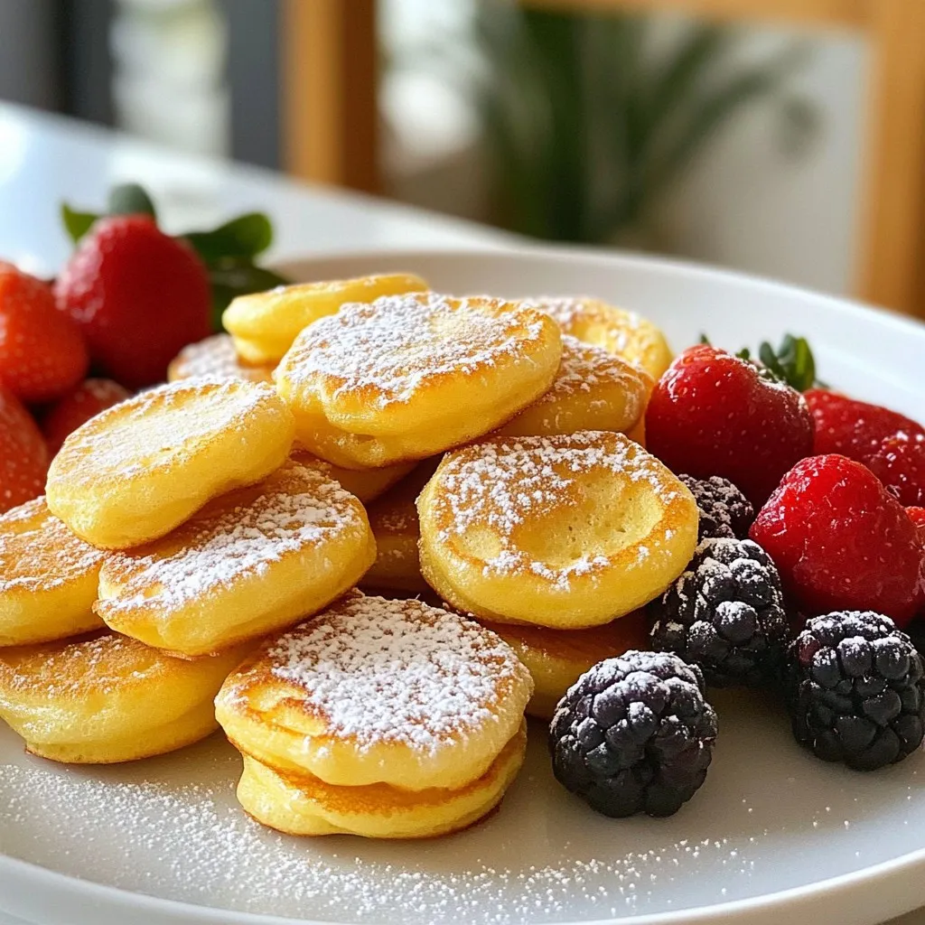 To make delicious cast-iron poffertjes, gather these simple ingredients: - 1 cup all-purpose flour - 1/2 cup milk - 1/4 cup water - 1/4 cup sugar - 1 teaspoon active dry yeast - 1 large egg - 1/4 cup unsalted butter, melted - 1/2 teaspoon vanilla extract - Pinch of salt - Powdered sugar for dusting - Fresh berries (optional, for serving) These ingredients blend to create a light and fluffy pancake. The yeast gives them a unique texture. The sugar adds just the right amount of sweetness. You can also serve them with fresh berries for an extra treat. Enjoy these delights any time of the day! {{ingredient_image_1}} - First, combine warm water and yeast in a small bowl. - Next, allow the mixture to foam for 5-10 minutes. This shows that the yeast is active. - In a large bowl, whisk together the flour, sugar, and salt. - Make a well in the center and add the frothy yeast mixture, milk, melted butter, egg, and vanilla extract. - Mix well until the batter is smooth. It is okay if some lumps remain. - Preheat your cast-iron skillet over medium heat. - Lightly grease the skillet with butter or cooking spray to prevent sticking. - Once hot, drop about a tablespoon of batter for each mini pancake. - Cook until bubbles appear on the surface, about 1-2 minutes. - Flip the poffertjes using a spatula and cook until golden brown, another 1-2 minutes. - Transfer the cooked poffertjes to a plate and keep warm. Repeat this for the remaining batter. - Finally, dust the poffertjes with powdered sugar and serve warm. Add fresh berries if you like. To get the best poffertjes, avoid overmixing your batter. Mix just until smooth. A few lumps are okay. This helps keep them fluffy. Look for these signs to know your batter is ready: it should be thick yet pourable. If you see bubbles, youβre on the right track! Preheating your cast-iron skillet is key. Heat it on medium for even cooking. You want it hot but not smoking. Use a little butter or cooking spray to oil the pan. This creates a non-stick surface. Wipe off any excess oil with a paper towel for the best results. For flipping, use a thin spatula to slide under the poffertjes. This helps prevent breaking. Timing is important, too. Wait until you see bubbles on top before flipping. Cook until golden brown on both sides for that perfect finish. Pro Tips Activate Your Yeast Properly: Ensure the water is warm, not hot, to allow the yeast to bloom effectively, which helps your poffertjes rise beautifully. Donβt Overmix the Batter: Mixing until just combined keeps the batter light and fluffy. A few lumps are okay! Use a Properly Preheated Skillet: A well-preheated cast-iron skillet ensures even cooking and a perfect golden-brown crust on your poffertjes. Experiment with Toppings: Customize your poffertjes with a variety of toppings such as whipped cream, chocolate sauce, or seasonal fruits for added flavor. {{image_2}} You can change the flavor of poffertjes easily. Adding spices makes them unique. Try a teaspoon of cinnamon or nutmeg for warmth. These spices bring an amazing taste to each bite. If you love chocolate, mix in cocoa powder. This will give you a rich, cocoa-flavored treat. You can even combine both ideas! Use a little cinnamon with cocoa for a spicy chocolate twist. Toppings can change poffertjes from good to great. The classic choice is powdered sugar. It adds a sweet touch. In different regions, people use syrups or fruit. In the Netherlands, you might find poffertjes served with butter and syrup. For a fresh option, try seasonal fruit. Fresh berries, like strawberries or blueberries, are perfect. You can also drizzle maple syrup for extra sweetness. Each topping can change the whole experience, so have fun with it! To keep your leftover poffertjes fresh, store them properly. First, let them cool completely. Once cooled, place them in an airtight container. They can last in the fridge for about 3-4 days. If you want to keep them longer, freeze them. To freeze, layer parchment paper between poffertjes in a freezer-safe bag or container. This way, they won't stick together. They can last up to 2 months in the freezer. When it's time to enjoy your leftovers, you have two great options: the oven or a skillet. If you choose the oven, preheat it to 350Β°F (175Β°C). Place poffertjes on a baking sheet and heat for about 5-7 minutes. This method helps keep them soft and warm. Using a skillet is another option. Heat a bit of butter in a skillet over medium heat. Add poffertjes and cook for about 1-2 minutes on each side. This method gives them a nice crisp outside while keeping the inside soft. No matter how you reheat them, enjoy your delicious poffertjes! Poffertjes come from the Netherlands. They are small, fluffy pancakes with a rich history. These treats date back to the 16th century. They are often served at fairs and festivals. Poffertjes are a symbol of Dutch culture and tradition. People enjoy them warm, dusted with powdered sugar. You can also add fresh berries for extra flavor. Yes, you can make poffertjes without a cast-iron skillet. You can use a non-stick frying pan or a poffertjes pan. A poffertjes pan has small, round molds perfect for these pancakes. Just make sure to grease the pan well. This keeps them from sticking. You can also use an electric poffertjes maker if you have one. This tool cooks them quickly and evenly. You can tell when poffertjes are cooked by looking for bubbles. As they cook, small bubbles will form on the surface. This shows they are ready to flip. Cook them for about 1-2 minutes on each side. They should be golden brown when done. If they look too pale, give them more time. Enjoy your delicious poffertjes warm! You learned how to make poffertjes from scratch using simple ingredients. This tasty treat starts with a yeast mixture and ends with a golden finish. I shared tips for perfect batter and cooking techniques, like flipping. You can also customize poffertjes with flavors and toppings. Remember to store leftovers well for later enjoyment. Now you can impress friends and family with your poffertjes skills! Enjoy making these yummy bites and have fun in the kitchen!