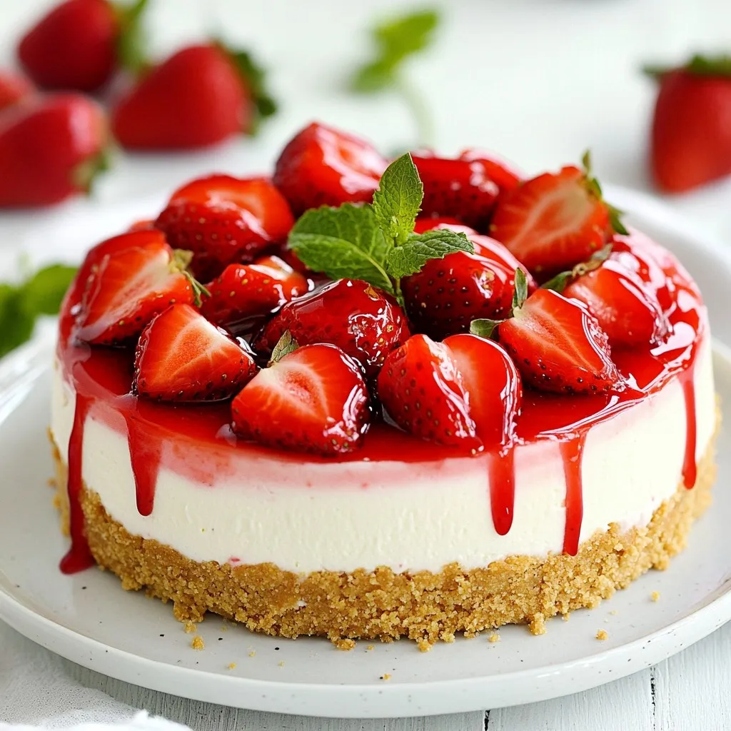 When making a no-bake strawberry cheesecake, you need fresh and simple ingredients. Here’s what you will need: - 1 and 1/2 cups graham cracker crumbs - 1/3 cup unsalted butter, melted - 2 cups cream cheese, softened - 1 cup powdered sugar - 1 teaspoon vanilla extract - 1 cup heavy whipping cream - 2 cups fresh strawberries, hulled and sliced - 1/4 cup strawberry jam (optional, for glaze) - Fresh mint leaves (for garnish) Each ingredient plays a key role in the taste and texture of this dessert. For example, graham cracker crumbs give the crust a sweet and crunchy base. Unsalted butter helps bind the crumbs together. Cream cheese adds a rich and creamy filling, while powdered sugar sweetens it perfectly. Don’t forget the vanilla extract! It adds a warm, sweet flavor. Heavy whipping cream makes the cheesecake light and fluffy. Fresh strawberries are a must for that fruity taste. You can use strawberry jam on top for extra sweetness. Finally, fresh mint leaves give a nice touch for decoration. Choosing high-quality ingredients is important. Fresh strawberries will make your cheesecake taste even better. Enjoy making this easy and delightful dessert! {{ingredient_image_1}} To start, you need to make the crust. First, take 1 and 1/2 cups of graham cracker crumbs and 1/3 cup of melted unsalted butter. In a mixing bowl, combine these two ingredients. Stir until the crumbs look like wet sand. This will help bind the crust. Next, grab a 9-inch springform pan. Press the crumb mix firmly into the bottom. I like to use the bottom of a glass to pack it tightly. This step is important for a sturdy crust. Once it is even, place the crust in the refrigerator. Let it chill while you make the filling. Now it's time for the creamy part. In a large bowl, add 2 cups of softened cream cheese. Beat it with an electric mixer until it gets smooth. This should take about 2-3 minutes. Then, add 1 cup of powdered sugar and 1 teaspoon of vanilla extract. Mix until everything blends well and there are no lumps. In a separate bowl, take 1 cup of heavy whipping cream and whip it until stiff peaks form. Be patient; this step is key to a light cheesecake. Once done, carefully fold the whipped cream into the cream cheese mix. You want to keep it fluffy, so be gentle. Next, let’s add some flavor. Gently fold in 2 cups of sliced fresh strawberries into your cheesecake filling. Remember to save a few slices for the top later. Now, pour the filling over your chilled crust. Use a spatula to smooth the top. If you want to add a sweet touch, take 1/4 cup of strawberry jam. Warm it slightly in the microwave until it is spreadable. Drizzle it over the top of the cheesecake. You can use a knife to create pretty swirls. Finally, cover your cheesecake with plastic wrap. Place it in the refrigerator for at least 4 hours or overnight. This will help it set nicely. When ready, remove the sides of the springform pan. Decorate the top with your reserved strawberries and some fresh mint leaves for a pop of color. To make your cheesecake creamy, you need softened cream cheese. Cold cream cheese clumps up and makes mixing hard. Let it sit out for about 30 minutes before using. This makes it smooth and easy to blend. When you fold in the whipped cream, do it gently. Use a spatula and scoop from the bottom, then fold over the top. This keeps the air in the whipped cream. If you mix too hard, your cheesecake will be dense. When it's time to serve, use a sharp knife. Dip it in hot water first, then dry it. This helps you cut clean slices. You can also wipe the knife between cuts for nice edges. For toppings, fresh strawberries are great. You can also add a drizzle of chocolate or a sprinkle of nuts. If you want something sweeter, try whipped cream or fruit sauce. These add extra flavor and make your cheesecake look fancy! Pro Tips Use Room Temperature Cream Cheese: Make sure your cream cheese is softened at room temperature for a smoother filling without lumps. Chill the Mixing Bowl: Before whipping the heavy cream, chill the mixing bowl and beaters. This helps the cream whip up faster and reach stiff peaks more easily. Fresh Strawberries: For the best flavor and texture, use fresh strawberries. Frozen ones may release too much liquid and affect the cheesecake consistency. Overnight Refrigeration: If possible, let the cheesecake set overnight. This allows the flavors to meld and the texture to firm up perfectly. {{image_2}} You can easily change the flavor of your cheesecake. Try adding lemon zest for a fresh taste. This brightens the flavor and makes it lively. You can mix other fruits, like blueberries or raspberries, for a twist. Just cut the fruit into small pieces and fold them in. If strawberries are not in season, swap them with seasonal fruits. Peaches, cherries, or mangoes can work well. Each fruit brings a different taste. This keeps your cheesecake exciting and new every time. If you need a gluten-free crust, use almond flour or gluten-free cookies. Crush these options just like graham crackers. Mix them with melted butter and press into the pan. This makes a tasty base that everyone can enjoy. You can also try using other cookie varieties. Chocolate cookies or even vanilla wafers can create unique flavors. Each type of cookie adds its own special touch to the cheesecake. Feel free to experiment and find your favorite mix! To keep your no-bake strawberry cheesecake fresh, use a springform pan. Wrap it tightly in plastic wrap or aluminum foil. You can also place it in an airtight container. Store it in the fridge. It stays good for about 3 to 5 days. To freeze the cheesecake, first let it set in the fridge. Once set, cover it tightly with plastic wrap. Then, place it in a freezer-safe container. This way, it can last up to 2 months. When you want to eat it, take it out of the freezer. Let it thaw in the fridge for at least 4 hours. This gives it the right texture. Serve it chilled, and enjoy the delicious taste! Yes, you can use frozen strawberries. Just thaw them first. Drain any extra liquid to keep your cheesecake from getting too watery. Frozen strawberries can work well, but fresh ones give a better taste and texture. The cheesecake needs at least 4 hours to set. For best results, let it chill overnight. This allows the flavors to meld and the texture to become firm. A well-set cheesecake is easier to slice and serve. If you don’t have heavy whipping cream, you can use full-fat coconut milk. It works great for a dairy-free option. Another choice is to use regular cream, but it won’t be as fluffy. We explored how to make a delicious strawberry cheesecake from scratch. You learned about key ingredients like cream cheese and fresh strawberries. I provided steps for the crust, filling, and assembly. Valuable tips help you achieve the best texture. Plus, I shared fun variations and storage tips for long-lasting enjoyment. Now, you can create a treat that impresses everyone. Enjoy every bite and share your cheesecake joy!